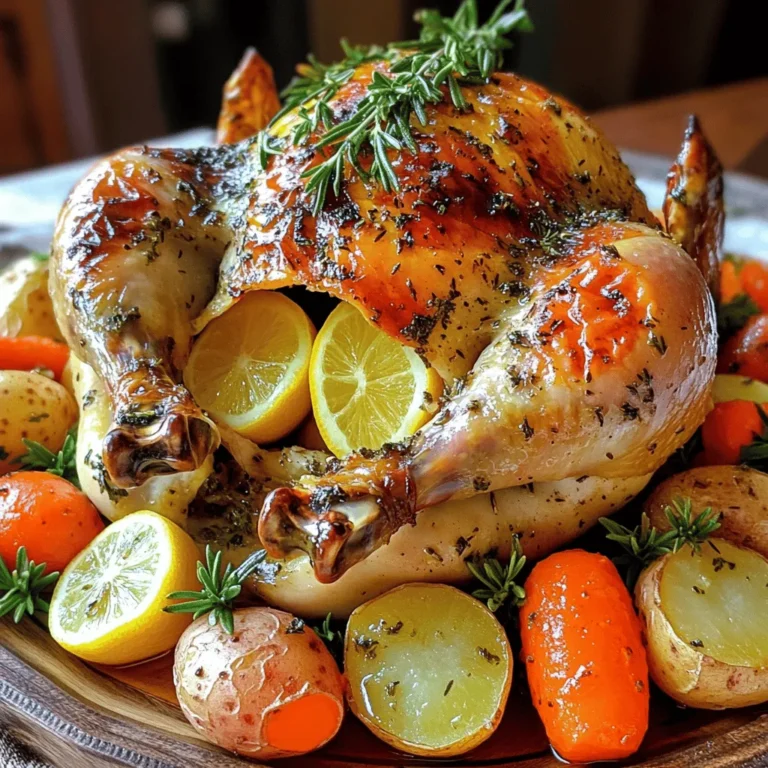 To make a savory herb roasted chicken, you need some simple ingredients. Here’s what you’ll need: - 1 whole chicken (about 4-5 lbs) - 4 tablespoons olive oil - 2 tablespoons fresh rosemary, chopped - 2 tablespoons fresh thyme, chopped - 1 tablespoon fresh parsley, chopped - 4 cloves garlic, minced - 1 lemon, halved - Salt and pepper to taste - 1 onion, quartered - 2 cups baby carrots - 1 cup baby potatoes, halved Each ingredient plays a role in creating a juicy and flavorful meal. The chicken is the star, while the herbs add depth. Olive oil keeps everything moist. Garlic brings a lovely aroma. The lemon adds brightness, and the veggies give color and taste. You can find the full recipe online for more details. 1. Preheat your oven to 425°F (220°C). This helps cook the chicken evenly. 2. In a small bowl, mix together the olive oil, chopped rosemary, thyme, parsley, minced garlic, salt, and pepper to form a herb paste. This paste adds great flavor. 3. Pat the chicken dry with paper towels. This step is key for crispy skin. 4. Carefully loosen the skin of the chicken on the breasts and thighs. Be gentle to avoid tearing it. 5. Rub half of the herb paste under the loosened skin. This helps infuse flavor directly into the meat. 6. Spread the remaining paste all over the outside of the chicken. Make sure to cover it well. 7. Squeeze the juice of one lemon half over the chicken. Place both lemon halves inside the cavity along with a quartered onion. This adds moisture and aroma. 1. Place the chicken in a large roasting pan. Surround it with baby carrots and halved baby potatoes. This combination creates a complete meal. 2. Drizzle any remaining olive oil over the vegetables. Season them with salt and pepper for extra flavor. 3. Roast the chicken in the preheated oven for about 1 hour and 15 minutes. You want the internal temperature to reach 165°F (75°C). The juices should run clear. 4. Baste the chicken with its juices halfway through cooking. This keeps the chicken moist and flavorful. 1. Once roasted, remove the chicken from the oven. Let it rest for about 10-15 minutes before carving. Resting allows the juices to settle. 2. To carve, start with the legs, then the breast. Use a sharp knife for clean cuts. 3. For great presentation, arrange the chicken on a large platter. Include the roasted vegetables. Garnish with extra fresh herbs and lemon slices. This adds color and freshness to your dish. Enjoy your savory herb roasted chicken, a juicy and flavorful meal! Check the [Full Recipe] for more details. To get juicy and tasty chicken, drying it is key. Moisture on the skin will steam the chicken. Use paper towels to pat the chicken dry. This helps the skin get crispy in the oven. Next, let's talk seasoning. The best way to season your chicken is to use a herb paste. Mix fresh herbs with olive oil, garlic, salt, and pepper. Rub this mixture all over the chicken. Be sure to get under the skin too. This allows the flavors to soak in while cooking. When serving, carve the chicken neatly. Place it on a large platter with the roasted vegetables around it. This makes the dish look inviting. For added color, garnish with fresh herbs like parsley or thyme. You can also add lemon slices. They look great and add a fresh taste. These simple steps make your meal pop and impress your guests. For more ideas, check out the Full Recipe. {{image_2}} You can change the herbs for different tastes. Try using basil or oregano. These herbs add a fresh twist. You can also mix in spices, like paprika or cumin. They give the chicken a warm, rich flavor. Each herb or spice adds its unique touch. Just remember, balance is key! Too many flavors can clash. Stick to two or three herbs for the best taste. You can cook this savory herb roasted chicken in many ways. A slow cooker is a great option. Just season the chicken as usual. Place it in the slow cooker with some broth. Cook on low for 6-8 hours. The chicken will be super juicy! An air fryer is another fun method. Preheat your air fryer to 360°F (180°C). Cook the chicken for about 50-60 minutes. Make sure to check the internal temperature. It should reach 165°F (75°C). Grilling is also a tasty choice. You can use indirect heat to cook the chicken evenly. This method gives a smoky flavor that is hard to beat. Just make sure to keep the skin side up to get that perfect crisp! For a full guide on the recipe, check out the Full Recipe section. After you enjoy savory herb roasted chicken, let it cool down. Once it's cool, store leftovers in an airtight container. This keeps them fresh and safe. You can keep the chicken in the fridge for about 3 to 4 days. If you want to eat it later, freezing is a great option. To freeze your chicken, wrap it tightly in plastic wrap or foil. Then place it in a freezer bag. Make sure to remove as much air as you can. This helps keep the chicken tasty. You can freeze it for up to three months. When you are ready to eat, thaw it in the fridge overnight. Reheat it in the oven at 350°F (175°C) until it’s hot all the way through. This method helps keep the flavor and texture nice and juicy. For the best results, serve it with your favorite sides. Enjoy your meal! How long to roast a whole chicken per pound? Roasting a whole chicken takes about 15-20 minutes per pound. A 4-5 pound chicken needs around 1 hour and 15 minutes. Always check the internal temperature to ensure it's safe to eat. Can I use dried herbs instead of fresh? Yes, dried herbs can work well in this recipe. Use one-third the amount of dried herbs compared to fresh. Dried herbs are more concentrated in flavor, so a little goes a long way. What is the best temperature to ensure the chicken is cooked through? The best temperature to cook chicken is 165°F (75°C). Use a meat thermometer to check the thickest part of the bird, avoiding the bone. Why is resting important after cooking? Resting allows the juices to settle in the chicken. If you cut too soon, the juices will run out, leaving the meat dry. A 10-15 minute rest is ideal. Tips for ensuring juicy chicken every time - Always pat the chicken dry before seasoning. - Use a flavorful herb paste under the skin. - Baste the chicken with its juices halfway through cooking. What to serve with roasted chicken for a complete meal? Pair your roasted chicken with sides like mashed potatoes, green beans, or a fresh salad. Roasted vegetables from the pan also make a great addition. Try the [Full Recipe] for more ideas! This blog post has shown you how to make savory herb roasted chicken. We covered the ingredients, preparation steps, and roasting details. You learned tips for flavor, storage, and even variations. Always remember, taking time to rest the chicken ensures it stays juicy. Try using different herbs or cooking methods to keep it exciting. Enjoy your cooking journey, and share this easy recipe with friends and family. You’ll impress them with your skills in no time!