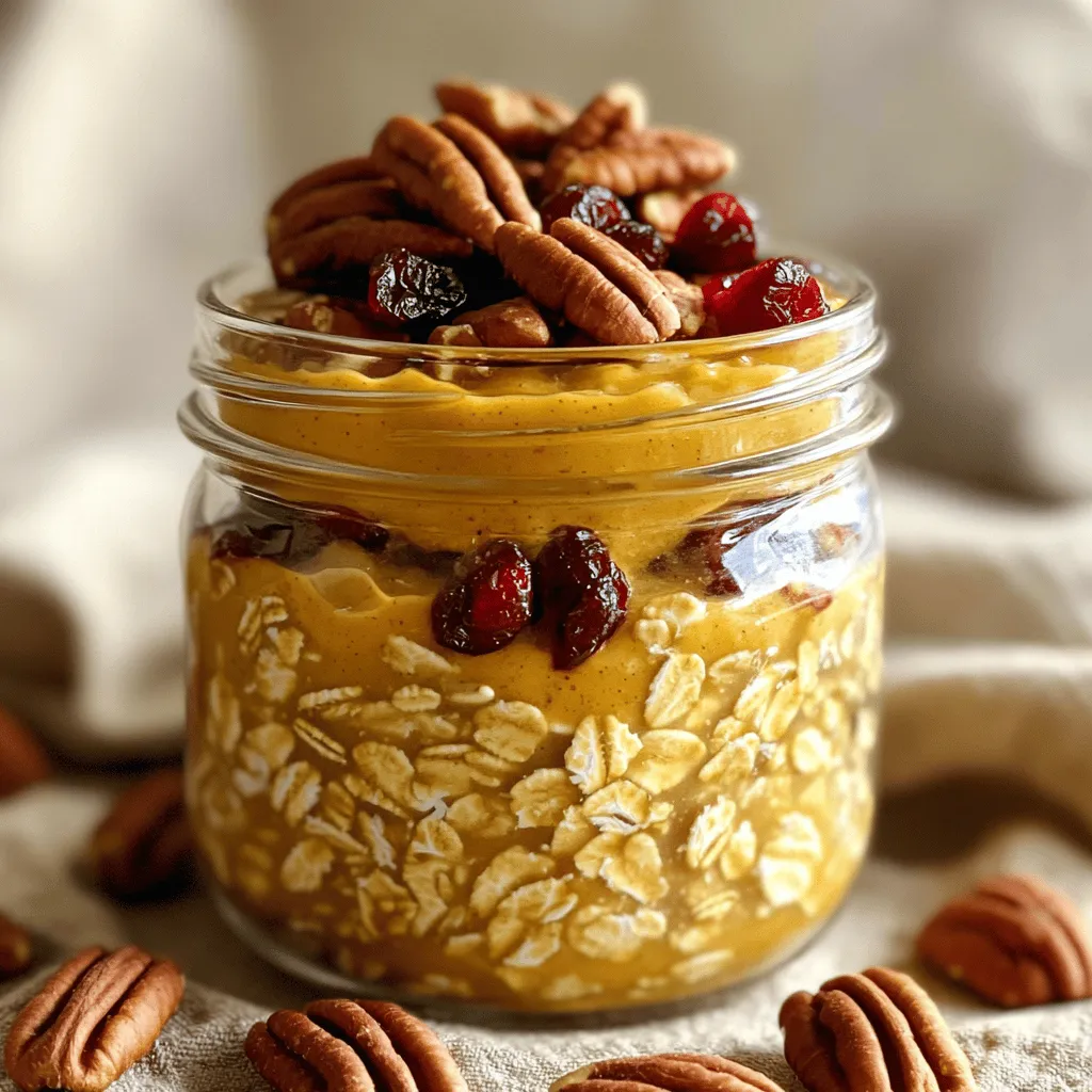 To make tasty Pumpkin Spice Overnight Oats, you need simple ingredients. Each one adds flavor and nutrition. Here’s what you will need: - 1 cup rolled oats - 1 cup almond milk (or any milk of choice) - 1/2 cup canned pumpkin puree - 2 tablespoons maple syrup (or honey) - 1 teaspoon pumpkin spice (or a mix of cinnamon, nutmeg, and ginger) - 1 tablespoon chia seeds - 1 teaspoon vanilla extract - A pinch of salt - Optional toppings: chopped pecans, dried cranberries, or a dollop of yogurt Each ingredient plays a key role. The rolled oats form the base. They soak up the milk and soften overnight. Almond milk makes it creamy, but you can use any milk you like. Canned pumpkin puree gives a rich flavor and adds nutrients. Maple syrup or honey sweetens the mix. Pumpkin spice gives that warm, cozy taste we love in fall. Chia seeds boost the nutrition. They help thicken the oats and add fiber. Vanilla extract enhances the flavor, while a pinch of salt brings out all the tastes. You can top your oats with chopped pecans for crunch, dried cranberries for sweetness, or yogurt for creaminess. For the full recipe, check out the detailed instructions. Get ready for a delicious breakfast! - In a large mixing bowl, combine the rolled oats, almond milk, pumpkin puree, maple syrup, pumpkin spice, chia seeds, vanilla extract, and salt. - Mix until well combined. You want a smooth blend, so no clumps of pumpkin remain. - Divide the mixture into individual jars or containers. This helps with easy grab-and-go breakfast. - Seal the jars and refrigerate overnight. This lets the oats soak up the flavors. - I recommend letting them sit for at least 4 hours to get the best texture. - When you're ready to eat, stir the oats well. - If they seem too thick, add a splash of almond milk to loosen them up. - Top with your choice of chopped pecans, dried cranberries, or yogurt for extra flavor. You can change up the flavors in your pumpkin spice overnight oats. If you don't have pumpkin spice, use cinnamon, nutmeg, and ginger. Mix these spices in equal parts for a nice balance. For sweetness, taste the oats after mixing. Add more maple syrup or honey if you like it sweeter. A touch of brown sugar can also work wonders. To get the best texture, use rolled oats. They soak up the liquid well. If you want creamier oats, use full-fat milk or add yogurt. For a lighter option, almond milk or coconut milk works great too. You can also mix in a bit of Greek yogurt for extra creaminess. If the oats feel too thick the next day, just add a splash of milk and stir. Make a big batch to save time. Double or triple the recipe and store in jars. Each jar is a perfect single serving. Keep them in the fridge for up to five days. To keep them fresh longer, use airtight containers. You can also freeze some jars. Just thaw them overnight in the fridge before you eat. {{image_2}} You can use many types of milk in your oats. Almond milk is light and nutty. Oat milk adds a creamy touch. Dairy milk offers a rich taste. Each choice changes the texture. Almond milk gives a lighter feel. Oat milk feels creamier. Dairy milk is thick and smooth. Choose what you love. Want to mix things up? You can add chocolate chips for a sweet twist. They melt into a delightful treat. You can also use different spices. Try ginger for a spicy kick. Allspice adds warmth and depth. Experiment with your favorites. Each flavor makes your oats unique. Make your oats fit the season! In fall, top with pecans or dried cranberries. They add crunch and sweetness. For summer, try cooling flavors like fresh berries. You can also add a splash of coconut milk. This keeps your oats light and refreshing. Enjoy your oats all year round! For storing your pumpkin spice overnight oats, I recommend using glass jars or BPA-free plastic containers. These keep your oats fresh and make it easy to grab them in the morning. Ensure the lids fit tightly to avoid air exposure. This helps prevent spoilage. Always store your oats in the refrigerator. This keeps them cool and safe from bacteria growth. In the refrigerator, your oats will last about three to five days. This gives you plenty of time to enjoy them throughout the week. If you want to store them longer, you can freeze them. Just pour the oats into freezer-safe containers. They can last up to three months in the freezer. When you're ready to eat them, let them thaw in the fridge overnight. Reheating overnight oats is simple. You can use a microwave or a stovetop. If using a microwave, heat for about 30 seconds, then stir and check the temperature. If they are cold, heat again for 10 to 15 seconds. On the stovetop, add a splash of milk and warm them gently over low heat. This helps keep the texture creamy. Always stir well before serving to ensure an even temperature. To make Pumpkin Spice Overnight Oats vegan, swap out certain ingredients. Use almond milk, coconut milk, or oat milk instead of dairy milk. For sweetener, choose maple syrup instead of honey. Both options work well and keep the oats tasty. These changes keep the dish creamy and delicious while fitting a vegan diet. Yes, you can use quick oats! They cook faster, but the texture is different. Quick oats become softer and creamier than rolled oats. If you use them, reduce the soaking time. I suggest soaking them for about four hours instead of overnight. This will give them just enough time to soften. Pumpkin Spice Overnight Oats offer many health benefits. They are rich in fiber, which helps with digestion. The oats provide energy and keep you full for longer. Canned pumpkin adds vitamins A and C, which are great for your immune system. Chia seeds boost omega-3 fatty acids, supporting heart health. Enjoying this meal is both tasty and nutritious! In this blog post, we explored how to make Pumpkin Spice Overnight Oats. We covered ingredients, preparation steps, custom flavor ideas, and storage tips. These oats are easy to prepare and perfect for a tasty breakfast. You can adjust the recipe to fit your taste and needs. With the right tips, you create a creamy, delicious dish. I hope you enjoy making these oats as much as I do. Try different flavors and toppings to keep it fun and fresh!