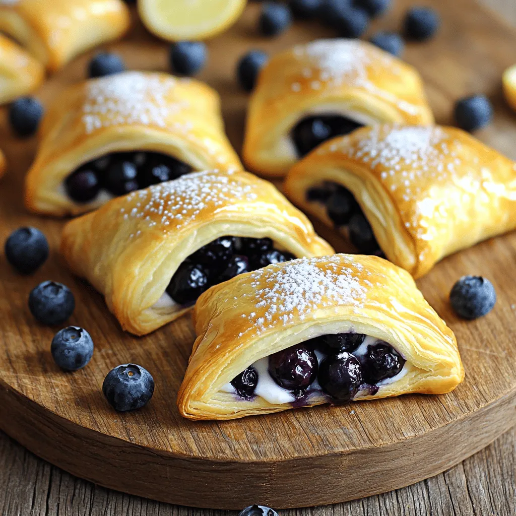 - Puff pastry: This light and flaky dough forms the base of our danishes. It puffs up nicely when baked, creating a delightful texture. You can find it in the freezer section of most grocery stores. Just thaw it before use. - Wild blueberries: These tiny gems pack a punch of flavor. They are sweet and slightly tart, making them perfect for our recipe. You can use fresh or frozen wild blueberries. If using frozen, there’s no need to thaw them first. - Cream cheese and its role: Cream cheese adds a rich and creamy texture. It balances the sweetness of the blueberries and gives a nice base for our filling. Make sure it’s softened for easy mixing. - Sugar, vanilla extract, and optional cinnamon: Sugar sweetens the filling and adds a nice crunch when baked. Vanilla extract enhances the flavor, while cinnamon gives an extra warmth. It's optional, but I love how it complements the blueberries. These simple ingredients come together to make a treat you’ll want to share with everyone. For the complete recipe, check out the Full Recipe section. 1. Preheat your oven and prepare the baking sheet. Set your oven to 400°F (200°C). Line a baking sheet with parchment paper. This step keeps the danishes from sticking. 2. Roll out puff pastry and cut into squares. On a lightly floured surface, roll out the thawed puff pastry. Smooth out any creases. Cut the pastry into four equal squares. 3. Create the filling mixture. In a small bowl, mix the softened cream cheese, sugar, vanilla extract, and cinnamon (if using). Stir until it is smooth and creamy. This mixture will be the heart of your danish. 1. Add cream cheese and blueberries. Place a generous spoonful of the cream cheese mixture in the center of each puff pastry square. Top it with a handful of wild blueberries. Make sure to spread them evenly. 2. Form the pastry pockets. Carefully lift each corner of the pastry squares towards the center. Pinch the edges to create a pocket around the filling. This step keeps the filling inside while baking. 1. Apply the egg wash. In a separate bowl, whisk together the egg and milk to create your egg wash. Brush this mix over the tops of the danishes. This gives them a nice golden finish. 2. Bake time and desired doneness. Place the danishes in the preheated oven. Bake for 15-20 minutes, or until puffed and golden brown. Keep an eye on them to avoid over-baking. Once baked, let them cool slightly. Drizzle with lemon glaze for extra flavor. Enjoy your Wild Blueberry Coffee Cake Danishes! For the full recipe, check out the detailed instructions above. To make your Wild Blueberry Coffee Cake Danishes even better, try adding lemon zest. The zest gives a bright, fresh taste. Almond extract also works well. Just a drop can add a nice nutty flavor. You can even try spices like nutmeg or cardamom for a richer taste. These small tweaks can change everything. Getting that puff pastry to rise evenly is key. Make sure your oven is hot enough before baking. This helps the pastry puff up perfectly. To avoid soggy bottoms, bake on parchment paper. This keeps moisture away. You can also place the danishes on the top rack for better heat circulation. Serve these danishes warm for the best experience. They pair well with coffee or tea. A nice cup of dark roast coffee complements the sweetness. You could also enjoy them with a light herbal tea. Garnish with extra powdered sugar for a lovely look. Adding a few wild blueberries on the side makes for a pretty plate. For the full recipe, check out the instructions above. {{image_2}} You can easily switch out wild blueberries for fruits like raspberries or peaches. Raspberries add a tart twist, while peaches bring a sweet touch. Just make sure to adjust the sugar based on the fruit's natural sweetness. This way, you can enjoy a new flavor each time you make these danishes. If you need gluten-free options, look for gluten-free puff pastry. Many brands offer great choices. For a dairy-free version, try using a dairy-free cream cheese. These substitutions keep the taste rich while meeting dietary needs. Enjoying this treat should be fun and easy for everyone! Think beyond lemon glaze! You can explore flavors like vanilla or maple. Vanilla adds a warm, sweet note. Maple gives a rich, earthy flavor. Just mix powdered sugar with your chosen flavoring and a little milk to achieve the right consistency. These glazes will elevate your danishes even more! For the full recipe, check out the detailed instructions above and start baking! To store your leftover danishes, place them in an airtight container. You want to keep moisture out. The fridge is the best spot for short-term storage. They stay fresh for up to three days. Just make sure they cool completely before sealing. For longer enjoyment, freeze the danishes. Start by placing them on a baking sheet. Make sure they are not touching each other. Freeze them for about an hour. Once solid, transfer them to a freezer-safe bag. They will keep for up to three months. To reheat your danishes, use an oven to retain their crispiness. Preheat the oven to 350°F (175°C). Place the danishes on a baking sheet and heat for about 10 minutes. This helps keep the pastry flaky and warm. You can also use a toaster oven for smaller batches. Enjoy your treat just like fresh! You can make Wild Blueberry Coffee Cake Danishes from scratch easily. Start by gathering your ingredients: puff pastry, wild blueberries, cream cheese, sugar, and vanilla. Roll out the thawed puff pastry and cut it into squares. Mix the cream cheese, sugar, and vanilla until smooth. Place a spoonful of this mix in the center of each square. Top with blueberries, fold the pastry, and bake until golden. For the full recipe, check the earlier section. Yes, you can use frozen blueberries. They work great in this recipe. Just make sure to thaw and drain them before adding to avoid extra moisture. Frozen blueberries may burst during baking, creating a lovely burst of flavor. If you need a substitute for cream cheese, try using mascarpone cheese or Greek yogurt. Both give a creamy texture and flavor. You can also use a dairy-free cream cheese if you prefer a vegan option. You can find pre-made danishes at local bakeries or grocery stores. Many larger stores have a bakery section with fresh options. Check the freezer aisle too, as some brands offer frozen danishes that you can bake at home. These danishes stay fresh for about two days at room temperature. For longer storage, keep them in the fridge for up to a week. You can also freeze them for up to three months. Just reheat in the oven to restore their crispiness. Making Wild Blueberry Coffee Cake Danishes is simple and fun. You learned about the key ingredients, like puff pastry and blueberries. Following easy steps, you can create delicious pastries to impress anyone. Don’t forget my tips to enhance flavor and perfect your technique. Feel free to try other fruits or glazes for variety. Store extras well, so you enjoy them later. Now, you can savor fresh-baked treats at home anytime!