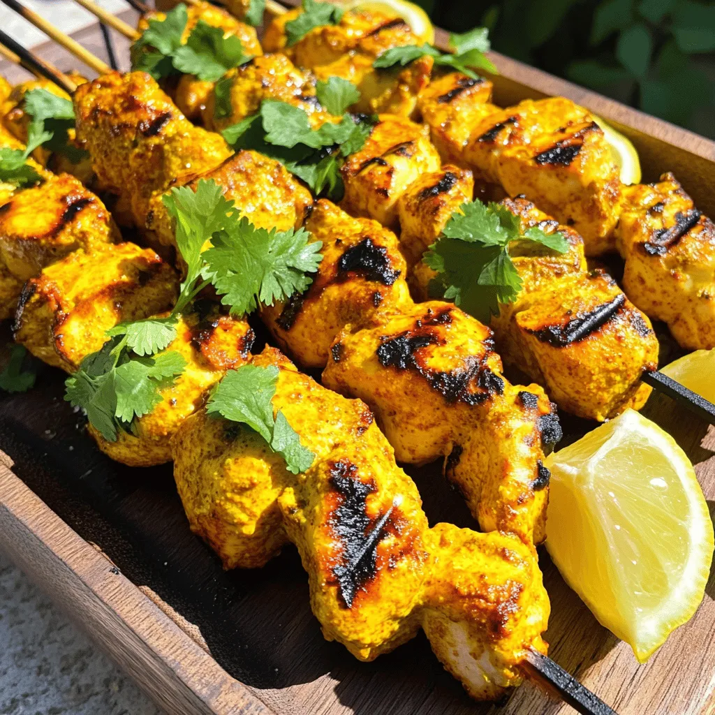 To make Tandoori Chicken Skewers, gather these simple ingredients: - 1 lb boneless chicken thighs, cut into chunks - 1 cup plain yogurt - 2 tablespoons tandoori masala - 2 tablespoons lemon juice - 1 tablespoon ginger-garlic paste - 1 tablespoon vegetable oil - 1 teaspoon ground cumin - 1 teaspoon paprika - ½ teaspoon turmeric powder - Salt to taste - Wooden or metal skewers (if using wooden, soak in water for 30 minutes) - Fresh cilantro, for garnish - Lemon wedges, for serving You can swap some items if needed. Here are some good options: - Chicken thighs can be replaced with chicken breast for a leaner choice. - Plain yogurt can be substituted with Greek yogurt for extra creaminess. - Tandoori masala can be replaced with curry powder if you don't have it. - Lemon juice can be swapped with lime juice for a different twist. - For a vegan option, use tofu or paneer instead of chicken. To make your meal even better, try these sides: - Serve with naan bread or basmati rice. - Pair with a fresh salad, like cucumber or tomato salad. - Offer mint chutney or yogurt sauce as a dip. - Add grilled vegetables for more flavor and color. These ingredients and ideas will help you create tasty Tandoori Chicken Skewers. For the complete recipe, check the Full Recipe section. To make the marinade, you need a large bowl. Combine these ingredients: - 1 cup plain yogurt - 2 tablespoons tandoori masala - 2 tablespoons lemon juice - 1 tablespoon ginger-garlic paste - 1 tablespoon vegetable oil - 1 teaspoon ground cumin - 1 teaspoon paprika - ½ teaspoon turmeric powder - Salt to taste Mix all these well. This mix will give your chicken its bold flavor. The yogurt tenderizes the meat, while the spices add depth. Next, add the chicken chunks to the marinade. Make sure each piece gets fully coated. This coating is key for great taste. Cover the bowl with plastic wrap. Refrigerate it for at least 2 hours. If you have time, let it marinate overnight. This step really helps the flavors soak in. Now, let's talk about how to cook the skewers. You can grill or bake them. Grilling: Preheat your grill to medium-high heat, about 400°F (200°C). Thread the marinated chicken onto the skewers, leaving space between pieces. Place the skewers on the grill. Cook for 15-20 minutes, turning them occasionally. Check that the chicken reaches an internal temperature of 165°F (75°C). Baking: If you choose to bake, preheat your oven to the same temperature. Arrange the skewers in a baking dish. Bake for 15-20 minutes, turning halfway through. This method is easier and still yields delicious results. After cooking, let the skewers rest for a few minutes. This helps the juices stay inside the chicken. Enjoy your tasty Tandoori Chicken Skewers! For the complete recipe, check out the Full Recipe. The marinade makes the chicken taste great. Use plain yogurt as the base. Yogurt adds creaminess and helps tenderize the chicken. Mix in tandoori masala for spice. You can also add lemon juice for a fresh zing. The ginger-garlic paste gives an extra layer of flavor. For best results, marinate the chicken overnight. This allows the flavors to penetrate deeply. To cook chicken evenly, cut the pieces into similar sizes. This ensures they cook at the same rate. When threading on skewers, leave a little space between pieces. This helps hot air circulate around the chicken. Turn the skewers often while cooking. This gives a nice char and prevents burning. Always check that the chicken reaches 165°F (75°C) to ensure it is safe to eat. Serve the skewers with fresh cilantro on top. Lemon wedges add a bright touch and enhance flavor. You can pair these skewers with flatbread or rice. Add a side of yogurt sauce for dipping. This keeps your meal fresh and tasty. For a complete meal, include a salad or roasted vegetables. These add color and nutrition to your plate. For the full recipe, check out the section above. {{image_2}} If you love heat, add more spice. Use extra tandoori masala or cayenne pepper. This kick makes your skewers pop with flavor. You can also mix in chopped green chilies for fresh heat. Adjust to your taste and enjoy the fiery goodness! For a tasty vegetarian option, replace chicken with paneer or tofu. Both soak up the marinade well. You can also use bell peppers, zucchini, and onions. Just cut them into thick chunks. The grilling time may change, so watch closely until they get a nice char. Using an air fryer is a quick way to cook skewers. Preheat the air fryer to 390°F (200°C). Place the skewers in a single layer in the basket. Cook for about 12-15 minutes. Flip halfway through for even cooking. This method gives you juicy chicken and a lovely crunch. For more details, check the full recipe. After enjoying your Tandoori chicken skewers, let them cool. Place leftovers in an airtight container. Store them in the fridge. They will stay fresh for about three days. Make sure to separate the skewers from any sauce. This helps keep the chicken from getting soggy. To reheat, use the oven for best results. Preheat your oven to 350°F (175°C). Place the skewers on a baking sheet. Cover with foil to keep them moist. Heat for about 10-15 minutes. You can also use a microwave. Just heat the chicken on a microwave-safe plate. Set it for 1-2 minutes. Check that it is warm all the way through. If you want to save skewers for later, freezing is a great option. Place cooled skewers in a freezer-safe bag. Remove as much air as you can. They can last up to three months. When ready to eat, thaw them overnight in the fridge. Reheat as described above for the best taste. Enjoy your Tandoori chicken skewers later with minimal effort! For the complete recipe, check the Full Recipe. The best cut for Tandoori skewers is boneless chicken thighs. They stay juicy and tender during cooking. Thighs have more fat than chicken breasts, which adds flavor. If you prefer, you can use chicken breasts, but they may dry out. For the best taste, stick with thighs. Yes, marinating the chicken overnight is a great idea. It allows the flavors to soak in deeply. The yogurt in the marinade helps keep the chicken moist. You can marinate it for at least 2 hours if you're short on time. But overnight gives you the best flavor. Tandoori chicken skewers taste great with various dipping sauces. Here are some options: - Mint chutney, for a fresh zing - Yogurt sauce, for creaminess - Spicy mango chutney, for a sweet kick These sauces complement the spices in the chicken well. Feel free to try different sauces to find your favorite. For the full recipe, check out the details above! In this blog post, I covered all about making tasty Tandoori chicken skewers. We explored the key ingredients and helpful substitutions to fit your needs. I shared cooking methods, tips for even cooking, and variations like spicy options. You learned how to store leftovers and reheat them well. Tandoori chicken skewers are easy to make and full of flavor. With a few simple tricks, you can enjoy a delicious meal every time.