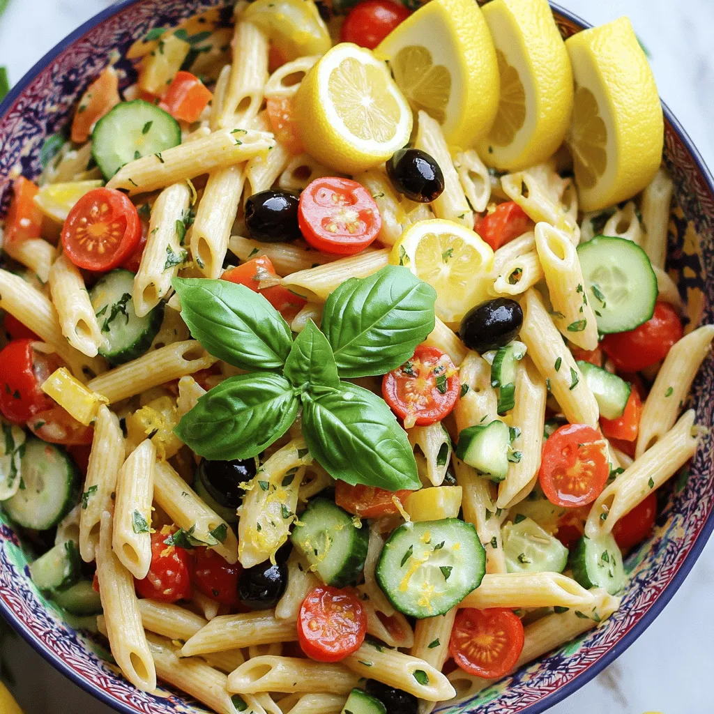 - 8 oz pasta (penne or fusilli) - 1 cup cherry tomatoes, halved - 1 cup cucumber, diced - ½ cup red bell pepper, diced - ½ cup black olives, sliced - 1 cup fresh basil leaves, chopped - Zest and juice of 1 large lemon - ⅓ cup extra virgin olive oil - 1 teaspoon garlic powder - Salt and pepper to taste - Optional: Freshly grated Parmesan cheese for serving To make a great lemon basil pasta salad, you need some key ingredients. First, choose 8 oz of pasta. Penne or fusilli works best. Next, you will need 1 cup of cherry tomatoes. Halve them for a nice bite. Then, grab 1 cup of diced cucumber for crunch. Add ½ cup of diced red bell pepper for sweetness. Don’t forget ½ cup of sliced black olives for a salty kick. Freshness comes from 1 cup of chopped basil leaves. Zest and juice from 1 large lemon brings bright flavor. Use ⅓ cup of extra virgin olive oil to tie it all together. Season with 1 teaspoon of garlic powder, and adjust salt and pepper to your taste. If you love cheese, add freshly grated Parmesan on top before serving. - Avocado or mozzarella for added creaminess - Grilled chicken or chickpeas for protein If you want more flavor, consider adding some optional ingredients. Creamy avocado or mozzarella can make the salad richer. You can also add grilled chicken or chickpeas for protein. These options make your salad more filling and tasty. - Gluten-free pasta options - Olive oil alternatives (like avocado oil) If you need to change things up, there are easy swaps. Use gluten-free pasta for a gluten-free version. For the oil, avocado oil is a great alternative to olive oil. These simple substitutions keep the dish healthy and delicious. To cook pasta al dente, bring salted water to a boil. Add the pasta and cook it according to the package instructions. Al dente means the pasta is firm when bitten. This texture helps it hold up in the salad. Once cooked, drain the pasta and rinse it under cold water. This stops the cooking process and cools the pasta quickly. Set it aside to cool completely. For the vegetables, you need fresh, bright colors. Start by chopping the cherry tomatoes in half. Dice the cucumber and red bell pepper into small pieces. Slice the black olives thinly. I like to use a sharp knife to get clean cuts. When selecting fresh ingredients, look for vibrant colors and no blemishes. Fresh basil should smell fragrant and look bright green. In a small bowl, combine the lemon zest and juice with the olive oil. This adds brightness and depth. Use a whisk to mix everything well. The goal is to emulsify the dressing, which means blending the oil and lemon juice into a smooth mixture. If you don’t have a whisk, a fork works too. Add garlic powder, salt, and pepper to taste. In a large mixing bowl, combine the cooled pasta with the chopped vegetables. Gently mix everything together with a spatula. Then, pour the dressing over the pasta salad. Toss everything to coat well. Make sure each piece gets some dressing. This helps all the flavors blend together. Refrigerating the salad is key. Chill it for at least 30 minutes. This allows the flavors to meld, making the dish taste even better. The cold temperature also makes the salad refreshing and perfect for warm days. When ready to serve, present the salad in a large bowl. A colorful bowl makes it look inviting. You can sprinkle fresh basil on top for a nice touch. Serve it chilled or at room temperature. If you like, add freshly grated Parmesan cheese for extra flavor. Enjoy this vibrant dish! To make your Lemon Basil Pasta Salad shine, start with the seasoning. Taste the dish as you mix. Add more salt or pepper if it needs a boost. If you want more tang, squeeze in more lemon juice or a dash of vinegar. The right balance makes all the difference. Keeping veggies crunchy is key. Add them last, just before serving. This way, they stay fresh and crisp. To avoid pasta sticking together, rinse it under cold water after cooking. This helps separate the strands and makes serving easier. You can save time by prepping ingredients ahead of time. Chop the veggies and store them in the fridge. If you’re short on time, use pre-cooked or frozen pasta. Just heat it up and mix it in. This speeds up the process and lets you enjoy your meal faster. Don't forget to check the Full Recipe for more details! {{image_2}} When you crave something new, try these fun twists on the Lemon Basil Pasta Salad. Each variation brings unique flavors, so you can enjoy different tastes. - Adding feta cheese and artichokes: Feta adds a salty kick. Artichokes bring a tender bite. Both enhance the salad's richness. - Using whole wheat or chickpea pasta: Whole wheat pasta gives more fiber. Chickpea pasta adds protein and a nutty taste. Choose what fits your diet! - Incorporating sesame oil and soy sauce: Swap olive oil for sesame oil for a nutty flavor. Soy sauce adds a savory touch. This twist is great for a new flavor profile. - Using edamame and bell peppers: Edamame offers a protein boost. Bell peppers add crunch and color. Together, they make the salad bright and fresh. - Adapting to summer veggies: Use fresh corn, zucchini, or snap peas in the summer. These veggies add freshness and a pop of color. - Incorporating herbs like parsley or cilantro: Fresh herbs bring brightness. Parsley adds a mild flavor, while cilantro gives a bold taste. These herbs can change the salad's profile. These variations keep the Lemon Basil Pasta Salad exciting and adaptable to your preferences. For the full experience, check out the Full Recipe. Store any leftover Lemon Basil Pasta Salad in an airtight container. This keeps it fresh and tasty. Make sure to refrigerate it right away. You can enjoy it for 3 to 5 days. After that, the flavors may fade and the veggies may wilt. Can you freeze pasta salad? Yes, but it may change texture. The pasta could become mushy when thawed. If you want to freeze it, use a freezer-safe container. When you're ready, thaw it in the fridge overnight. Serve it cold or at room temperature for the best taste. If you need to reheat the salad, do it gently. Use a microwave on low power or warm it on the stove. Add a splash of olive oil or lemon juice to keep it moist. This helps keep the flavor and texture intact. Enjoy it fresh for the best experience. You can find the full recipe above. To make this salad vegan, swap out any dairy. Use vegan cheese or omit it completely. For a creamy dressing, try blending silken tofu or cashew cream with lemon juice. Yes, you can prep this salad a day ahead. Just keep the dressing separate until you are ready to serve. This helps the veggies stay crisp and fresh. This pasta salad goes well with grilled chicken, fish, or roasted vegetables. It also makes a great side for a summer BBQ. Just think of light, fresh flavors! To add creaminess, mix in some Greek yogurt or mashed avocado. Both options give a rich texture while keeping the flavor bright. You can serve this dish warm, but it is best cold or at room temperature. If you prefer warm, just toss the cooked pasta with the dressing and veggies right away. This adds a different flavor experience. Lemon Basil Pasta Salad is fresh and easy to make. You need pasta, veggies, and a simple dressing. Follow the steps for cooking, assembling, and chilling. Feel free to swap ingredients and try different flavors. This dish stays great in your fridge for days. It works well for lunches, picnics, or dinner. Enjoy creating your perfect version of this tasty salad!