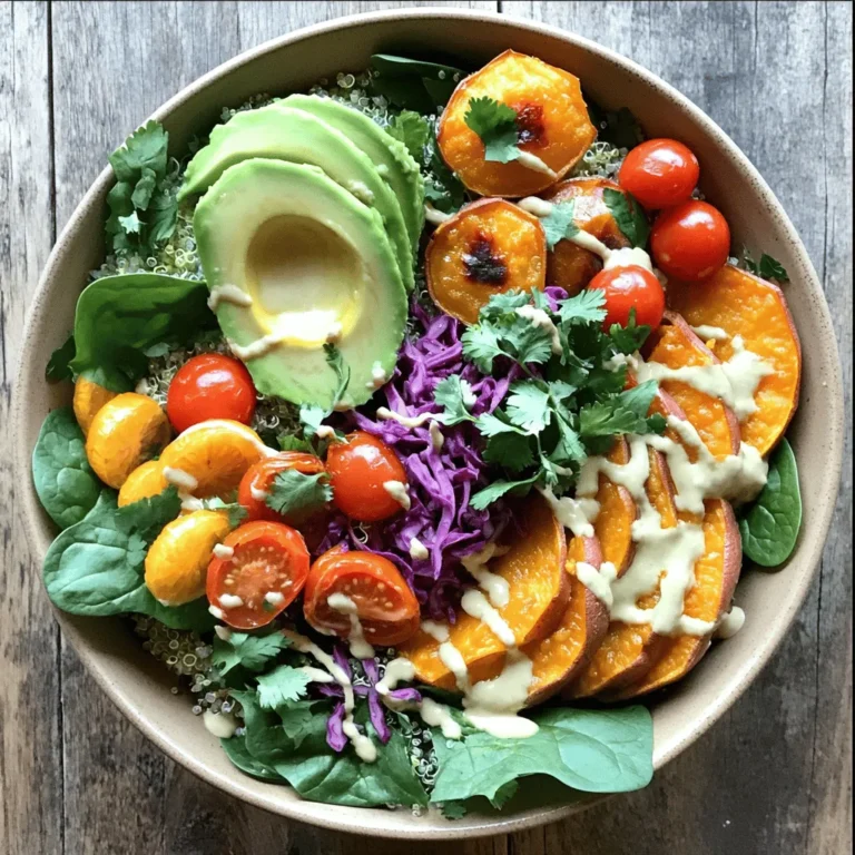 - 1 cup quinoa, rinsed - 2 cups vegetable broth - 1 cup chickpeas, cooked (or 1 can, drained and rinsed) - 1 sweet potato, diced - 1 tablespoon olive oil - 1 teaspoon paprika - 1 teaspoon garlic powder - 1 avocado, sliced - 1 cup baby spinach - ½ cup cherry tomatoes, halved - ¼ cup red cabbage, shredded For a Vegan Buddha Bowl, I love using quinoa as the base. It is full of protein and cooks quickly. Sweet potato adds a sweet and creamy texture. Chickpeas give a hearty feel. Avocado adds creaminess and healthy fats. Fresh vegetables bring crunch and color. - 2 tablespoons tahini - 2 tablespoons lemon juice - Salt and pepper to taste The dressing is key for flavor. I use tahini to add richness. Fresh lemon juice brightens up the bowl. Seasoning with salt and pepper ties it all together. - Fresh herbs (such as parsley or cilantro) - Seeds (sesame or pumpkin) Garnishes can elevate your dish. Fresh herbs add a burst of flavor. Seeds provide a nice crunch. You can find the full recipe [here]. First, preheat your oven to 400°F (200°C). This step is key for getting that nice caramelization. Next, toss the diced sweet potato in a bowl. Add olive oil, paprika, garlic powder, salt, and pepper. Make sure every piece is coated well. Spread the sweet potato on a baking sheet. Roast it for 20 to 25 minutes. You want them tender and slightly crispy. While the sweet potato roasts, you can cook the quinoa. In a medium saucepan, combine 1 cup of rinsed quinoa and 2 cups of vegetable broth. Bring the mixture to a boil. Once boiling, reduce the heat. Cover the pot and let it simmer for about 15 minutes. When all the liquid is absorbed, remove it from heat. Fluff it with a fork for a light texture. Now, let's make the tahini dressing. In a small bowl, whisk together 2 tablespoons of tahini and 2 tablespoons of lemon juice. Add a pinch of salt. If the dressing is too thick, add a little water to thin it out. Taste and adjust the seasoning if needed. This dressing adds a creamy touch to your bowl. To assemble your Buddha bowl, choose a large bowl or a plate. Start with a base layer of quinoa. Next, layer the roasted sweet potato, chickpeas, and avocado slices. Add fresh baby spinach, halved cherry tomatoes, and shredded red cabbage on top. Finally, drizzle your tahini dressing over everything. Garnish with fresh herbs for extra flavor and color. For the full recipe, check out the complete instructions and tips. Enjoy your vibrant vegan Buddha bowl! To make your Vegan Buddha Bowl easy, prep your ingredients ahead of time. Wash and chop vegetables like sweet potatoes and cherry tomatoes the night before. Store them in airtight containers to keep them fresh. You can also cook quinoa in advance. It keeps well in the fridge for about five days. Store it in a separate container to avoid sogginess. Want to boost flavor? Add spices or herbs to your veggies and grains. Try cumin or turmeric for warmth. Fresh herbs like cilantro or parsley add bright notes. Experiment with different dressings too! A zesty lemon vinaigrette or a spicy tahini can change the whole dish. You can mix things up and find your favorite combo. Make your bowl look as good as it tastes. Use colorful layering techniques to create a feast for the eyes. Start with a base of quinoa, then stack on roasted sweet potatoes, chickpeas, and fresh greens. Serve in shallow bowls to show off the layers. Sprinkle sesame or pumpkin seeds on top for extra crunch. It makes each bowl inviting and fun to eat. For the full recipe, check out the Vibrant Vegan Buddha Bowl 🥗. {{image_2}} You can switch up the proteins in your Vegan Buddha Bowl. I love using alternative legumes like black beans or lentils. They add a great texture and flavor. If you want something hearty, try adding plant-based proteins like tofu or tempeh. These options soak up flavors well and pack a protein punch. Feel free to change the grains too. Instead of quinoa, use brown rice, farro, or barley. Each grain gives a unique taste and texture. If gluten is a concern, choose gluten-free grains like quinoa or rice. They work well in any bowl. Don’t hesitate to play with the veggies. Use seasonal vegetables for the freshest taste. Think about adding roasted carrots, zucchini, or bell peppers. You can prepare these vegetables in different ways too. Try steaming or grilling them for a smoky flavor. Each method brings out different tastes and makes your bowl exciting. For the full recipe, check out the vibrant Vegan Buddha Bowl. To keep your Vegan Buddha Bowl fresh, use airtight containers. Glass containers work well. They keep food safe and make your dish easy to see. You can store leftovers in the fridge for up to three days. This way, you can enjoy your meal again without losing flavor. When it's time to eat, reheat the bowl in the microwave. Use a low setting to warm it gently. You can also use a stovetop. Heat it in a pan with a splash of water. This helps keep the quinoa and veggies moist. Avoid high heat, as it can change the texture of the sweet potato and avocado. If you want to save some for later, freeze the quinoa and veggies separately. Sweet potatoes freeze well. You can store them for up to three months. Chickpeas can also be frozen. Just make sure they are cool before you freeze them. When ready to eat, thaw them in the fridge overnight. Reheat them gently to keep the taste fresh. You can easily make your Buddha Bowl gluten-free by choosing the right grains. Here are some great options: - Quinoa - Brown rice - Buckwheat - Millet - Cauliflower rice These grains work well and keep your meal tasty. Just make sure to check any packaged items for hidden gluten. Absolutely! You can change up the flavors to fit your taste. Here are some tips: - Add spices like cumin, turmeric, or cayenne for heat. - Use different sauces, such as soy sauce, sriracha, or a peanut sauce. - Mix in fresh herbs like basil or dill for a burst of flavor. Experimenting with flavors makes your meal fun and unique. A Vegan Buddha Bowl is full of health benefits. Here’s what you get: - Quinoa is a complete protein, meaning it has all essential amino acids. - Sweet potatoes provide vitamins A and C, plus fiber. - Chickpeas are rich in protein and help keep you full. - Avocado gives healthy fats that are good for your heart. - Fresh veggies add vitamins, minerals, and antioxidants. Eating this bowl supports a balanced diet and boosts energy. For a full recipe, check out the Vibrant Vegan Buddha Bowl 🥗. You learned how to create a Vegan Buddha Bowl, packed with healthy ingredients. We covered the main foods like quinoa, sweet potatoes, and chickpeas. You also learned how to whip up a tasty tahini dressing. By now, you have tips for meal prep and storage too. Incorporating these steps and ideas can lead to a colorful and nutritious meal. Try different flavors and ingredients, and make this bowl your own! Enjoy your cooking and stay healthy!