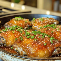 - 4 bone-in, skin-on chicken thighs - 2 tablespoons honey - 4 cloves garlic, minced - 3 tablespoons low sodium soy sauce - 2 tablespoons olive oil - 1 teaspoon grated ginger - 1 tablespoon apple cider vinegar - Salt and black pepper, to taste - Sesame seeds for garnish - Chopped green onions for garnish To make honey garlic chicken thighs, you need a mix of simple, fresh ingredients. The main ingredients are chicken thighs, honey, and garlic. Those three items create a rich flavor that shines through. To enhance this dish, use low sodium soy sauce, olive oil, and ginger. The soy sauce adds a savory note, while olive oil helps seal in moisture. Ginger gives a nice kick, balancing the sweetness of the honey. Apple cider vinegar rounds out the flavor with a tangy touch. Don't forget seasoning! A pinch of salt and black pepper brings out the taste of the chicken. Finally, sesame seeds and chopped green onions make great garnishes, adding color and crunch. For the complete process, check the Full Recipe. This recipe is great for easy dinners that impress. Enjoy cooking! To start, you need to dry your chicken thighs well. Use paper towels to pat them dry. This step helps them get crispy when cooked. Next, season each thigh with salt and black pepper on both sides. This simple touch adds flavor. Now, let’s make the honey garlic sauce. In a medium bowl, combine the honey, minced garlic, soy sauce, olive oil, grated ginger, and apple cider vinegar. Whisk the mix until it's smooth. This sauce will bring a sweet and savory taste to your chicken. Heat a large, oven-safe skillet over medium-high heat. If needed, add a teaspoon of olive oil. Once the skillet is hot, place the chicken thighs skin-side down. Sear them for about 5-7 minutes until the skin turns golden brown and crispy. This step locks in moisture and flavor. After searing, flip the chicken thighs over. Pour the honey garlic sauce over them. Make sure each piece is well coated. Then, transfer the skillet to your preheated oven. Bake for 25-30 minutes, or until the internal temperature reaches 165°F (74°C). This ensures the chicken is safe to eat. Check the chicken for doneness using a meat thermometer. If it reads 165°F (74°C), you’re good to go. Remove the skillet from the oven and let the chicken rest for about 5 minutes. This resting time allows the juices to settle, making the chicken juicy. During this time, spoon some sauce from the skillet over the chicken. This extra sauce keeps the chicken moist and adds flavor. Serve the chicken thighs hot, garnished with sesame seeds and chopped green onions for a fresh crunch. Enjoy your meal! For the complete recipe, check out the Full Recipe. To get that perfect crispy skin, start by drying the chicken thighs well. Use paper towels to pat them dry. Removing moisture helps the skin crisp up nicely. When you sear the thighs, heat your skillet over medium-high heat. The pan must be hot before adding the chicken. Place the thighs skin-side down and let them sear for 5 to 7 minutes. This will give you that beautiful golden color. For a deeper flavor, consider marinating the chicken for a few hours or overnight. Letting the chicken soak in the honey garlic sauce makes each bite more tasty. You can pair the chicken with rice, steamed veggies, or a fresh salad. These sides balance the sweet and savory notes of the dish. One common mistake is overcooking the chicken. Always check for an internal temperature of 165°F (74°C). Use a meat thermometer for accuracy. Another mistake is not using low sodium soy sauce. Regular soy sauce can make the dish too salty. Stick to low sodium for a balanced flavor. {{image_2}} You can cook honey garlic chicken thighs in different ways to suit your needs. One great option is using a slow cooker. Simply season the chicken and add the honey garlic sauce. Cook on low for about six hours. The chicken will be tender and full of flavor. Another method is the Instant Pot. This cooks the chicken fast. Season as usual, then add the sauce. Cook on high pressure for about 10 minutes. This method keeps it juicy and flavorful. To change the flavor, consider adding spices. A pinch of chili flakes gives a nice kick. You can also use five-spice powder for a unique twist. If you want a different sweetness, swap honey for maple syrup. This adds a rich flavor that pairs well with garlic. Experimenting with flavors makes cooking fun and creative! If you need a gluten-free version, use tamari instead of soy sauce. This keeps the rich taste without gluten. For a low-carb option, skip the honey and use a sugar substitute. This keeps the dish tasty while cutting carbs. You can enjoy the meal while sticking to your dietary needs. For the full recipe, check out the section above! To store cooked honey garlic chicken thighs, let them cool first. Place the thighs in an airtight container. You can keep them in the fridge for up to four days. If you want to keep them longer, consider freezing them. For longer shelf life, freeze the chicken thighs within two hours of cooking. Wrap them tightly in plastic wrap before putting them in a freezer-safe bag. They will stay good for up to three months. When you’re ready to eat, just thaw them in the fridge overnight. To reheat, use your oven or stovetop for the best results. Preheat the oven to 350°F (175°C). Place the chicken thighs in a baking dish and cover with foil. Bake for about 20 minutes or until heated through. If using a stovetop, heat a skillet over medium heat. Add a little oil, then gently warm the chicken, turning it often. This keeps the chicken juicy and delicious. For the full recipe, check the section above. Yes, you can use boneless thighs. They cook faster than bone-in thighs. Reduce the baking time to about 20 minutes. Always check for an internal temperature of 165°F (74°C). This ensures they are fully cooked. Pair this dish with simple sides. Here are some options: - Steamed rice or jasmine rice - Roasted vegetables like broccoli or carrots - Fresh salad with a light dressing - Mashed potatoes for a comfort touch These sides add color and flavor to your meal. To lighten this dish, try these tweaks: - Use skinless chicken thighs for less fat. - Swap honey for a low-calorie sweetener. - Add extra veggies to your sides for fiber. These changes keep the taste while making it healthier. You can find the full recipe here: [Full Recipe]. This blog post covered a delicious honey garlic chicken thigh recipe. We explored key ingredients, cooking steps, tips for success, and storage advice. You can enjoy flavorful chicken with crispy skin and tasty sides. Remember to avoid common mistakes, and try the variations for new flavors. With these tools, you’ll create meals that impress. Dive into your kitchen and bring this recipe to life! Happy cooking!