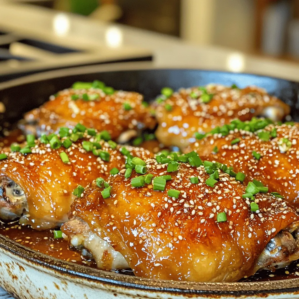 - 4 bone-in, skin-on chicken thighs - 2 tablespoons honey - 4 cloves garlic, minced - 3 tablespoons low sodium soy sauce - 2 tablespoons olive oil - 1 teaspoon grated ginger - 1 tablespoon apple cider vinegar - Salt and black pepper, to taste - Sesame seeds for garnish - Chopped green onions for garnish To make honey garlic chicken thighs, you need a mix of simple, fresh ingredients. The main ingredients are chicken thighs, honey, and garlic. Those three items create a rich flavor that shines through. To enhance this dish, use low sodium soy sauce, olive oil, and ginger. The soy sauce adds a savory note, while olive oil helps seal in moisture. Ginger gives a nice kick, balancing the sweetness of the honey. Apple cider vinegar rounds out the flavor with a tangy touch. Don't forget seasoning! A pinch of salt and black pepper brings out the taste of the chicken. Finally, sesame seeds and chopped green onions make great garnishes, adding color and crunch. For the complete process, check the Full Recipe. This recipe is great for easy dinners that impress. Enjoy cooking! To start, you need to dry your chicken thighs well. Use paper towels to pat them dry. This step helps them get crispy when cooked. Next, season each thigh with salt and black pepper on both sides. This simple touch adds flavor. Now, let’s make the honey garlic sauce. In a medium bowl, combine the honey, minced garlic, soy sauce, olive oil, grated ginger, and apple cider vinegar. Whisk the mix until it's smooth. This sauce will bring a sweet and savory taste to your chicken. Heat a large, oven-safe skillet over medium-high heat. If needed, add a teaspoon of olive oil. Once the skillet is hot, place the chicken thighs skin-side down. Sear them for about 5-7 minutes until the skin turns golden brown and crispy. This step locks in moisture and flavor. After searing, flip the chicken thighs over. Pour the honey garlic sauce over them. Make sure each piece is well coated. Then, transfer the skillet to your preheated oven. Bake for 25-30 minutes, or until the internal temperature reaches 165°F (74°C). This ensures the chicken is safe to eat. Check the chicken for doneness using a meat thermometer. If it reads 165°F (74°C), you’re good to go. Remove the skillet from the oven and let the chicken rest for about 5 minutes. This resting time allows the juices to settle, making the chicken juicy. During this time, spoon some sauce from the skillet over the chicken. This extra sauce keeps the chicken moist and adds flavor. Serve the chicken thighs hot, garnished with sesame seeds and chopped green onions for a fresh crunch. Enjoy your meal! For the complete recipe, check out the Full Recipe. To get that perfect crispy skin, start by drying the chicken thighs well. Use paper towels to pat them dry. Removing moisture helps the skin crisp up nicely. When you sear the thighs, heat your skillet over medium-high heat. The pan must be hot before adding the chicken. Place the thighs skin-side down and let them sear for 5 to 7 minutes. This will give you that beautiful golden color. For a deeper flavor, consider marinating the chicken for a few hours or overnight. Letting the chicken soak in the honey garlic sauce makes each bite more tasty. You can pair the chicken with rice, steamed veggies, or a fresh salad. These sides balance the sweet and savory notes of the dish. One common mistake is overcooking the chicken. Always check for an internal temperature of 165°F (74°C). Use a meat thermometer for accuracy. Another mistake is not using low sodium soy sauce. Regular soy sauce can make the dish too salty. Stick to low sodium for a balanced flavor. {{image_2}} You can cook honey garlic chicken thighs in different ways to suit your needs. One great option is using a slow cooker. Simply season the chicken and add the honey garlic sauce. Cook on low for about six hours. The chicken will be tender and full of flavor. Another method is the Instant Pot. This cooks the chicken fast. Season as usual, then add the sauce. Cook on high pressure for about 10 minutes. This method keeps it juicy and flavorful. To change the flavor, consider adding spices. A pinch of chili flakes gives a nice kick. You can also use five-spice powder for a unique twist. If you want a different sweetness, swap honey for maple syrup. This adds a rich flavor that pairs well with garlic. Experimenting with flavors makes cooking fun and creative! If you need a gluten-free version, use tamari instead of soy sauce. This keeps the rich taste without gluten. For a low-carb option, skip the honey and use a sugar substitute. This keeps the dish tasty while cutting carbs. You can enjoy the meal while sticking to your dietary needs. For the full recipe, check out the section above! To store cooked honey garlic chicken thighs, let them cool first. Place the thighs in an airtight container. You can keep them in the fridge for up to four days. If you want to keep them longer, consider freezing them. For longer shelf life, freeze the chicken thighs within two hours of cooking. Wrap them tightly in plastic wrap before putting them in a freezer-safe bag. They will stay good for up to three months. When you’re ready to eat, just thaw them in the fridge overnight. To reheat, use your oven or stovetop for the best results. Preheat the oven to 350°F (175°C). Place the chicken thighs in a baking dish and cover with foil. Bake for about 20 minutes or until heated through. If using a stovetop, heat a skillet over medium heat. Add a little oil, then gently warm the chicken, turning it often. This keeps the chicken juicy and delicious. For the full recipe, check the section above. Yes, you can use boneless thighs. They cook faster than bone-in thighs. Reduce the baking time to about 20 minutes. Always check for an internal temperature of 165°F (74°C). This ensures they are fully cooked. Pair this dish with simple sides. Here are some options: - Steamed rice or jasmine rice - Roasted vegetables like broccoli or carrots - Fresh salad with a light dressing - Mashed potatoes for a comfort touch These sides add color and flavor to your meal. To lighten this dish, try these tweaks: - Use skinless chicken thighs for less fat. - Swap honey for a low-calorie sweetener. - Add extra veggies to your sides for fiber. These changes keep the taste while making it healthier. You can find the full recipe here: [Full Recipe]. This blog post covered a delicious honey garlic chicken thigh recipe. We explored key ingredients, cooking steps, tips for success, and storage advice. You can enjoy flavorful chicken with crispy skin and tasty sides. Remember to avoid common mistakes, and try the variations for new flavors. With these tools, you’ll create meals that impress. Dive into your kitchen and bring this recipe to life! Happy cooking!