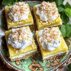 To make Coconut Cream Pie Bars, you need simple but key ingredients. Here’s what you will need: - 1 cup all-purpose flour - 1/2 cup unsweetened shredded coconut - 1/4 cup powdered sugar - 1/2 cup unsalted butter, melted - 1 can (14 oz) sweetened condensed milk - 1/2 cup coconut milk - 2 large eggs - 1 tablespoon vanilla extract - 1/2 teaspoon salt - 1/4 cup unsweetened shredded coconut, toasted (for topping) - 1 cup whipped cream (for serving) Each ingredient plays a big role in the final flavor and texture. The flour creates a sturdy base. The unsweetened coconut gives that coconut flavor without being too sweet. Powdered sugar adds just the right amount of sweetness. Melted butter helps bind the crust together. Sweetened condensed milk is key for a creamy filling. Coconut milk adds richness. Eggs provide structure. Vanilla extract boosts flavor. Salt balances sweetness. Toasted coconut adds a crunchy finish, and whipped cream makes it indulgent. You can swap some ingredients if you have dietary needs. Here are some options: - Flour: Use almond flour or oat flour for gluten-free bars. - Butter: Substitute with coconut oil for a vegan option. - Sweetened condensed milk: Try a dairy-free version made with coconut milk and sugar. - Eggs: Use flax eggs (1 tablespoon ground flaxseed + 2.5 tablespoons water) for vegan bars. These substitutions keep the bars tasty while meeting your needs. To prepare your Coconut Cream Pie Bars, you will need some basic tools: - 8x8 inch baking dish: A glass or metal dish works well. - Mixing bowls: Use medium and large bowls for mixing ingredients. - Whisk: A whisk helps blend wet ingredients smoothly. - Spatula: Use it to spread the crust and filling evenly. - Measuring cups and spoons: Accuracy is key for the best results. Having the right tools makes baking much easier and more fun. You can find the full recipe to guide you through the steps. To start, we will make the crust. First, preheat your oven to 350°F (175°C). Grease an 8x8 inch baking dish or use parchment paper for easy removal later. In a medium bowl, combine: - 1 cup all-purpose flour - 1/2 cup unsweetened shredded coconut - 1/4 cup powdered sugar - 1/2 cup unsalted butter, melted Mix these ingredients until they resemble a crumbly texture. Then, press this mixture evenly into the bottom of your prepared dish. Bake for 10-12 minutes, until the crust is lightly golden. While the crust is baking, it's time to make the coconut filling. In another bowl, whisk together: - 1 can (14 oz) sweetened condensed milk - 1/2 cup coconut milk - 2 large eggs - 1 tablespoon vanilla extract - 1/2 teaspoon salt Ensure this mixture is smooth and well combined. Once the crust is done, remove it from the oven. Pour the coconut filling over the hot crust evenly. Return the dish to the oven and bake for an additional 25-30 minutes. You want the filling to be set and the edges to turn lightly brown. To check if it is done, gently shake the dish. If the center jiggles slightly but is mostly firm, it’s ready. Cooling is crucial before slicing. Let the bars cool to room temperature first. Then, refrigerate for at least 2 hours to chill completely. This helps the bars hold their shape when you cut them. To serve, cut the bars into squares. Top each one with whipped cream and sprinkle with toasted shredded coconut for extra flavor and crunch. Store any leftovers in the fridge to keep them fresh. For the full recipe, refer to the earlier section. To get a perfect crust, use cold butter. Cut it into the flour mix until it looks crumbly. This keeps the crust flaky. Bake it until it turns light golden brown. For the filling, whisk the sweetened condensed milk and eggs well. This helps the filling set just right. You want it smooth and creamy without lumps. Garnishing the Coconut Cream Pie Bars is fun. Top each bar with a dollop of whipped cream. Sprinkle toasted coconut on top for crunch. Add a mint leaf for color. Serve them on a pretty platter. You can even arrange them with fresh fruit to make them pop. One big mistake is overbaking the crust. Keep an eye on it to avoid burning. Another error? Not letting the bars cool before slicing. This can make them fall apart. If your filling is too runny, it might need more baking time. Always check the edges for a light brown color. {{image_2}} You can easily change the flavor of your Coconut Cream Pie Bars. Try adding chocolate for a rich twist. Just melt some chocolate and mix it into the coconut filling. You can also use citrus zest. Lemon or lime zest adds a bright, fresh taste. If you want to explore coconut flavors, try flavored extracts. Use coconut extract for a stronger coconut taste. You can also mix in different types of coconut, like coconut flakes or cream. These small changes make a big impact. You can adapt this recipe to fit different diets. To make it low-sugar, use a sugar substitute like stevia. For a low-fat version, substitute coconut milk with a light version or almond milk. If you want to make it gluten-free, swap all-purpose flour for almond flour or gluten-free flour. It’s simple to make it nut-free too. Just make sure you check your ingredient labels. These adjustments let everyone enjoy these tasty bars. Coconut Cream Pie Bars pair well with many desserts. Try serving them with fresh fruit, like strawberries or mango. You can also add a scoop of vanilla ice cream for a delicious contrast. Get creative when serving at parties. Cut the bars into smaller, bite-sized pieces. Arrange them on a colorful platter. You can even add edible flowers for a fun touch. For a tropical theme, serve with little umbrellas or coconut shells. The options are endless! For the full recipe, check out the Coconut Dream Bars section. To store Coconut Cream Pie Bars in the refrigerator, follow these steps. First, place the bars in an airtight container. This keeps them fresh and safe from other food odors. If you do not have an airtight container, wrap them tightly in plastic wrap. It’s best to keep them in the fridge for up to one week. To keep the crust from getting soggy, make sure the bars are completely cool before storing. If possible, place a paper towel between the bars and the lid of the container. This helps absorb any moisture that might make the crust soft. Freezing Coconut Cream Pie Bars is simple and effective. Slice the bars into portions and wrap each piece in plastic wrap. Then, place the wrapped bars in a freezer-safe container or bag. You can freeze them for up to three months without losing flavor. When thawing, move the bars to the fridge for a few hours or overnight. This method keeps the texture nice. Avoid thawing at room temperature. It may cause them to become too soft or soggy. Coconut Cream Pie Bars can last in storage for about a week in the fridge. If you freeze them, they can stay fresh for about three months. Look out for signs that the bars have gone bad. If you see mold or if the bars smell off, it’s time to toss them. A change in texture can also mean they are no longer good to eat. Always trust your senses when checking food freshness. You can replace sweetened condensed milk with several options. For a dairy-free choice, use coconut cream mixed with a bit of maple syrup. This gives you a creamy texture and sweetness. You can also blend silken tofu with honey or agave syrup. This mix works well for a homemade version. If you prefer a store-bought option, look for dairy-free condensed milk at the store. Each choice adds its unique taste but keeps the bars creamy. Yes, you can make these bars ahead of time. Prepare them up to two days in advance. After baking, let the bars cool completely. Then, cover them well and store them in the fridge. This helps the flavors blend and set perfectly. For best taste, enjoy them within a few days. You can also slice them before serving for easy sharing. To check if the bars are done, look for a few signs. The edges should be lightly browned, and the filling should be set, not jiggly. You can insert a toothpick in the center. If it comes out clean, your bars are ready. Remember, the crust should be golden brown, too. This shows that your Coconut Cream Pie Bars are baked just right. Coconut Cream Pie Bars bring together rich flavors and smooth textures. You learned the crucial ingredients and substitutions for dietary needs. The step-by-step instructions guide you from crust to cooling. Utilize tips to achieve perfect baking and presentation. Explore variations to keep the dessert exciting. Lastly, proper storage ensures maximum enjoyment. With these insights, you're ready to whip up a delicious treat that delights everyone. Enjoy showcasing your skills and sharing these bars with friends and family.