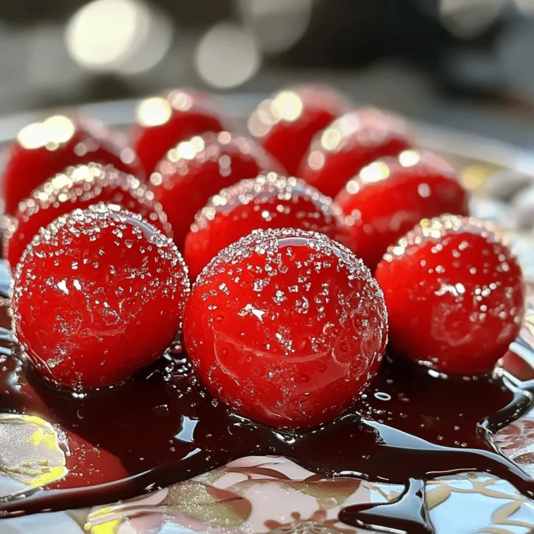 - Fresh Strawberries - Granulated Sugar - Water - Lemon Juice - Optional Flavor Enhancements Candied strawberries need a few simple ingredients. First, fresh strawberries are key. Choose ripe, bright red strawberries for the best taste. They should be firm and free from blemishes. The sweet and juicy flavor of these fruits shines through in the final treat. Next, we need granulated sugar. This sugar gives the strawberries their sweet coating. The sugar crystalizes when cooked, making the strawberries shiny and delicious. Water is also important. It helps dissolve the sugar when you make the syrup. Lemon juice adds a little zing and balances the sweetness. It also helps the sugar harden properly. You can add optional flavor enhancements like vanilla extract. This small touch adds a nice depth to the flavor. If you want to try something new, experiment with other extracts like almond or coconut. For cooling, parchment paper is a must. It keeps the strawberries from sticking and helps them set properly. These ingredients work together to create a simple yet delightful treat. For the full recipe, check out the instructions in the next section. First, wash the strawberries under cool water. Make sure to remove all dirt. After washing, dry them completely with a clean towel. Any water left on the strawberries will stop the sugar from sticking well. Lay them out in a single layer to air dry. This step is very important for a good candy coating. In a medium saucepan, mix together one cup of sugar, half a cup of water, and one tablespoon of lemon juice. Heat this mixture over medium heat. Stir it until the sugar dissolves completely. Once it boils gently, stop stirring. Let it simmer for about 8 to 10 minutes. Use a candy thermometer to check when it reaches 300°F. This is called the hard crack stage. If you do not have a thermometer, drop a tiny bit into cold water. It should form a hard candy. Now, it’s time to dip the strawberries. Hold each strawberry by the stem. Quickly dip it into the hot syrup, swirling to coat it evenly. Let the extra syrup drip back into the pan. Place the dipped strawberries on parchment paper to cool. This will help them harden nicely. Repeat the dipping with all the strawberries. In about 15 to 20 minutes, they will be ready to enjoy. For extra flair, you might want to drizzle them with melted dark chocolate or sprinkle edible glitter on top. To get a great candy coating, temperature matters. Sugar syrup must reach 300°F. Use a candy thermometer for the best results. If you don’t have one, drop some syrup in cold water. It should form hard candy. This is called the hard crack stage. Controlling the heat ensures the sugar doesn’t crystallize. This can happen if the syrup cooks too fast. Stir the mixture only until the sugar dissolves. One common mistake is overcooking the syrup. If you let it boil too long, it may burn. Keep an eye on it, and do not walk away. Moisture is another issue. If strawberries are wet, sugar won’t stick. Dry them well after washing. Even a little water can ruin your candy coating. For a stunning display, arrange the candied strawberries on a pretty plate. You can drizzle melted dark chocolate over them. Edible glitter adds a fun sparkle too! Garnishes can elevate your treat. Try fresh mint leaves or a sprinkle of nuts. These details make your candied strawberries not just tasty, but beautiful as well. For the full recipe, refer back to the main guide. {{image_2}} You can easily change the flavor of your candied strawberries. One fun way is by adding flavors to the syrup. Here are some ideas: - Citrus Zest: Add orange or lime zest for a bright taste. - Spices: A pinch of cinnamon or nutmeg gives a warm flavor. - Extracts: Swap vanilla for almond or peppermint extract to mix things up. You can also try using different berries. Instead of strawberries, use: - Raspberries: They have a tart flavor that pairs well with sugar. - Blueberries: These will add a sweet burst in each bite. - Blackberries: Their rich flavor adds depth to the treat. For those looking for healthier options, using natural sweeteners in your syrup can be great. Consider using: - Honey: It adds a unique taste and is less processed. - Maple Syrup: This gives your strawberries a warm, rich flavor. - Agave Nectar: It’s sweet and has a low glycemic index. If you want vegan candied strawberries, swap out regular sugar. Use organic cane sugar or coconut sugar for a vegan-friendly twist. Both options will still give you that sweet crunch, making them perfect for everyone! Remember, the Full Recipe is a great way to start your candied strawberry journey. Enjoy experimenting with these variations! To keep your candied strawberries fresh, store them in a cool, dry place. Avoid direct sunlight to prevent melting. Use an airtight container to keep moisture out. You can also line the container with parchment paper to prevent sticking. Shelf Life of Candied Strawberries Candied strawberries last about 3 to 5 days when stored properly. After that, they may lose their crispness. If they become too soft, it’s best to eat them soon. If your candied strawberries lose their crunch, you can refresh them. Place them in a preheated oven at 200°F for about 10 minutes. Keep an eye on them to avoid melting. Afterward, let them cool completely. This will help restore their crisp texture. Enjoy your shiny treats again! To ensure the sugar sticks well, start by drying your strawberries. After washing them, use a clean towel to pat them dry. Any moisture can stop the sugar from sticking. You want the surface to be completely dry. This is key to a good candy coating. You can use frozen strawberries, but the texture changes. Frozen berries become soft and mushy when thawed. This can make the candy coating less firm. Fresh strawberries work best for a crunchy bite. Candied strawberries shine as a topping. They go well with many desserts. Try them on cakes, ice cream, or pancakes. They also look great on a fruit platter. Candied strawberries have roots in old candy-making traditions. They became popular in Europe. People love their sweet taste and shiny look. Over time, they became a classic treat worldwide. You can find them at fairs and special events. In this post, we explored how to make the best candied strawberries. We covered essential ingredients, like fresh strawberries and sugar, and detailed step-by-step instructions. I shared tips to avoid common mistakes and suggested fun variations, including flavors and dietary options. Candied strawberries can be a delightful treat for all. With a bit of practice, you’ll create a sweet treat that impresses anyone. Enjoy your candied strawberries, and don’t be afraid to get creative!
