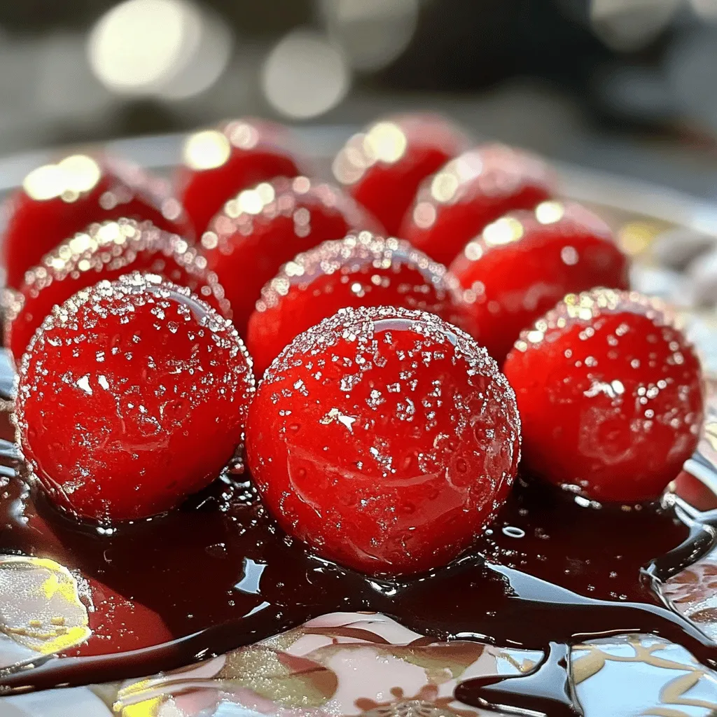 - Fresh Strawberries - Granulated Sugar - Water - Lemon Juice - Optional Flavor Enhancements Candied strawberries need a few simple ingredients. First, fresh strawberries are key. Choose ripe, bright red strawberries for the best taste. They should be firm and free from blemishes. The sweet and juicy flavor of these fruits shines through in the final treat. Next, we need granulated sugar. This sugar gives the strawberries their sweet coating. The sugar crystalizes when cooked, making the strawberries shiny and delicious. Water is also important. It helps dissolve the sugar when you make the syrup. Lemon juice adds a little zing and balances the sweetness. It also helps the sugar harden properly. You can add optional flavor enhancements like vanilla extract. This small touch adds a nice depth to the flavor. If you want to try something new, experiment with other extracts like almond or coconut. For cooling, parchment paper is a must. It keeps the strawberries from sticking and helps them set properly. These ingredients work together to create a simple yet delightful treat. For the full recipe, check out the instructions in the next section. First, wash the strawberries under cool water. Make sure to remove all dirt. After washing, dry them completely with a clean towel. Any water left on the strawberries will stop the sugar from sticking well. Lay them out in a single layer to air dry. This step is very important for a good candy coating. In a medium saucepan, mix together one cup of sugar, half a cup of water, and one tablespoon of lemon juice. Heat this mixture over medium heat. Stir it until the sugar dissolves completely. Once it boils gently, stop stirring. Let it simmer for about 8 to 10 minutes. Use a candy thermometer to check when it reaches 300°F. This is called the hard crack stage. If you do not have a thermometer, drop a tiny bit into cold water. It should form a hard candy. Now, it’s time to dip the strawberries. Hold each strawberry by the stem. Quickly dip it into the hot syrup, swirling to coat it evenly. Let the extra syrup drip back into the pan. Place the dipped strawberries on parchment paper to cool. This will help them harden nicely. Repeat the dipping with all the strawberries. In about 15 to 20 minutes, they will be ready to enjoy. For extra flair, you might want to drizzle them with melted dark chocolate or sprinkle edible glitter on top. To get a great candy coating, temperature matters. Sugar syrup must reach 300°F. Use a candy thermometer for the best results. If you don’t have one, drop some syrup in cold water. It should form hard candy. This is called the hard crack stage. Controlling the heat ensures the sugar doesn’t crystallize. This can happen if the syrup cooks too fast. Stir the mixture only until the sugar dissolves. One common mistake is overcooking the syrup. If you let it boil too long, it may burn. Keep an eye on it, and do not walk away. Moisture is another issue. If strawberries are wet, sugar won’t stick. Dry them well after washing. Even a little water can ruin your candy coating. For a stunning display, arrange the candied strawberries on a pretty plate. You can drizzle melted dark chocolate over them. Edible glitter adds a fun sparkle too! Garnishes can elevate your treat. Try fresh mint leaves or a sprinkle of nuts. These details make your candied strawberries not just tasty, but beautiful as well. For the full recipe, refer back to the main guide. {{image_2}} You can easily change the flavor of your candied strawberries. One fun way is by adding flavors to the syrup. Here are some ideas: - Citrus Zest: Add orange or lime zest for a bright taste. - Spices: A pinch of cinnamon or nutmeg gives a warm flavor. - Extracts: Swap vanilla for almond or peppermint extract to mix things up. You can also try using different berries. Instead of strawberries, use: - Raspberries: They have a tart flavor that pairs well with sugar. - Blueberries: These will add a sweet burst in each bite. - Blackberries: Their rich flavor adds depth to the treat. For those looking for healthier options, using natural sweeteners in your syrup can be great. Consider using: - Honey: It adds a unique taste and is less processed. - Maple Syrup: This gives your strawberries a warm, rich flavor. - Agave Nectar: It’s sweet and has a low glycemic index. If you want vegan candied strawberries, swap out regular sugar. Use organic cane sugar or coconut sugar for a vegan-friendly twist. Both options will still give you that sweet crunch, making them perfect for everyone! Remember, the Full Recipe is a great way to start your candied strawberry journey. Enjoy experimenting with these variations! To keep your candied strawberries fresh, store them in a cool, dry place. Avoid direct sunlight to prevent melting. Use an airtight container to keep moisture out. You can also line the container with parchment paper to prevent sticking. Shelf Life of Candied Strawberries Candied strawberries last about 3 to 5 days when stored properly. After that, they may lose their crispness. If they become too soft, it’s best to eat them soon. If your candied strawberries lose their crunch, you can refresh them. Place them in a preheated oven at 200°F for about 10 minutes. Keep an eye on them to avoid melting. Afterward, let them cool completely. This will help restore their crisp texture. Enjoy your shiny treats again! To ensure the sugar sticks well, start by drying your strawberries. After washing them, use a clean towel to pat them dry. Any moisture can stop the sugar from sticking. You want the surface to be completely dry. This is key to a good candy coating. You can use frozen strawberries, but the texture changes. Frozen berries become soft and mushy when thawed. This can make the candy coating less firm. Fresh strawberries work best for a crunchy bite. Candied strawberries shine as a topping. They go well with many desserts. Try them on cakes, ice cream, or pancakes. They also look great on a fruit platter. Candied strawberries have roots in old candy-making traditions. They became popular in Europe. People love their sweet taste and shiny look. Over time, they became a classic treat worldwide. You can find them at fairs and special events. In this post, we explored how to make the best candied strawberries. We covered essential ingredients, like fresh strawberries and sugar, and detailed step-by-step instructions. I shared tips to avoid common mistakes and suggested fun variations, including flavors and dietary options. Candied strawberries can be a delightful treat for all. With a bit of practice, you’ll create a sweet treat that impresses anyone. Enjoy your candied strawberries, and don’t be afraid to get creative!