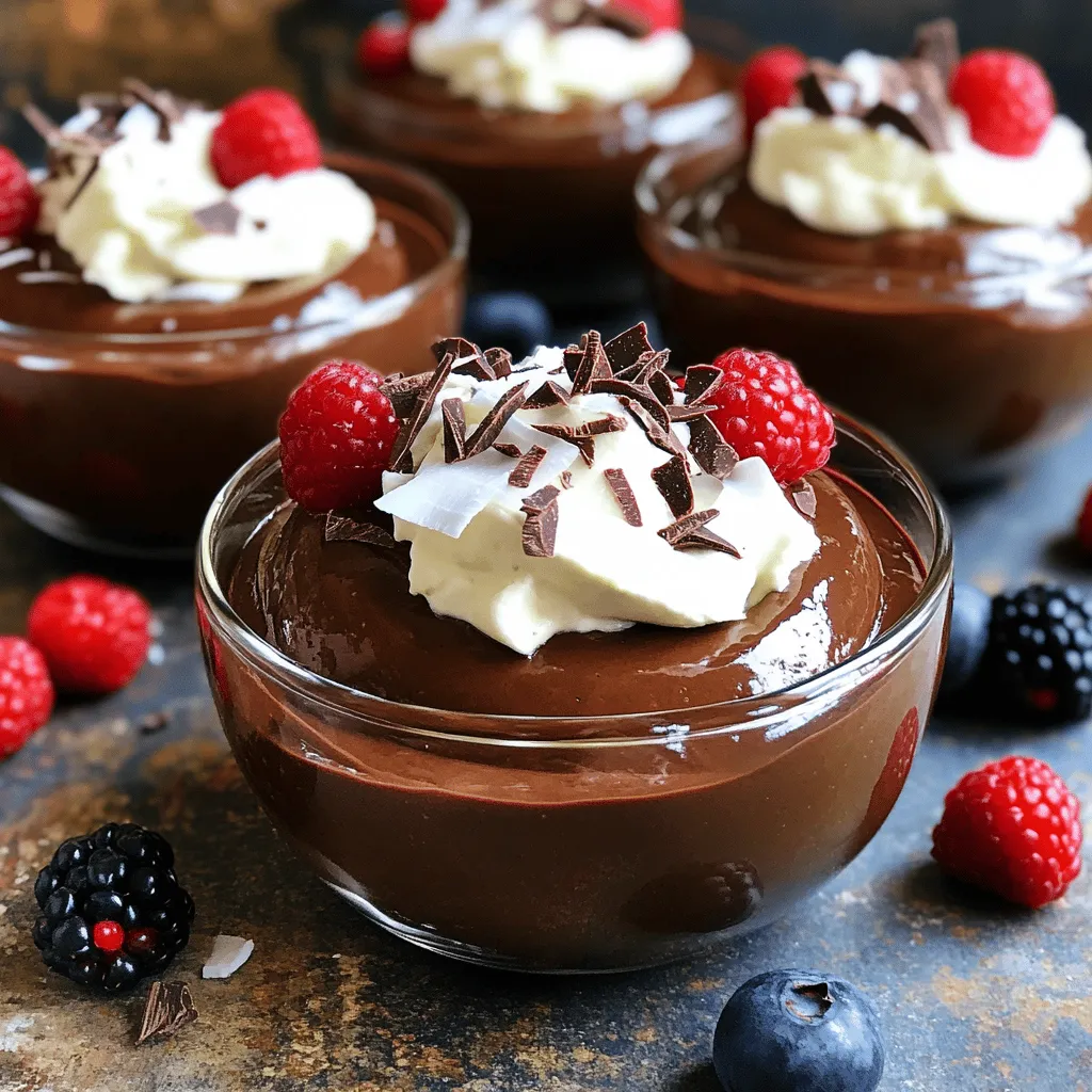 To make a creamy chocolate avocado mousse, you need just a few simple items. Here are the key ingredients: - 2 ripe avocados - 1/2 cup unsweetened cocoa powder - 1/2 cup maple syrup (or honey) - 1/4 cup almond milk (or any milk of choice) - 1 teaspoon vanilla extract - A pinch of sea salt These ingredients come together to create a rich and velvety dessert. The avocados provide a smooth texture and healthy fats. Cocoa powder gives it that deep chocolate taste. Maple syrup or honey adds just the right amount of sweetness. While the mousse is delicious on its own, you can elevate it with tasty toppings. Here are some suggestions: - Whipped coconut cream - Shaved chocolate - Fresh berries Adding toppings can make your dessert look more inviting and add extra flavors. The whipped coconut cream adds a light, creamy touch. Shaved chocolate gives a burst of sweetness, while fresh berries add a juicy contrast. If you're looking for vegan or nut-free options, I have you covered. You can easily swap ingredients to fit your needs. Instead of almond milk, try oat milk or soy milk for a nut-free choice. Using agave syrup instead of honey keeps it vegan. These options still create a luscious mousse that everyone can enjoy. For the full recipe, refer to the section above. First, grab two ripe avocados. You want them soft but not mushy. Cut each avocado in half. Remove the pit carefully. Use a spoon to scoop the green flesh into your blender. This is the base of our mousse. Next, add the unsweetened cocoa powder, maple syrup, almond milk, vanilla extract, and a pinch of sea salt into the blender. Blend it all together until it’s super smooth. You may need to stop and scrape the sides. This ensures everything mixes perfectly. Taste the mousse. If it’s not sweet enough, add more maple syrup. Now, it's time to transfer your mousse into serving cups or bowls. Cover them with plastic wrap or a lid. Place them in the fridge for at least 30 minutes. This step helps the mousse set and the flavors blend. When you’re ready to serve, top with whipped coconut cream, shaved chocolate, or fresh berries. These toppings make it look and taste even better. Enjoy this rich and creamy delight! For the full recipe, check the main section. To get the smoothest mousse, blend your ingredients well. Use ripe avocados for creaminess. If your mousse feels too thick, add a little more almond milk. Blend again until it feels just right. A silky texture makes this dessert special. Taste your mousse before serving. If you want it sweeter, add more maple syrup. Blend again to mix it well. You can also try honey or agave as sweeteners. Adjust to what you like. Everyone has different preferences, so make it yours! Serve your mousse in fun cups or bowls. Top it with whipped coconut cream for a fluffy touch. Shaved chocolate adds a nice crunch. Fresh berries bring color and freshness. You can even layer it with granola for texture. Get creative and enjoy! {{image_2}} You can change the taste of your Chocolate Avocado Mousse easily. Try adding mint or espresso for a new twist. To add mint, use a few drops of mint extract. Blend it in with the other ingredients. For espresso, mix in about one tablespoon of instant coffee or espresso powder. This gives a rich depth to the mousse. This mousse is naturally gluten-free and dairy-free. You can enjoy it without worry. Use almond milk or any plant-based milk. It fits well with many diets. If you want it sweeter, maple syrup works great. Honey can be used, but it’s not vegan. Adjust these ingredients to fit your needs. You can boost the mousse’s health benefits by adding superfoods. Try adding a tablespoon of chia seeds or flaxseeds. They add fiber and omega-3s. Another option is to mix in some spinach for extra vitamins. You won’t taste it, but you get all those good nutrients. This way, you make a treat that is both tasty and good for you. For the full recipe, check out the detailed section above. To store leftover chocolate avocado mousse, place it in an airtight container. Make sure to cover the top with plastic wrap. This helps keep the mousse from browning and losing its creamy texture. If you don’t have a container, a tightly sealed bowl works too. Always store it in the fridge. To keep your mousse fresh, consume it within three days. Before sealing, push the plastic wrap directly onto the mousse's surface. This extra step helps reduce air exposure. If you notice any browning, simply scrape off the top layer to reveal the smooth mousse underneath. The shelf life of chocolate avocado mousse is about three days in the fridge. After this time, the texture and flavor may start to change. If you want to keep it longer, you can freeze it. However, freezing may affect the creaminess. Just remember not to freeze it for more than a month. For the full recipe, check the main section. Yes, you can use regular chocolate. Melted chocolate creates a richer taste. Use about 4 ounces of chocolate for each half cup of cocoa powder. Just make sure to adjust the sweetener since chocolate has added sugar. Melt it gently in a microwave or double boiler. Let it cool slightly before adding it to your blender. This swap can give your mousse a unique twist. To check ripeness, gently squeeze the avocado. It should feel soft but not mushy. Look for a dark green skin color. If it is firm, it needs more time to ripen. You can place it in a paper bag with a banana to speed up the process. This will help you get that perfect creamy texture for your mousse. Chocolate Avocado Mousse is not just tasty; it is also healthy. The avocados provide heart-healthy fats. They help keep you full and satisfied. Cocoa powder is rich in antioxidants, which are good for your body. This dessert is also dairy-free and can be vegan if you use maple syrup. It’s a guilt-free treat that tastes amazing while nourishing you! This article covered how to make chocolate avocado mousse. We explored its key ingredients, optional toppings, vegan substitutes, and tips for a creamy texture. You learned about flavor variations and how to store leftovers. In my final thoughts, remember that this dessert is easy and fun to make. You can customize it to fit any taste. Enjoy creating this healthy treat that everyone will love!