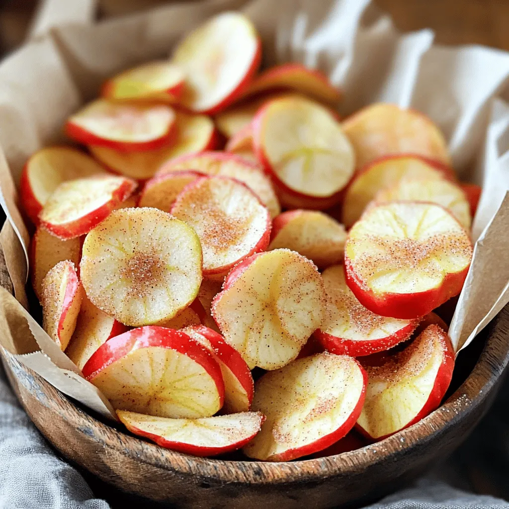 - 3 medium apples (such as Honeycrisp or Fuji) - 1 tablespoon lemon juice - 1 teaspoon cinnamon - 2 tablespoons granulated sugar - A pinch of salt Choosing the right apple is key. Honeycrisp and Fuji are sweet and crisp. Other great options include Gala or Granny Smith for a tart twist. You can swap granulated sugar for honey or agave syrup for a different sweetness. If you want to experiment, try adding nutmeg or ginger for a unique taste. You can even mix in a dash of vanilla for extra flavor. 1. Preheat your oven to 225°F (110°C). Line two baking sheets with parchment paper. 2. Wash the apples well and dry them. Core and slice the apples thinly, about 1/8-inch thick. Keep the skins on for extra texture. 1. In a small bowl, mix the granulated sugar, cinnamon, and a pinch of salt. Stir until blended. 2. Put the apple slices in a large bowl. Drizzle the lemon juice over the slices. Toss gently to coat. 1. Arrange the apple slices in a single layer on the baking sheets. Make sure they do not overlap. 2. Bake in the preheated oven for 2 to 3 hours. Flip the slices halfway through to ensure they bake evenly. The chips should be crisp and dry. 3. Once baked, remove the trays from the oven. Let the chips cool for a few minutes on the sheets. Then, transfer them to a wire rack to cool completely. For the full recipe, refer back to the main section. Thin apple slices are key for a crunchy snack. Aim for about 1/8-inch thickness. Thin slices bake evenly and crisp up nicely. If they are too thick, they will turn out chewy instead of crunchy. To know when your chips are ready, check for a dry and crisp texture. They should not feel soft or bendable. The color may change slightly, but they should not burn. Baking times can vary, so keep an eye on them. You can add a splash of vanilla for a richer taste. It pairs well with cinnamon and apples. A little nutmeg can also add warmth and depth to the flavor. Try using other fruits for variety. Pears and peaches can make great chips too. Just follow the same steps to prepare them. You’ll love experimenting with different fruits! Serving your cinnamon sugar apple chips can be fun! Place them in a rustic bowl for a cozy look. You can also use small paper bags for a snack on the go. For a snack platter, mix your apple chips with nuts and cheese. This adds color and makes a tasty treat. Drizzle some extra cinnamon sugar on top for a sweet touch. Enjoy your beautiful and delicious presentation! {{image_2}} You can spice up your cinnamon sugar apple chips. Try adding cayenne for a kick. Just sprinkle a little on the apple slices before baking. This adds heat that pairs well with the sweet. You might love the extra zing! Another fun twist is making caramelized apple chips. To do this, mix brown sugar with cinnamon. The brown sugar gives a rich flavor. Just coat your apple slices with this mix before baking. The result is a sweet, chewy treat that's hard to resist. If you want a vegan version, you can use maple syrup instead of sugar. Just drizzle it over the apple slices. This keeps the sweetness while making it plant-based. You can also skip the sugar completely for a healthier snack. The natural sweetness from the apples shines through. For those needing gluten-free options, this recipe is already safe. Just ensure the sugar and cinnamon you use are gluten-free. You can enjoy these apple chips without worry! You can swap apples for other fruits like pears or peaches. They work well and give different flavors. Just follow the same steps in the recipe. Each fruit will give a unique taste and texture. You can also create a mixed fruit chip recipe. Combine apples, pears, and even bananas. This mix makes for a colorful and tasty snack. You can enjoy a fruit medley with every bite! For the full recipe, check out the previous section. To keep your cinnamon sugar apple chips fresh, store them in airtight containers. This helps keep moisture out and maintains crispness. Glass jars or plastic containers work well. Make sure the container is tight-fitting. For the best shelf life, place them in a cool, dark place. Avoid direct sunlight or heat. You can freeze apple chips for long-term storage. First, ensure they are completely cool. Lay them flat on a baking sheet and freeze for about an hour. Once frozen, transfer them to a freezer-safe bag. Remove as much air as possible before sealing. To enjoy them later, thaw in the fridge overnight. Reheat in the oven for a few minutes to regain crunch. Check your apple chips for signs of spoilage. If they feel soft or chewy, they may be bad. Look for any discoloration or strange smells. If you notice these, it’s best to throw them away. Proper disposal methods include composting or placing them in the trash to prevent waste. Enjoy your snacks while they are fresh! Homemade cinnamon sugar apple chips can last for about one to two weeks. Store them in an airtight container at room temperature. This helps keep them crunchy. If you want them to last longer, you can freeze them for up to three months. Just place them in a freezer-safe bag. When you're ready to eat, let them thaw at room temperature. Yes, you can make cinnamon sugar apple chips without an oven! A dehydrator works very well for this. Slice the apples as you would for the oven. Set the dehydrator to 135°F (57°C) and let it run for about six to eight hours. Check them often. They should be dry and crisp but not burned. Cinnamon sugar apple chips can be a healthy snack! Apples are high in fiber and vitamins. A serving size is about 1 ounce or 15 chips. Keep in mind that the added sugar does raise the calorie count. You can reduce the sugar if you want a healthier option. Using less sugar still gives a nice flavor. You can find pre-made cinnamon sugar apple chips at many grocery stores. Look for brands like Bare Snacks or Crunchies. They often have a good selection in the snack aisle. You can also check online retailers. Websites like Amazon offer various brands and flavors for easy shopping. In this post, we explored how to make delicious cinnamon sugar apple chips. We covered essential ingredients, preparation steps, baking instructions, and helpful tips to achieve the perfect crunch. You learned about fun variations and the best ways to store your chips. Enjoy making this tasty snack! Experiment with different flavors and fruits as you go. These apple chips make healthy treats for everyone. They will be a hit whether for a quick snack or a fancy platter!