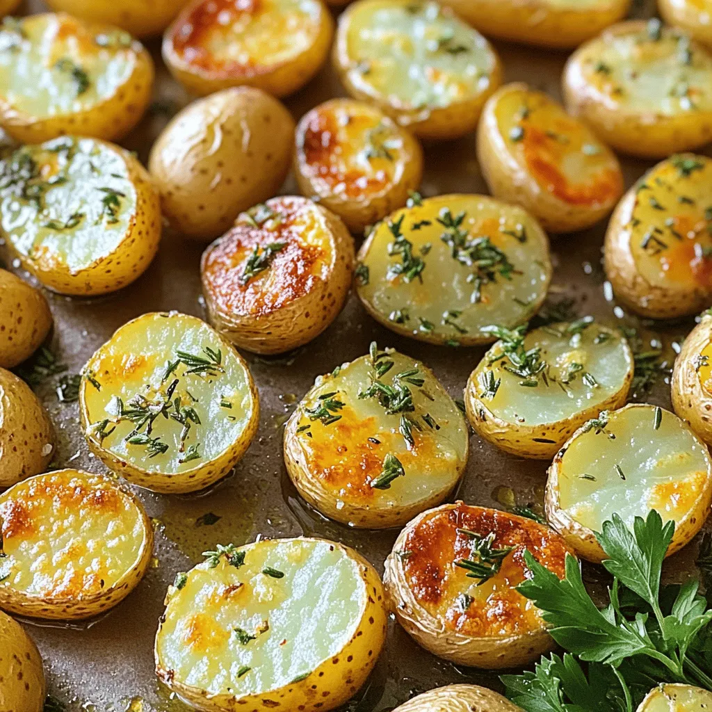 - 2 pounds baby potatoes, halved - 4 cloves garlic, minced - 3 tablespoons olive oil The base of our dish is baby potatoes. Their small size gives a nice bite. I prefer using baby potatoes because they roast evenly. Next, we need garlic. Fresh minced garlic adds a strong flavor that complements potatoes. Finally, olive oil helps achieve that crispy texture we all love. - 1 tablespoon fresh rosemary, chopped - 1 tablespoon fresh thyme, chopped - 1 teaspoon smoked paprika Herbs bring life to our roasted potatoes. Fresh rosemary adds a piney taste. It pairs well with the earthy flavor of potatoes. Thyme also enhances our dish with its subtle sweetness. Smoked paprika adds a hint of smokiness, giving depth to our flavor profile. - Importance of seasoning Seasoning is key to making our potatoes tasty. Salt brings out the natural flavors in the potatoes. Pepper adds a mild heat that balances the dish. Don’t skip this step! Proper seasoning can make or break your meal. First, let's get those baby potatoes ready. Start by halving the potatoes. Use a sharp knife and cut them right down the middle. This helps them cook evenly. Next, we need our garlic. Take four cloves of garlic and mince them finely. A good, sharp knife makes this job easier. The smell of fresh garlic adds a great flavor to the dish. Now, it’s time to mix everything together. In a big bowl, place the halved potatoes and the minced garlic. Then, add three tablespoons of olive oil. This oil helps the potatoes to roast nicely. Next, sprinkle in one tablespoon each of fresh rosemary and thyme. Don’t forget one teaspoon of smoked paprika, plus salt and pepper to taste. To combine, use a spoon or your hands. Toss all the ingredients together. Make sure the potatoes are well-coated in the oil and herbs. This step is key for flavor! Before we roast, we need to preheat the oven. Set it to 425°F (220°C). This high heat will make the potatoes crispy. Once the oven is hot, spread the seasoned potatoes on a baking sheet lined with parchment paper. Make sure not to crowd the potatoes. Roast them for about 25-30 minutes. Remember to turn them halfway through cooking. This helps them brown evenly. When they turn golden brown and crispy, they’re ready. Let them cool for a minute. Garnish with chopped parsley before serving. Enjoy your garlic herb roasted potatoes! For the full recipe, check out the details above. To get that crispy edge, start with dry potatoes. After washing them, pat them down with a towel. This helps them roast better. Always cut your baby potatoes into even halves. This way, they cook at the same rate. If some pieces are bigger, they may stay soft while others get crispy. One big mistake is overcrowding the baking sheet. If you pile too many potatoes together, they will steam instead of roast. Steam makes them soft, not crispy. Another mistake is not using enough oil or seasoning. The oil helps them brown and the herbs add flavor. Make sure to coat them well for the best taste. Use a heavy baking sheet. A thicker sheet helps with even cooking and browning. Lining it with parchment paper makes cleanup easy. For mixing, a large bowl works best. A spatula or wooden spoon helps to toss the potatoes well without breaking them. These simple tools make the cooking fun and easy. For the full recipe, check out the detailed instructions above. {{image_2}} You can make garlic herb roasted potatoes even tastier. Adding cheese gives a rich flavor. Try sharp cheddar or creamy parmesan. Just sprinkle it on top before baking. The cheese melts and creates a crusty layer. Using different herbs can change the taste too. Basil and oregano work well for Italian flair. You can use dill for a fresh twist. Experiment with your favorite herbs for unique flavors. You can easily adapt this recipe for a vegan diet. Simply use oil instead of butter. This keeps the dish plant-based and tasty. For gluten-free options, this recipe is already safe. All the ingredients are naturally gluten-free. Enjoy these potatoes without any worry! Garlic herb roasted potatoes pair well with many dishes. Serve them alongside grilled chicken or baked fish. They also go great with a fresh salad. For a hearty meal, serve them with steak or pork chops. The crispy potatoes add a wonderful crunch to each bite. Add your favorite dipping sauce for an extra kick! For the full recipe, check the details above. To store your garlic herb roasted potatoes, let them cool first. Once cooled, place them in a container. Use an airtight container for best results. This keeps the potatoes fresh and tasty. You can store them in the fridge for up to three days. When reheating, the oven is best for keeping the crispiness. Preheat the oven to 350°F (175°C). Spread the potatoes on a baking sheet. Heat them for about 10-15 minutes. This method crisps them back up nicely. If you use a microwave, the potatoes may get soggy. If needed, heat them in short bursts. You can freeze garlic herb roasted potatoes too! To freeze, let them cool completely. Then, spread them on a baking sheet. Place this in the freezer for a few hours. Once frozen, transfer them to a freezer bag. They can last up to three months in the freezer. To thaw, move them to the fridge overnight. For reheating, use the oven like before. This way, you keep that delicious crispy texture. Enjoy the flavors again! Roast garlic herb potatoes for 25 to 30 minutes at 425°F (220°C). This time ensures they turn golden brown and crispy. I recommend checking them halfway through cooking. Give them a gentle turn for even roasting. Always trust your eyes; they should look crispy and delicious when done. Yes, you can use various potatoes. Red potatoes, Yukon gold, or fingerlings work well. Each type gives a different texture and flavor. For instance, Yukon golds are creamy and buttery. Red potatoes are waxy and hold their shape. Experiment with your favorites to find what you love best! Absolutely! You can prep them ahead of time. Cut the potatoes and mix them with the herbs and oil. Store them in the fridge for up to 24 hours. When ready, just roast them straight from the fridge. This saves time and makes meals easier. Garlic herb roasted potatoes pair well with many dishes. Try serving them with grilled chicken or steak. They also go great with fish or roasted vegetables. For a lighter meal, serve them with a fresh salad. The potatoes add a lovely flavor to any plate! For the full recipe, check the earlier section! Garlic herb roasted potatoes are simple to make and delicious. We covered key ingredients, like baby potatoes and fresh herbs. You learned how to prep, combine, and roast them perfectly. I shared tips to improve texture and avoid common mistakes. In the end, don’t be afraid to experiment with flavors and adjust storage options. Enjoy these potatoes with your favorite dishes and feel proud of your cooking!