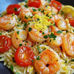 To make Lemon Garlic Shrimp Orzo, gather these fresh ingredients: - 1 pound large shrimp, peeled and deveined - 1 cup orzo pasta - 3 tablespoons olive oil - 4 garlic cloves, minced - 1 lemon (zest and juice) - 1 cup cherry tomatoes, halved - 1/2 cup fresh parsley, chopped - 1/4 teaspoon red pepper flakes (optional) - Salt and pepper, to taste - 1/4 cup Parmesan cheese, grated (for serving) Always choose fresh shrimp for the best flavor. Look for shrimp that smell like the ocean and have a firm texture. Fresh garlic adds a strong, nice taste. For the lemon, get one that is bright and heavy for its size. This means it has plenty of juice. Fresh parsley gives the dish a pop of color and flavor. Always use high-quality olive oil for rich taste. If you can't find large shrimp, medium shrimp work well too. You can also use whole grain orzo if you want a healthier option. For a dairy-free dish, skip the Parmesan cheese or use a vegan alternative. If you prefer a milder taste, replace red pepper flakes with paprika. You can add extra veggies like spinach or bell peppers for more color and nutrition. Start by bringing a large pot of salted water to a boil. Add 1 cup of orzo pasta. Cook it for about 8 to 10 minutes. You want it to be al dente, not mushy. Once done, drain the orzo and set it aside. This pasta adds a nice texture and soaks up flavors well. In a large skillet, heat 2 tablespoons of olive oil over medium heat. Add 4 minced garlic cloves. Sauté them for about 1 minute until they smell great. Next, add 1 pound of large shrimp to the skillet. Sprinkle with salt, pepper, and red pepper flakes if you like a bit of heat. Cook the shrimp for 2 to 3 minutes. They will turn pink and curl up when done. In the same skillet, stir in the cooked orzo, 1 cup of halved cherry tomatoes, the zest and juice of 1 lemon, and half of the chopped parsley. Mix gently so the tomatoes soften a bit but stay whole. Add the last tablespoon of olive oil and toss everything well. Taste and adjust seasoning as needed. Serve hot, garnished with the rest of the parsley and a sprinkle of grated Parmesan cheese. For the full recipe, check the earlier section. To cook shrimp just right, start with fresh shrimp. Look for shrimp that smell like the sea. If you use frozen shrimp, thaw them properly. This keeps the texture soft. Heat your pan before adding shrimp. This helps them cook quickly and evenly. Cook shrimp for 2-3 minutes until they turn pink. Overcooking makes them tough and chewy. Always season shrimp with salt and pepper before cooking. This enhances their natural flavor. To boost the flavor, use quality olive oil. It adds richness and depth. Fresh garlic makes a big difference. Mince it finely to release its strong taste. The zest and juice of fresh lemons brighten the dish. They add a nice tang that pairs well with shrimp. Adding cherry tomatoes brings sweetness and color. For a kick, sprinkle in red pepper flakes. This adds warmth without being too spicy. Fresh parsley gives a pop of freshness. Always taste and adjust seasoning before serving. Serve Lemon Garlic Shrimp Orzo in a large bowl for family style. This invites everyone to dig in. Top with grated Parmesan cheese for added creaminess. A squeeze of fresh lemon just before serving brightens the dish. Pair it with a simple side salad for balance. A light vinaigrette complements the flavors nicely. For extra crunch, serve with toasted bread. This makes the meal filling and satisfying. Check out the Full Recipe for detailed steps and tips! {{image_2}} You can make Lemon Garlic Shrimp Orzo even better by adding vegetables. Fresh greens like spinach or arugula mix well with the dish. You could also add bell peppers for a sweet crunch. If you want more color, try diced zucchini or asparagus. These veggies cook quickly and keep their bright colors. Adding them boosts nutrition and flavor. Simply toss them in when you sauté the shrimp. If you like heat, adding spice will make this dish pop. You can use red pepper flakes, as listed in the recipe. For more heat, try minced jalapeños or a dash of hot sauce. Both add a nice kick. Just remember to start small and taste as you go. You can always add more spice, but it’s hard to take it out once it's in. Not a fan of shrimp? You can swap it for other proteins. Chicken or scallops work great in this dish. If you prefer a plant-based option, try chickpeas or tofu. Both soak up the lemon and garlic flavors well. Just adjust cooking times to ensure everything cooks through. This flexibility makes the recipe fun and versatile. You can make it your own with your favorite ingredients. You can store Lemon Garlic Shrimp Orzo in an airtight container. Let the dish cool first. Once cooled, place it in the fridge. It stays fresh for up to three days. For longer storage, freeze it in a safe container. It will keep for about two months in the freezer. To reheat, take the orzo out of the fridge or freezer. If frozen, let it thaw overnight in the fridge. Heat it in a skillet over medium heat. Add a splash of water or olive oil to prevent sticking. Stir often until warm. You can also use a microwave. Heat in short bursts, stirring in between. Make this dish ahead for busy days. Cook the orzo and shrimp separately. Store them in the fridge until you are ready to eat. Add fresh ingredients like parsley and tomatoes when serving. This keeps the flavors fresh and bright. I recommend checking the Full Recipe for detailed steps. This dish takes about 30 minutes to prepare. You spend 10 minutes prepping and 20 minutes cooking. It’s quick and perfect for a weeknight meal. Yes, you can use frozen shrimp. Just thaw them before cooking. This makes it easy to enjoy this meal anytime. You can serve it with a fresh salad or crusty bread. A side of steamed veggies complements the dish well too. No, this recipe is not gluten-free. The orzo pasta contains gluten. You can use gluten-free pasta as a substitute for a gluten-free option. To make it vegetarian, skip the shrimp and add veggies instead. You can use zucchini, asparagus, or bell peppers. This keeps the dish bright and tasty while making it plant-based. For the complete details and instructions, refer to the Full Recipe. This blog post covered essential details for making Lemon Garlic Shrimp Orzo. You learned about important ingredients, cooking steps, and tips for perfect results. I shared ways to store leftovers and meal prep ideas. Explore variations to make it your own, like adding veggies or choosing different proteins. Try using frozen shrimp or altering flavors to suit your taste. Enjoy making this dish, and remember, cooking should be fun and creative!