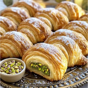- 1 package of store-bought puff pastry (2 sheets) - 1 cup shelled pistachios, finely ground - 1/4 cup sugar - 1/4 cup unsalted butter, softened - 1 egg (for egg wash) - 1 teaspoon vanilla extract - 1/2 teaspoon almond extract - Pinch of salt - Powdered sugar for dusting Each ingredient plays a key role in the flavor and texture of our croissants. The puff pastry gives a light and flaky crust. The finely ground pistachios add a rich, nutty taste. Sugar balances the flavors and helps with browning. Softened butter gives a nice richness. The egg wash creates a shiny, golden finish. Vanilla and almond extracts add depth. Lastly, salt enhances all the flavors. You can find quality pistachios at local markets or specialty stores. Look for fresh, bright green nuts without any blemishes. For pistachio paste, check health food stores or online. Make sure it has no added sugars or oils for the best taste. Using high-quality ingredients makes a big difference in your croissants. First, gather all your ingredients. This makes the process smooth and fun. Preheat your oven to 400°F (200°C). Line a baking sheet with parchment paper to avoid sticking. Next, mix the pistachios, sugar, softened butter, vanilla, almond extract, and salt in a medium bowl. Stir until you get a smooth paste. This filling is the star of your croissants! Roll out each sheet of puff pastry. You want it to be about 1/8 inch thick. Cut each sheet into four triangles. This shape helps in rolling them up nicely. Place about 1 tablespoon of the pistachio filling on the wide end of each triangle. Make sure to spread it evenly. Then, roll the triangle from the wide end towards the pointed end. Tuck in the ends to form a crescent shape. Put each croissant on your prepared baking sheet. Next, beat the egg in a small bowl. Brush the egg wash over each croissant. This step gives them a beautiful, golden finish when baked. Bake in the oven for 15-20 minutes. Look for a puffed and golden brown appearance. Once they are ready, let them cool for a few minutes on the baking sheet. Then, transfer them to a wire rack. Finally, dust with powdered sugar for a lovely finish. To make perfect pistachio filled croissants, keep these tips in mind: - Use cold puff pastry. This helps them rise better. - Don’t overfill the croissants. It can make rolling tricky. - Brush the egg wash evenly. This ensures even coloring. - Keep an eye on them while baking. Ovens can vary in heat. For the best results, bake your croissants at 400°F (200°C). This temperature creates a nice balance of crispiness and fluffiness. Bake for 15-20 minutes. Check for a golden brown color to know they're ready. Enjoy them warm or after they cool! For the full recipe, you can refer back to the earlier section. When baking croissants, avoid common mistakes to get the best results. First, do not skip chilling the dough. Cold dough helps create layers. If the butter melts too soon, your croissants will be dense. Second, do not rush the rolling process. Take your time to roll evenly. Uneven layers lead to uneven textures. Lastly, avoid overcrowding the baking sheet. Croissants need space to puff up and expand. To get that perfect flaky texture, start with cold ingredients. Cold butter and dough help form those lovely layers. Roll the dough out gently, and fold it properly. Each fold creates more layers. Use a light hand while shaping the croissants. If you press too hard, the layers will stick together. Finally, bake at a high temperature. This helps the layers rise quickly and get that golden, flaky crust. Having the right tools makes croissant baking easier. Here are some must-haves: - Rolling pin: For even dough thickness. - Parchment paper: Keeps croissants from sticking to the baking sheet. - Sharp knife or pastry cutter: For clean cuts when shaping. - Baking sheet: A sturdy surface for baking. - Pastry brush: For applying the egg wash smoothly. These tools help ensure your pistachio filled croissants come out perfectly every time. For more details, check the Full Recipe. {{image_2}} Pistachio filled croissants are tasty, but you can mix it up! Try almond filling for a nutty twist. You can also use chocolate for a sweet surprise. Hazelnut paste gives a rich flavor. For a fruity taste, spread raspberry or apricot jam inside. The options are endless! Serve your croissants warm, fresh from the oven. Arrange them on a pretty platter for guests. You can pair them with coffee or tea for a cozy breakfast. A drizzle of honey adds sweetness. If you want extra crunch, sprinkle crushed pistachios on top. Add a side of whipped cream for a touch of luxury! To make your croissants pop, try adding citrus zest. Lemon or orange zest brightens the flavor. You can also sprinkle in spices like cinnamon or cardamom for warmth. A hint of nutmeg can bring a holiday feeling. Experiment with different flavors to find your favorite combination. For the full recipe, check out the detailed steps in the Full Recipe section! To keep your pistachio filled croissants fresh, store them in an airtight container. This helps keep moisture in and air out. Place a piece of parchment paper between layers to avoid sticking. Keep the container in a cool, dry spot away from heat. Leftover croissants stay fresh for up to two days this way. When you want to enjoy your croissants again, preheat your oven to 350°F (175°C). Place the croissants on a baking sheet. Heat them for about 5 to 10 minutes. This warms them and brings back their crispness. Avoid using the microwave, as it can make them soggy. If you have extra croissants, freezing is a great option. Wrap each croissant tightly in plastic wrap. Then, place them in a freezer bag. They can last up to two months in the freezer. When you're ready to eat, thaw them in the fridge overnight. Then, reheat in the oven for a fresh taste. Yes, you can use homemade puff pastry. It can add a fresh flavor. Making your own can be tricky, but it’s rewarding. Homemade pastry can be flakier and tastier. Just roll it out to the right thickness, about 1/8 inch. Then, follow the same steps in the Full Recipe. If you don’t have pistachio paste, you can make your own. Blend shelled pistachios with a little oil until smooth. You can also use almond paste or hazelnut paste. They will change the flavor, but they work well. You may need to adjust the sugar in the recipe for taste. Pistachio Filled Croissants taste best fresh. You can keep them at room temperature for 1-2 days. If you want to keep them longer, store them in the fridge for up to a week. Make sure to wrap them well to avoid drying out. You can also freeze them for up to a month. Just reheat them in the oven for a crispy finish. Making Pistachio Filled Croissants is a fun and rewarding process. We covered key ingredients, preparation steps, and helpful tips for baking. You learned about different fillings, storage methods, and common mistakes to avoid. With practice, you can create croissants that impress anyone. Embrace your creativity with flavors and enjoy the tasty rewards of your baking journey. Happy baking!