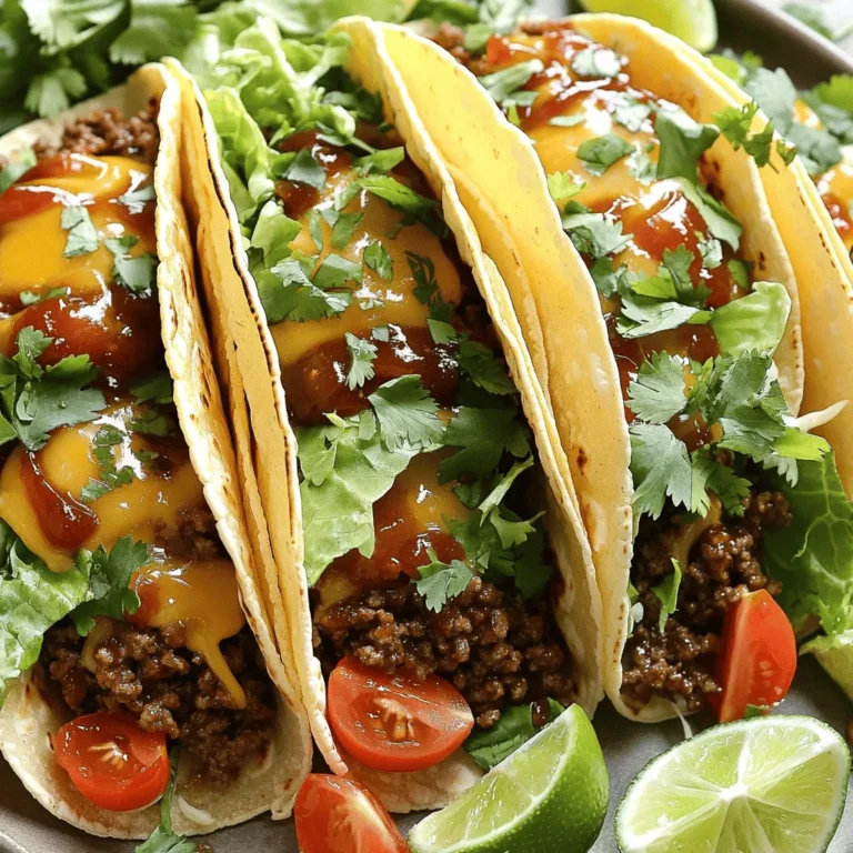 To make Garlic Butter Honey BBQ Tacos, you need these ingredients: - 1 lb ground beef (or chicken for a lighter option) - 4 cloves garlic, minced - 4 tablespoons unsalted butter - 1/4 cup honey - 1/4 cup BBQ sauce (your favorite flavor) - 1 teaspoon smoked paprika - 1/2 teaspoon cayenne pepper (optional for heat) - 8 small corn or flour tortillas - 1 cup shredded lettuce - 1 cup diced tomatoes - 1 cup shredded cheese (cheddar or Mexican blend) - Fresh cilantro for garnish - Lime wedges for serving Using quality brands can enhance your dish. For ground beef, I recommend using grass-fed options, like 100% grass-fed Angus. For BBQ sauce, Sweet Baby Ray's is a popular choice for its rich flavor. When it comes to cheese, look for Tillamook or Sargento for their creamy texture. For tortillas, I prefer Mission or La Banderita for their softness and taste. You can swap ingredients based on your taste or diet. For the protein, try turkey or tofu for a lighter choice. Use olive oil instead of butter for a healthier fat. Maple syrup can replace honey if you want a vegan option. If you want less heat, skip the cayenne pepper. You can also use any cheese you like or add avocado for creaminess. These swaps help you make the recipe your own while keeping the flavors vibrant and fun. For the full recipe, check out the earlier section. Start by melting the butter in a large skillet over medium heat. Add the minced garlic and let it cook until it smells great, about 1-2 minutes. Next, add your ground beef or chicken. Break it apart with a spatula and cook until it turns brown, which takes about 5-7 minutes. After the meat is browned, mix in the honey, BBQ sauce, smoked paprika, and cayenne pepper if you like some heat. Cook this for another 2-3 minutes. You want the meat to soak up all those yummy flavors. While the meat cooks, get another skillet and warm your tortillas. Heat them over medium heat for about 30 seconds on each side. You want them to be soft and easy to fold. This step makes a big difference in how your tacos taste. Warm tortillas help hold all the tasty filling. Now it’s time to make your tacos! Take a warm tortilla and put a big spoonful of the BBQ meat mixture in the center. Next, add shredded lettuce, diced tomatoes, and cheese on top. For the finishing touch, sprinkle fresh cilantro over everything. Don't forget to serve lime wedges on the side for a zesty kick. For the full recipe, make sure to check out the details above! To boost the taste of your Garlic Butter Honey BBQ Tacos, try adding more spices. A pinch of cumin or garlic powder can add depth. You can also mix in a splash of lime juice to brighten the flavor. Don’t forget to taste as you go. This helps you adjust the sweetness or heat to your liking. One common mistake is overcooking the meat. Keep an eye on it to avoid dryness. Another mistake is skimping on the sauce. The BBQ sauce and honey mix is key to the flavor. Make sure each bite is saucy and delicious. Lastly, do not skip warming the tortillas. Warm tortillas are soft and easy to fold, making for better tacos. Serve your tacos with fresh lime wedges. They add a zesty kick that pairs well with the BBQ sauce. You can also offer extra toppings like avocado or jalapeños for added flavor and texture. For a fun twist, try serving the tacos on a colorful platter. This makes them more inviting and eye-catching. For the full recipe, check out the detailed instructions above. {{image_2}} You can switch up the meat in these tacos. Ground turkey makes a great choice. It’s lean and still packs flavor. Shredded pork is another fun option. Just cook it low and slow for tender bites. You can even use diced chicken for a lighter meal. Each protein brings its own taste to the dish. If you want a plant-based taco, try using mushrooms. They add a lovely, meaty texture. You can also use lentils or black beans for protein. Just cook them with the garlic and butter for great flavor. For a vegan twist, swap butter for olive oil. Use maple syrup instead of honey for sweetness. Toppings can make your tacos shine. Try adding avocado slices for creaminess. You can also sprinkle on some pickled onions for a tangy kick. Jalapeños add heat if you like spice. Fresh corn, radishes, or pineapple can give a nice crunch. Don't forget a squeeze of lime juice for brightness. For the full recipe, check the complete Garlic Butter Honey BBQ Tacos details. After enjoying your Garlic Butter Honey BBQ Tacos, you might have some leftovers. To store them, first allow the tacos to cool down. Place them in an airtight container. You can keep them in the fridge for up to three days. Make sure to separate the meat from the tortillas to prevent sogginess. If you want to keep the tacos fresh, wrap the tortillas in foil or plastic wrap. When you’re ready to eat the leftovers, reheating is simple. For best results, use a skillet. Heat the skillet over medium heat. Add the taco meat and warm it for about 3-5 minutes. Stir it often to heat evenly. To warm the tortillas, place them in the skillet for about 30 seconds on each side. You can also use the microwave. Just place the tacos on a plate and cover with a damp paper towel. Heat for about 1 minute or until warm. If you want to save some tacos for later, freezing is a great option. Start by cooling the meat completely. Place it in freezer-safe bags or containers. You can freeze the meat for up to three months. I suggest freezing the tortillas separately. When you’re ready to eat, thaw the meat in the fridge overnight. Reheat it on the stove. Warm the tortillas fresh before serving. For the best flavor, always enjoy them as soon as possible. For the complete recipe, check out the Full Recipe section. These tacos shine on their own, but sides can elevate your meal. Consider serving them with: - Mexican rice for a hearty addition. - Refried beans for a creamy texture. - A fresh avocado salad for a cool crunch. - Tortilla chips with salsa for a fun snack. Each of these pairs well with the sweet and savory notes of the tacos. Yes, you can prepare these tacos ahead of time. Cook the meat mixture and store it in the fridge. Reheat it before serving. Warm the tortillas just before you eat for the best taste. Assemble the tacos right before serving to keep them fresh. The spice level in these tacos is mild to medium. You control the heat by adding cayenne pepper. If you prefer a kick, add more. For a milder taste, leave it out. The garlic and honey balance the flavors nicely, making them enjoyable for everyone. For the complete recipe, check out the Full Recipe. This blog post shared all the key steps to make great tacos. We covered ingredients, cooking processes, and tasty tips. I shared ideas for variations and how to store leftovers too. Tacos are fun and easy to customize. Remember, you can mix and match flavors to fit your taste. Whether you enjoy meat or prefer vegan options, taco night can be a hit. With these tips, you’ll create tasty tacos every time. Enjoy the process and have fun in the kitchen!