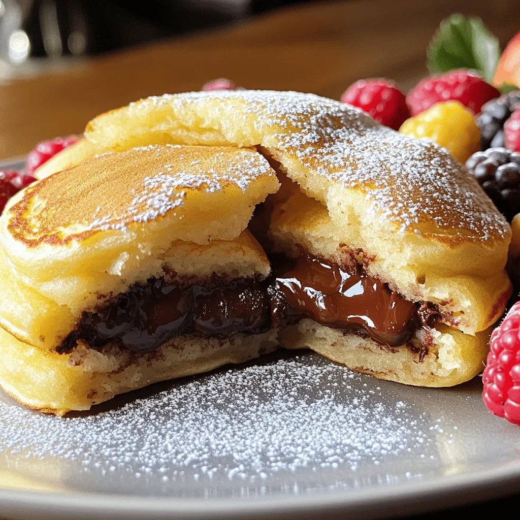 To make Nutella stuffed pancakes, you'll need simple ingredients. Gather these items before you start cooking. - 1 cup all-purpose flour - 2 tablespoons sugar - 1 teaspoon baking powder - 1/2 teaspoon baking soda - 1/4 teaspoon salt - 1 cup buttermilk - 1 large egg - 2 tablespoons melted butter - 1/2 cup Nutella - Cooking butter or oil - Powdered sugar for serving (optional) - Fresh berries for garnish (optional) These ingredients create the perfect base for fluffy pancakes filled with creamy Nutella. Each component plays a key role in the taste and texture. The flour gives structure, while the buttermilk adds moisture and tang. The Nutella provides a rich, chocolatey surprise. You can also add toppings for extra flavor and fun. For the full recipe, follow the detailed instructions that guide you through every step. - Mixing dry ingredients: Start by taking a mixing bowl. Add 1 cup of all-purpose flour, 2 tablespoons of sugar, 1 teaspoon of baking powder, 1/2 teaspoon of baking soda, and 1/4 teaspoon of salt. Whisk them together until they blend well. - Combining wet ingredients: In a separate bowl, mix 1 cup of buttermilk, 1 large egg, and 2 tablespoons of melted butter. Stir until smooth and you see no lumps. - Combining wet and dry mixtures: Pour the wet mix into the dry mix. Stir gently until just combined. A few lumps are fine. Overmixing can lead to tough pancakes. - Preheating the skillet: Heat a non-stick skillet over medium heat. Add a little butter or oil to grease it. Wait until the skillet is hot but not smoking. - Pouring batter and adding Nutella: Pour about 1/4 cup of batter onto the skillet. Use the back of a spoon to make a small well in the center. Drop in 1 tablespoon of Nutella. Cover it with a little more batter. - Cooking time for perfect pancakes: Cook for 2-3 minutes. Look for bubbles forming on the surface. The edges should look set, which means it's time to flip. Cook for another 2-3 minutes until golden brown. - Flipping technique: When you flip, do it gently. Use a spatula to slide under the pancake. Flip quickly to keep the Nutella inside. - Serving suggestions: Serve the pancakes warm. Dust them with powdered sugar. You can also add fresh berries on top for a tasty touch. For the full recipe, refer to the earlier section. To make fluffy pancakes, do not overmix your batter. Overmixing makes the pancakes tough. Stir just until the dry and wet ingredients blend. A few lumps are okay! Heat is also key for cooking evenly. Start with medium heat. If your pancakes brown too fast, lower the heat. You want a nice golden color, not burnt edges. Evenly distribute the Nutella for the best results. When pouring the batter, create a small well in the center. This gives the Nutella room to sit. Use about one tablespoon of Nutella per pancake. To avoid overflow, cover the Nutella gently. Use just enough batter to enclose it. This keeps your Nutella inside when cooking. The best toppings for Nutella stuffed pancakes include powdered sugar and fresh berries. These add sweetness and color. You might also enjoy whipped cream or a drizzle of chocolate sauce. For drinks, coffee or hot chocolate pairs well. If you like something fruity, a berry smoothie is a great choice. Enjoying your pancakes with the right drink elevates the whole meal! For the full recipe, check the Full Recipe section. {{image_2}} You can switch Nutella for other tasty spreads. Peanut butter is a great choice. It adds a nice, nutty flavor. Almond butter gives a unique twist, too. You can even try cookie butter for a sweet treat. Adding flavor extracts can enhance your pancakes. Vanilla or hazelnut extract pairs well with chocolate. A drop of coffee extract can give a rich depth. If you need gluten-free options, use almond flour or gluten-free all-purpose flour. You can still enjoy fluffy pancakes without gluten. For vegan-friendly adaptations, replace the egg with a flax egg. Mix one tablespoon of ground flaxseed with three tablespoons of water. Use plant-based milk instead of buttermilk. Coconut oil can replace melted butter for a vegan twist. Adding fruits to the batter makes it fun and fruity. Blueberries or bananas work great in pancakes. You can mash ripe bananas and fold them in. Another option is to sprinkle chocolate chips into the batter. The warm chocolate will melt, adding extra sweetness. Try mixing in crushed nuts for a crunchy texture. These ideas can take your Nutella stuffed pancakes to the next level. For the full recipe, check out the details above. To keep your Nutella stuffed pancakes fresh, store them properly. If you have leftovers, place the pancakes in an airtight container. They will stay good in the fridge for about 3 days. Make sure they are cooled completely before sealing. This helps prevent moisture buildup. If you want to store pancakes for longer, freezing is a great option. Lay the pancakes in a single layer on a baking sheet. Freeze them for about an hour. Once they are frozen, stack them with parchment paper in between. This prevents sticking. Store them in a freezer-safe bag or container. They can last for up to 2 months in the freezer. Reheating pancakes can be quick and easy. The best method is using a skillet. Heat it over low heat. Place the pancakes in the skillet, and cover it with a lid. This helps warm them through while keeping them nice and soft. You can also use a microwave for reheating. Place the pancakes on a microwave-safe plate. Cover them with a damp paper towel to keep them moist. Heat in short bursts of 15-20 seconds until warm. This method is quick but may not keep the texture as nice. For the best flavor and texture, avoid reheating pancakes in the oven. It can dry them out. With these tips, enjoy your Nutella stuffed pancakes any time! To make Nutella stuffed pancakes, start with the batter. Mix dry ingredients like flour, sugar, and baking powder in one bowl. In another bowl, combine buttermilk, egg, and melted butter. Then, pour the wet mix into the dry mix and stir gently. Next, heat a non-stick skillet over medium heat. Pour about 1/4 cup of batter onto the skillet. Create a small well in the center and add 1 tablespoon of Nutella. Cover it with more batter. Cook for 2-3 minutes, flip, and cook until golden brown. For the full recipe, check the details above. Yes, you can use different types of flour. You can try whole wheat flour or oat flour. Each type will change the flavor and texture a bit. Just remember that gluten-free flour might need more liquid. If you don’t have buttermilk, you can use milk with vinegar or lemon juice. Add 1 tablespoon of vinegar or lemon juice to 1 cup of milk. Let it sit for 5 minutes. This mix works great in pancakes. Your pancakes are done when bubbles form on the surface. The edges should look set and slightly dry. When you flip them, they should be golden brown. If they are dark, your heat may be too high. You can prepare the batter ahead of time. Store it in the fridge for up to 24 hours. Just give it a good stir before using. You can also cook the pancakes ahead, then refrigerate or freeze them. Reheat them in a skillet or toaster. You now have a great recipe for Nutella stuffed pancakes, starting with simple ingredients. We walked through the steps, from mixing batter to cooking the pancakes perfectly. I shared tips for fluffiness and tasty toppings, along with clever variations for every diet. Don't forget how to store and reheat your pancakes for later enjoyment. Experiment and have fun with this recipe. Enjoy your delicious pancakes!