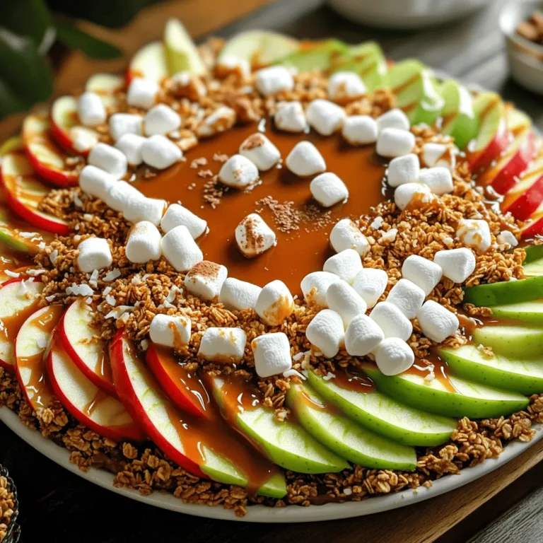 To make tasty Caramel Apple Nachos, you'll need a few simple ingredients. Each one adds flavor and fun to your snack! Here’s what you’ll need: - 4 medium-sized apples (e.g., Granny Smith or Honeycrisp) - 1 cup granola (select a nut mix) - 1 cup mini marshmallows - 1/2 cup caramel sauce (store-bought or homemade) - 1/4 cup chocolate chips or drizzle - 1/4 teaspoon cinnamon - Optional toppings (chopped nuts, shredded coconut, sprinkles) Each ingredient plays a key role in this recipe. The apples provide a fresh crunch. The granola adds texture and nutty flavor. Mini marshmallows give a sweet, soft touch. Caramel sauce brings everything together with its rich, sweet taste. Chocolate adds a delightful twist, and cinnamon enhances the overall flavor. Feel free to get creative with your toppings! Chopped nuts add crunch, while shredded coconut gives a tropical feel. Sprinkles can bring color and fun. You can find the full recipe to see how to combine these ingredients for a delicious treat! - First, wash the apples well. - Slice them into thin wedges. - Remember to remove the core and seeds if needed. - Next, lay the apple slices on a platter or baking sheet. - Overlap the slices to make them look nice. - Now, sprinkle granola over the apple slices. - Add mini marshmallows on top. - Drizzle caramel sauce generously over everything. - Optionally, melt chocolate chips and drizzle them too. - Finally, sprinkle some cinnamon for extra flavor. For the full recipe, check out the detailed instructions above. Enjoy your delicious creation! Choosing the right apples makes a big difference in your nachos. I recommend using Granny Smith or Honeycrisp. Granny Smith apples are tart, while Honeycrisp are sweet and juicy. Mixing these two gives a great balance of flavor. You could also try Fuji or Braeburn for variety. The texture should be crisp and firm, as this helps keep them fresh longer. The way you serve your nachos can make them even more fun. Use a large, colorful platter to catch everyone's eye. You might also try a wooden board or a clear glass dish for a nice touch. For garnishing, consider adding extra toppings like chopped nuts or shredded coconut on the sides. This adds color and makes the dish look vibrant. To keep your apples fresh, store them in the fridge before serving. This helps maintain their crunch. Assemble your nachos just before you serve them. If you wait too long, the apples can get soggy. You want to enjoy that crisp texture right away. For the best taste and presentation, serve them within a few minutes after you build them. {{image_2}} You can switch up the apples with other fruits. Try using pears for a sweet twist. Bananas add a nice creaminess that pairs well. Berries like strawberries or blueberries can give a burst of flavor. Want something tropical? Use mango and pineapple for a fun, sunny vibe! Don’t stop at caramel! You can also use yogurt for a creamy touch. Peanut butter adds richness and pairs well with apples. Want to spice things up? Sprinkle on some nutmeg or ginger for warmth and depth. Make these nachos fit your needs! For a gluten-free option, ensure your granola is certified gluten-free. You can use coconut yogurt or almond butter for vegan-friendly choices. If you're watching sugar, look for sugar-free caramel sauces to keep it sweet without the guilt. For the full recipe, check out the main article. Enjoy your sweet snack! To store leftover Caramel Apple Nachos, follow these tips: - Place the nachos in an airtight container. - Keep the container in the fridge to stay fresh. This method helps prevent the apples from getting soggy. If you plan to store them, try to keep the toppings separate. The apples can last up to three days in the fridge. However, they taste best within the first day. Granola may stay crunchy for about two days. Mini marshmallows will soften quickly, so eat those first. For the caramel sauce, store it in a sealed jar. It can last for weeks if kept cool. To revive stored nachos, you can reheat them briefly in the microwave. Heat in short bursts of 10 seconds. This helps warm the caramel but may soften the apples. To keep the apples crisp, consider adding fresh slices after reheating. Enjoy the crunchy, sweet goodness! For the Full Recipe, check earlier sections. You can prep some parts ahead. Slice the apples just before serving. Apples brown quickly, so keep them fresh. You can also make the caramel sauce in advance. Store it in the fridge until you're ready to use it. Assemble the nachos close to serving time for the best taste. For the best flavor, choose a thick caramel sauce. Store-bought sauces are easy and quick. Homemade caramel sauce can taste richer and creamier. If you want a healthier option, look for natural caramel sauces made with fewer ingredients. Absolutely! You can change the amounts based on your taste. Want more crunch? Add more granola. Prefer sweeter nachos? Increase the caramel. Adjust the toppings to fit your crowd. If you have more guests, double the recipe for a bigger platter. Caramel Apple Nachos offer a mix of flavors and textures. They contain apples, which are high in fiber and vitamins. Granola adds healthy fats and some protein. Mini marshmallows and caramel add sugar, so enjoy in moderation. Each serving has about 250 calories, depending on toppings. Caramel apple nachos are fun and easy to make. You can use different fruits and toppings to suit your taste. Remember to store leftovers in airtight containers to keep them fresh. These nachos are great for parties or snacks. You can also customize them for dietary needs. Enjoy this delicious treat anytime, and don't hesitate to experiment with new flavors. Your creativity can make each batch unique and tasty!