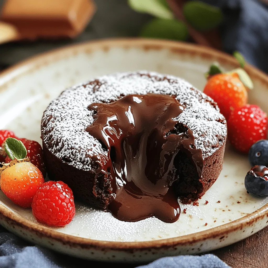 To make a rich chocolate lava cake, you need simple yet key ingredients. This recipe gives you a warm, gooey center that melts in your mouth. You can make this dessert in about 30 minutes. It's perfect for special occasions or a cozy night in. Here are the must-have ingredients for your chocolate lava cake: - 1/2 cup unsalted butter (plus extra for greasing) - 1 cup semi-sweet chocolate chips - 2 large eggs - 2 large egg yolks - 1/4 cup granulated sugar - 2 tablespoons all-purpose flour - 1/2 teaspoon vanilla extract - Pinch of salt These ingredients work together to create a soft, rich cake with a flowing center. The butter and chocolate give it that decadent taste, while the eggs help it rise. You can make your cake even more delightful with these optional ingredients: - Powdered sugar (for dusting) - Fresh berries (for a fruity touch) - Vanilla ice cream (for added creaminess) These optional items can enhance the look and taste of your dessert. They pair well with the warm chocolate and create a beautiful presentation. Enjoy exploring different ways to serve your cake! Start by preheating your oven to 425°F (220°C). Grab four ramekins that can hold 6 oz each. Use some butter to grease the inside of each ramekin. This helps the cake come out easily. Then, sprinkle a little flour inside to prevent sticking. Tap out any extra flour. This simple step makes a big difference. Next, take a microwave-safe bowl and add your butter and chocolate chips. Microwave them for about 30 seconds. Pull it out and stir. If it’s not fully melted, heat it again in 15-second bursts. Keep stirring until smooth. Let the mixture cool for a few minutes. This cooling helps keep the eggs from cooking when mixed in. In a separate bowl, whisk together two large eggs and two egg yolks. Add in the granulated sugar and mix until it looks thick and pale; this should take about three minutes. Next, gently fold the melted chocolate mixture into the egg mix. Be careful not to deflate your eggs. Now, sift in the flour, vanilla extract, and a pinch of salt. Fold until just combined; don’t overmix or your cakes will be tough. Divide the batter evenly among the ramekins, filling them about three-quarters full. Place the ramekins on a baking sheet for easy handling. Bake in your preheated oven for 12 to 14 minutes. The edges should feel firm, while the center stays soft. The tops should look slightly puffed but not fully set. When done, remove them from the oven and let them sit for one minute. Run a knife around the edges, then invert each ramekin onto a plate. A gentle tap helps release the cake. For a lovely touch, dust with powdered sugar and serve with fresh berries. Enjoy your delicious work! For the complete process, refer to the Full Recipe. One common mistake is overmixing the batter. This can make your cake dense. Mix just until all the ingredients blend together. Another mistake is not greasing the ramekins well. If they stick, the cake won’t come out nicely. Use butter and a light dusting of flour to avoid this issue. To get that ideal gooey center, timing is key. Bake for 12-14 minutes, no more. The edges should be firm, but the middle must stay soft. You can even check by gently shaking the ramekin. If it jiggles, it's ready! Serve your chocolate lava cake warm. The heat helps the chocolate flow smoothly when you cut into it. Let it sit for one minute after baking. This allows the cake to set just enough to hold its shape but stay gooey inside. Dust with powdered sugar and add berries for a lovely touch. For an extra treat, top with vanilla ice cream. For more details, you can refer to the Full Recipe. {{image_2}} You can make your chocolate lava cake even more special. Try adding a shot of espresso for a coffee kick. Mix in a teaspoon of orange zest for a fresh, citrusy twist. You can also use mint extract for a cool flavor. Get creative, and find the mix that lights up your taste buds. Do you prefer different chocolate? Dark chocolate gives a richer taste. White chocolate offers a sweet and creamy feel. You can even blend chocolates for a new flavor. Each type brings a unique experience to your lava cake. Explore these options to find your favorite. If you need gluten-free, it’s easy to swap the flour. Use a gluten-free flour blend instead. Make sure it has a good mix of starches to keep the cake light. You can also try almond flour or coconut flour for a nutty twist. With these swaps, everyone can enjoy this delicious dessert. Check out the Full Recipe for detailed steps on making your cake gluten-free. After enjoying your chocolate lava cake, you may have some left. To store it, let the cake cool completely. Place it in an airtight container. This keeps it fresh for up to two days in the fridge. If you plan to eat it later, be sure to cover it well. This way, it won't dry out. When you're ready to enjoy your leftover cake, reheating it is key. Preheat your oven to 350°F (175°C). Place the cake on a baking sheet. Heat it for about 10 minutes. This warms the cake without making it tough. You want to keep that gooey center. If you're in a hurry, you can use the microwave. Heat it for about 15 seconds. Check if it's warm enough. Be careful not to overheat it, or it will lose its magic. If you want to save your chocolate lava cake for later, freezing is a great option. Wrap each cooled cake tightly in plastic wrap. Then, place them in a freezer bag. Make sure to remove as much air as possible. This helps prevent freezer burn. You can freeze them for up to three months. When you're ready to enjoy, let them thaw in the fridge overnight. Then, reheat as described above. This way, you can savor that delicious chocolate goodness anytime! For the full recipe, check out the Divine Chocolate Lava Cake section. You can tell your Chocolate Lava Cake is done when the edges are firm. The center should look soft and slightly jiggly. If the tops puff up but do not set, you are in good shape. A quick tip: set a timer for 12-14 minutes. Check it at 12 minutes for that perfect gooey center. Yes, you can prepare the batter ahead of time! Just fill the ramekins and cover them with plastic wrap. Store them in the fridge for up to 24 hours. When you are ready to bake, just pop them in the oven. You may need to add a minute or two to the baking time since they are cold. You can serve your Chocolate Lava Cake with a few tasty options. Fresh berries, like raspberries or strawberries, add a nice touch. A dusting of powdered sugar makes it look fancy. You could also top it with a scoop of vanilla ice cream for extra creaminess. Each option adds a new layer of flavor and fun! You now have all you need to bake a great chocolate lava cake. Start with simple ingredients and follow the easy steps. Avoid common mistakes for the best gooey center. Experiment with flavors or choose gluten-free options for fun variations. Store leftovers correctly, and you can enjoy this treat later. Remember, practice makes perfect. Each bake brings you closer to that ideal texture and taste. Enjoy the process, and happy baking!