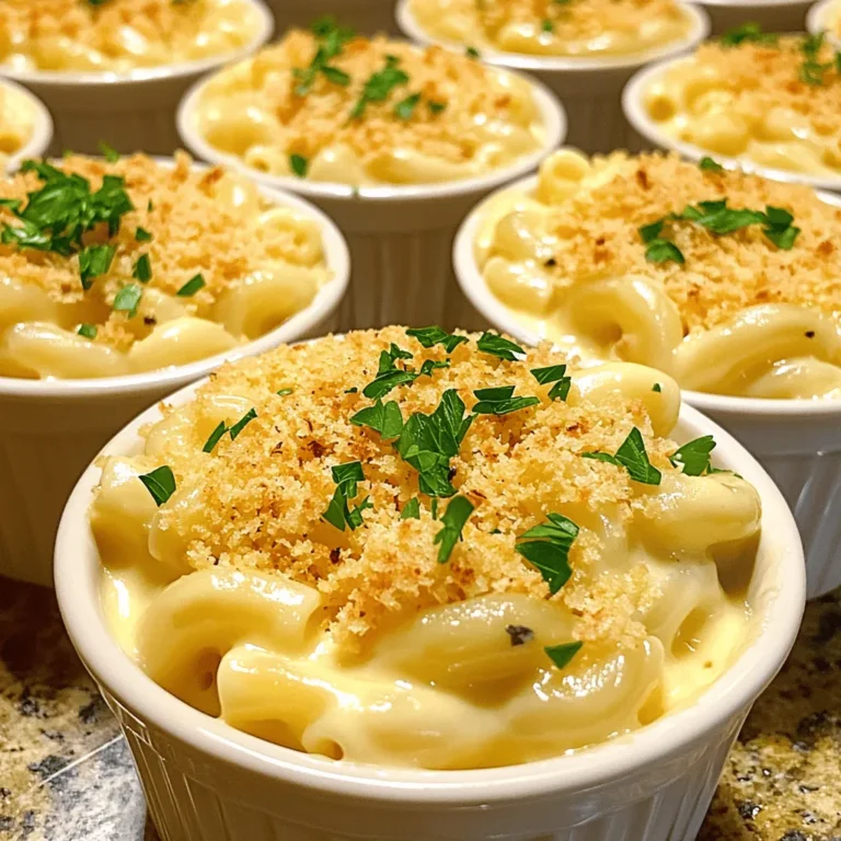 - 8 oz elbow macaroni - 2 cups sharp cheddar cheese, shredded - 1 cup Gruyère cheese, shredded - 1 cup whole milk - 1 cup heavy cream - 4 tablespoons unsalted butter - 3 tablespoons all-purpose flour - 1 teaspoon Dijon mustard - 1 teaspoon garlic powder - 1/2 teaspoon onion powder - Salt and pepper to taste - 1 tablespoon truffle oil - 1 cup panko breadcrumbs - Fresh parsley, chopped for garnish (optional) I love using these ingredients to create the best mac and cheese. The combination of sharp cheddar and Gruyère brings depth to the dish. The cream and milk make it rich and smooth. Truffle oil adds a fancy twist, making it stand out. When picking your cheese, go for quality. Freshly shredded cheese melts better and tastes great. The butter and flour make a nice roux, which is key for a creamy sauce. Use the Dijon mustard and spices to enhance the flavor without overpowering it. Don't skip the panko breadcrumbs. They add a crunchy topping that contrasts the creamy inside. If you like, sprinkle fresh parsley on top for color and a hint of freshness. This list of ingredients sets the stage for a cozy meal. You will enjoy the rich flavors and creamy texture in every bite. For the full recipe, check out the complete guide to making this comforting dish. To cook elbow macaroni to al dente, start with a large pot. Fill it with water and add a pinch of salt. Bring the water to a rolling boil. Add the macaroni and cook it according to the package instructions, usually around 8-10 minutes. You want the pasta to be firm but not hard. Once done, drain the pasta in a colander and set it aside to let it cool slightly. To make the roux, grab a medium saucepan and heat it over medium heat. Melt 4 tablespoons of unsalted butter. Once melted, whisk in 3 tablespoons of all-purpose flour. Cook this mix for about 1-2 minutes until it turns golden. This is your roux base. Now, gradually whisk in 1 cup of whole milk and 1 cup of heavy cream. This slow process prevents lumps from forming. Cook this mixture for about 3-5 minutes until it thickens. Stir in 1 teaspoon of Dijon mustard, 1 teaspoon of garlic powder, and 1/2 teaspoon of onion powder. Add salt and pepper to taste. Finally, remove the pan from heat and mix in 2 cups of shredded cheese until it melts smoothly. In a large mixing bowl, combine the cooked macaroni with your cheese sauce. Mix well until every piece is coated. Now, stir in 1 tablespoon of truffle oil for a gourmet touch. Preheat your oven to 350°F (175°C). Grease a baking dish and transfer the mac and cheese mixture into it. For the topping, mix 1 cup of panko breadcrumbs with a drizzle of olive oil. Sprinkle this evenly over the mac and cheese. Bake for 25-30 minutes until the top is golden brown and bubbly. Remove from the oven and let it cool for a few minutes before serving. For a finishing touch, sprinkle fresh parsley on top. You can find the full recipe for this creamy truffle mac & cheese to make it at home! To get the creamiest mac and cheese, start with your cheese choice. I recommend using a mix of sharp cheddar and Gruyère. The sharp cheddar gives a bold flavor, while Gruyère adds a rich creaminess. Make sure your cheese is freshly shredded. Pre-packaged cheese often has additives that prevent melting well. The milk-to-cream ratio also matters. Using a 1:1 ratio of whole milk and heavy cream works best. This mix keeps the sauce rich but not too heavy. If you want a lighter option, you can increase the milk and reduce the cream. To boost the flavor, try adding fresh herbs or spices. A bit of thyme or rosemary can elevate your dish. You can also sprinkle in some smoked paprika for a subtle kick. For a special touch, drizzle a little truffle oil on top before serving. If you prefer, you can use garlic-infused olive oil or even chili oil for a different twist. How you serve your mac and cheese can make a big difference. For a fancy look, use individual ramekins. This way, each person has their own portion. If you go for a large dish, try to make it look inviting. Top it with panko breadcrumbs for a crunchy layer. Garnishing also adds visual appeal. You can sprinkle chopped parsley or chives on top right before serving. This not only adds color but also brings a fresh taste to the dish. For a touch of elegance, drizzle a tiny bit of truffle oil on top before serving. For the full recipe, check out the [Full Recipe]. {{image_2}} Using different cheeses can change the whole dish. You can mix sharp cheddar with mozzarella for a stretchier bite. Gruyère adds a nice nutty flavor. For a smoky touch, try smoked gouda. If you want a lower-fat option, use part-skim cheeses. They will still melt well. Just remember, low-fat cheese might not be as creamy. Want to make your mac and cheese more fun? Add bacon for a crispy texture. Cook it until golden, then crumble it into the mix. You can also toss in veggies like spinach or broccoli. They add color and nutrition. For a full meal, try adding cooked chicken or shrimp. This makes it hearty and satisfying. If you need a gluten-free option, swap regular pasta for gluten-free macaroni. Check labels to ensure your pasta is safe. For a vegan mac and cheese, use cashew cream or coconut milk instead of dairy. Nutritional yeast gives a cheesy flavor without using cheese. You can also try vegan cheeses made from nuts or soy. They melt well and taste great! For more details on making the perfect mac and cheese, check out the Full Recipe! To store mac and cheese in the fridge, let it cool first. Use an airtight container for best results. This keeps it fresh and tasty. You can store it for about 3 to 5 days. Check for signs of spoilage. If it smells sour or has mold, throw it away. Reheating is easy, just microwave or bake it. Add a splash of milk to restore creaminess when reheating. Freezing mac and cheese is simple. First, cool it completely. Then, spoon it into a freezer-safe container. Make sure to leave some space at the top. This helps with expansion when it freezes. Wrap the container tightly with plastic wrap. For best quality, use it within 2 to 3 months. To reheat frozen mac and cheese, thaw it in the fridge overnight. Bake it at 350°F (175°C) until it's heated through, about 20 to 30 minutes. Add a bit of milk if needed, and enjoy your creamy comfort food again! For the detailed recipe, check out the Full Recipe. The secret lies in the cheese, milk, and technique. For a rich taste, use sharp cheddar and Gruyère cheese. These two cheeses melt well and give the dish depth. You can also add a bit of Dijon mustard for a tangy kick. You need to make a smooth cheese sauce. Start by making a roux with butter and flour. This thickens the sauce and adds flavor. Then, slowly whisk in milk and cream. This step helps avoid lumps. Cook it until thickened. Finally, mix in your cheeses until they melt and become creamy. Using fresh ingredients is key. Fresh cheeses melt better than pre-shredded ones. This will take your mac and cheese to the next level. Yes, you can make mac and cheese ahead of time. Prepare the dish up to the baking step. After mixing the pasta with the cheese sauce, place it in a baking dish. Cover it and store it in the fridge for up to two days. When you're ready to eat, preheat your oven. Bake it for about 30-35 minutes or until bubbly. If it is cold from the fridge, you might need to add a few extra minutes. This method saves you time on busy days. Elbow macaroni is the classic choice for mac and cheese. Its shape holds the cheese sauce well. However, you can use other shapes too. Shells and cavatappi are also great options. They have curves that catch the sauce nicely. Avoid using thin pasta like spaghetti. It does not hold the sauce well. Choose a pasta that can stand up to the creamy cheese. This makes every bite delicious! In this article, we explored the key ingredients, steps, and tips for making creamy truffle mac and cheese. You learned how to cook pasta, create a smooth cheese sauce, and enhance the dish's flavor. Remember, the choice of cheese and add-ins can change the taste. You can customize it for any diet or preference. Follow the storage tips to enjoy leftovers later. Dive in and make this dish your own! Enjoy every cheesy bite.