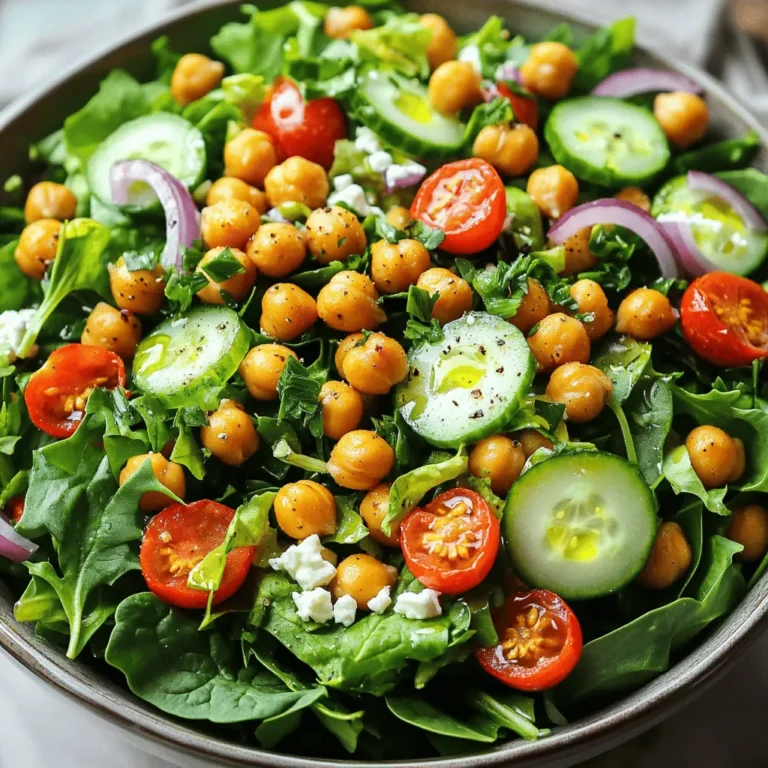 When making a crispy chickpea salad, the right ingredients matter. Here’s what you need: - 1 can (15 oz) chickpeas, rinsed and drained - 2 tablespoons olive oil - 1 teaspoon smoked paprika - 1 teaspoon garlic powder - 1/2 teaspoon cumin - Salt and pepper to taste - 4 cups mixed greens (spinach, arugula, and romaine) - 1 cup cherry tomatoes, halved - 1 cucumber, diced - 1/4 red onion, thinly sliced - 1/4 cup feta cheese, crumbled (optional for a creamier texture) - 2 tablespoons lemon juice - 1 tablespoon balsamic vinegar - Fresh herbs (parsley or cilantro) for garnish These ingredients create a healthy and filling dish. The chickpeas bring protein and fiber. The mixed greens add crunch and freshness. Cherry tomatoes and cucumbers add color and juicy bites. The spices and dressings tie everything together with flavor. I love to use fresh herbs to make the salad pop. You can swap out the feta for other cheeses or leave it out for a vegan version. This recipe is flexible, so feel free to adjust based on your taste or what you have at home. For a full guide on how to prepare this tasty dish, check the Full Recipe. First, preheat your oven to 425°F (220°C). This high heat helps the chickpeas get crispy. Next, take a medium bowl and add the drained chickpeas. Pour in 2 tablespoons of olive oil. Sprinkle in 1 teaspoon of smoked paprika, 1 teaspoon of garlic powder, and 1/2 teaspoon of cumin. Don’t forget salt and pepper to taste! Toss the chickpeas until they are well-coated with the oil and spices. This step is key to getting great flavor. Now, it's time to arrange the chickpeas. Spread them out in a single layer on a baking sheet lined with parchment paper. Make sure they have space to breathe. This helps them roast evenly. Roast the chickpeas for about 25-30 minutes. They should turn golden brown and crispy. Remember to shake the pan halfway through. This ensures they cook evenly and don’t stick together. While the chickpeas roast, prepare the salad base. In a large bowl, mix together 4 cups of mixed greens, 1 cup of halved cherry tomatoes, 1 diced cucumber, and 1/4 thinly sliced red onion. In a small bowl, whisk together 2 tablespoons of lemon juice and 1 tablespoon of balsamic vinegar. Drizzle this over your salad mix and toss gently to coat. Once the chickpeas are done roasting, let them cool just a bit. Then, add them to the salad. If you want a creamier texture, sprinkle 1/4 cup of crumbled feta cheese on top. Toss everything gently again. For a final touch, garnish your salad with fresh herbs like parsley or cilantro. Enjoy this delicious, healthy, and filling delight! For the full recipe, check out the details above. To get your chickpeas nice and crunchy, set your oven to 425°F (220°C). This high heat helps them roast evenly. While cooking, make sure to shake the baking pan halfway through. This step keeps the chickpeas from sticking and helps them cook all around. You want every bite to be crispy! Adding herbs and spices can elevate your chickpeas. Try using oregano, thyme, or chili powder for a kick. For dressings, you can mix lemon juice with olive oil and a bit of honey. This blend adds zing to your salad. You can also play with balsamic vinegar for a sweet twist. Pair this salad with crusty bread or grilled chicken for a full meal. You can serve it in a large bowl, making it easy to share. For a stunning look, layer the crispy chickpeas on top. A drizzle of olive oil can add extra shine and appeal. If you want, sprinkle some fresh herbs on top for color and freshness. This salad not only tastes good but looks amazing too! For the complete recipe, check out the [Full Recipe]. {{image_2}} If you want to change things up, try different beans instead of chickpeas. Black beans or white beans work well. You can also use lentils for a nice twist. For greens, you can swap mixed greens with kale or romaine. Each choice brings its own flavor and texture. This salad is already vegan and gluten-free. If you want more protein, add grilled chicken or diced tofu. Both options boost the protein without losing taste. You can also add hard-boiled eggs for extra richness. These swaps keep the salad filling and satisfying. Using seasonal produce makes your salad fresh and vibrant. In summer, add juicy peaches or sweet corn. For fall, try roasted butternut squash or apples. These ingredients not only taste great but also add color to your dish. Feel free to adjust based on what’s available at your local market. For the full recipe, check out the recipe section. To keep your crispy chickpea salad fresh, store it in an airtight container. This helps prevent air from making the salad soggy. You can put the salad in the fridge for up to three days. If you plan to save the salad, keep the crispy chickpeas separate. This way, they stay crunchy and tasty. You can add them back just before serving. For best results, use glass containers. They don’t stain and keep the food fresh. Reheating crispy chickpeas can be tricky. You want to keep them crunchy, not soft. To do this, spread them on a baking sheet. Then, put them in a preheated oven at 350°F (175°C) for about 5-10 minutes. This will help them regain their crispiness. Avoid using the microwave, as it makes them soggy. Instead, enjoy them hot and crispy atop your salad for the best flavor. Can I make this salad ahead of time? Yes, you can prepare the salad ahead. Keep the crispy chickpeas separate until ready to serve. This way, they stay crunchy. You can mix the salad base and dressing in advance. Just store them in airtight containers in the fridge. What can I substitute for feta cheese? If you want a dairy-free option, try using avocado. It adds creaminess and healthy fats. Crumbled tofu is another great choice. You can also use nutritional yeast for a cheesy flavor without dairy. How can I increase the protein content of this salad? To boost protein, add grilled chicken or chickpea pasta. You can also mix in some quinoa or lentils. Nuts and seeds, like almonds or sunflower seeds, work well too. These ingredients will make the salad more filling. For the full recipe, check out the Crispy Chickpea Salad 🥗 section! This blog post covered how to make a tasty crispy chickpea salad. We talked about key ingredients, step-by-step prep, and helpful tips. You learned about storage and great serving ideas. In the end, mixing fresh ingredients and crispy chickpeas leads to a satisfying meal. Try your own twists for the best flavor. Enjoy your cooking journey!