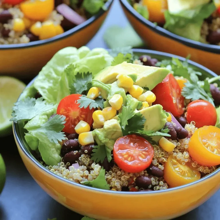 - 1 cup quinoa, rinsed and drained - 2 cups vegetable broth - 1 can (15 oz) black beans, rinsed and drained - 1 cup corn (fresh or frozen) - 1 red bell pepper, diced - 1 small red onion, finely chopped - 1 avocado, diced - 1 cup cherry tomatoes, halved - 1 cup shredded lettuce - Fresh cilantro, for garnish - Lime wedges, for serving The main ingredients are simple and fresh. Quinoa serves as the hearty base. It cooks in vegetable broth for extra flavor. Black beans add protein and fiber. Corn gives sweetness and crunch. The bell pepper and onion provide a nice bite. Avocado adds creaminess, while tomatoes bring juiciness. Finally, lettuce adds a fresh, crisp touch. - 1 teaspoon cumin - 1 teaspoon smoked paprika - 1 teaspoon chili powder - Salt and pepper to taste Spices make your salad pop. Cumin adds warmth, while smoked paprika gives a slight smokiness. Chili powder adds a touch of heat. Salt and pepper enhance all the flavors. Adjust them to fit your taste. - 2 tablespoons olive oil A simple dressing ties everything together. Olive oil adds richness and helps the spices stick to the veggies. You can mix it with the spices for a quick flavor boost. For the Full Recipe, you can follow the detailed steps to create this vibrant dish. Enjoy your cooking! To cook the quinoa, combine 1 cup of rinsed quinoa and 2 cups of vegetable broth in a medium saucepan. Bring it to a boil over high heat. Once it boils, reduce the heat to low and cover the pot. Let it simmer for about 15 minutes. The quinoa will be fluffy and the liquid will be gone. Set it aside to cool slightly. While the quinoa cooks, prepare the dressing. In a small bowl, whisk together 2 tablespoons of olive oil, 1 teaspoon of cumin, 1 teaspoon of smoked paprika, 1 teaspoon of chili powder, and salt and pepper to taste. Mix it well until it is smooth. This dressing adds a lot of flavor to the salad. In a large mixing bowl, mix together 1 can of rinsed black beans, 1 cup of corn, 1 diced red bell pepper, 1 finely chopped small red onion, and 1 cup of halved cherry tomatoes. Pour the dressing over the mixture and toss gently. Once the quinoa has cooled a bit, layer it in bowls as the base. Top each bowl with the bean mixture, followed by diced avocado and 1 cup of shredded lettuce. Garnish with fresh cilantro and serve with lime wedges for squeezing over the salad. Enjoy your vibrant Vegan Taco Salad Bowls! For the full recipe, check out the complete guide. To cook quinoa perfectly, rinse it well before cooking. This helps remove its bitter coating. Use a 2:1 ratio of vegetable broth to quinoa. Bring the broth to a boil, then reduce to a simmer. Cover the pot and cook for about 15 minutes. Once done, let it sit for a few minutes before fluffing with a fork. The quinoa should be light and airy, not mushy. You can make this salad your own by adding your favorite vegetables. Try diced cucumbers, shredded carrots, or even roasted sweet potatoes. For extra protein, add chickpeas or tofu. You can also mix in nuts or seeds like pumpkin seeds or walnuts for crunch. These additions boost flavor and nutrition, making each bowl unique. Serve the taco salad bowls in bright, colorful bowls. This makes the meal look more appetizing. Layer the ingredients neatly for a beautiful display. Start with quinoa at the base, then add the bean mixture. Top off with avocado and lettuce. Garnish with fresh cilantro for a pop of color. You can also squeeze lime wedges over the top for added zest. These small touches make a big difference in presentation. This section highlights how to elevate your Vegan Taco Salad Bowls with tips on texture, customization, and presentation. Explore the full recipe to get all the details! {{image_2}} You can switch black beans for kidney or pinto beans. Each type adds its unique taste and texture. Kidney beans offer a firmer bite, while pinto beans bring a creamy feel. You could also use lentils for extra protein. Lentils cook quickly and have a great flavor. They can make your salad even heartier and more filling. Want some heat? Add jalapeños or a splash of hot sauce. This will give your salad a nice kick. You can also use lime or lemon zest to brighten the flavors. A little zest adds freshness and makes the dish pop. It’s a simple way to elevate your salad without much effort. For a twist, try a tahini or avocado-based dressing. Tahini adds a nutty flavor, while avocado makes things creamy. Both options are rich and tasty. If you prefer store-bought dressings, look for vegan brands. Many offer great flavors that pair well with any salad. Just make sure they are free from animal products. For the full recipe, check out Vibrant Vegan Taco Salad Bowls. To keep your Vegan Taco Salad Bowls fresh, store leftovers in airtight containers. This helps maintain flavor and texture. Keep the avocado separate to avoid browning. If you slice the avocado, sprinkle it with lime juice. This simple trick slows down browning and keeps it green. Prepping ingredients ahead of time saves time on busy nights. Cook quinoa and store it in the fridge. Chop your veggies and place them in containers. You can mix the black beans and corn in a bowl. When dinner time comes, grab your prepped items and assemble your bowls quickly. You can freeze some components of your salad. Quinoa and black beans freeze well. Place them in freezer bags and remove as much air as possible. To thaw, move them to the fridge overnight. Avoid freezing fresh veggies like avocado and lettuce, as they do not thaw well. If you want a different grain, try brown rice or farro. These grains will give you a nice texture. You can also use couscous or bulgur for a quick option. Each of these grains has its own flavor. Cook them the same way as quinoa for the best results. Yes, this recipe is gluten-free! All the main ingredients are gluten-free. Just make sure any extra items you add are also gluten-free. This way, you can enjoy your salad without worry. Leftovers will stay fresh for up to three days in the fridge. Store them in an airtight container to keep them tasty. If you add avocado, eat it within a day to avoid browning. You can prep many parts in advance. Cook the quinoa and store it in the fridge. Chop your veggies a day ahead, too. Just keep the dressing separate until you’re ready to eat. This makes assembly quick and easy. To boost protein, consider adding tofu or tempeh. Both are great plant-based options. You can also try chickpeas or lentils for more texture. If you want more crunch, add some nuts or seeds. These will make your salad even more satisfying! This blog post covers a vibrant salad recipe with quinoa, beans, and fresh veggies. You learned how to cook quinoa perfectly and create a tasty dressing. I shared tips to customize your salad, store leftovers, and offered variations. This salad is not just healthy; it's also quick to make and full of flavor. Enjoy experimenting with different ingredients to fit your tastes. Remember, a colorful dish is a fun dish! Happy cooking and assembling your own delicious salads!