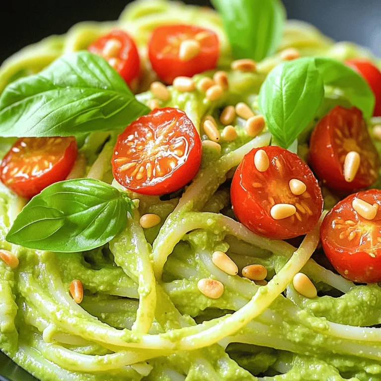To make creamy avocado pasta, you need a few key ingredients. These ingredients create a rich and flavorful dish. Here’s what you will need: - 2 ripe avocados, pitted and peeled - 2 cloves garlic, minced - 1 cup fresh basil leaves - 2 tablespoons lemon juice - 1/4 cup Greek yogurt or vegan yogurt - 3 tablespoons olive oil - Salt and black pepper to taste - 12 oz spaghetti or your choice of pasta These ingredients blend together to form a smooth and creamy sauce. The avocados give it richness, while the garlic adds a nice bite. The basil brings freshness, and the lemon juice brightens the flavors. Greek yogurt adds creaminess without too many calories. You can make this dish even better with tasty toppings. Here are some ideas to try: - Cherry tomatoes, halved (for topping) - Pine nuts, toasted (for garnish) Cherry tomatoes add sweetness and color. Toasted pine nuts provide a nice crunch. You can mix and match toppings based on what you like! If you don’t have all the ingredients, don’t worry! Here are some easy swaps you can make: - Use lime juice instead of lemon juice for a zesty twist. - Swap Greek yogurt for sour cream if you like that flavor. - For a nut-free option, skip the pine nuts or use sunflower seeds. These substitutions keep the dish tasty while fitting your pantry. You can adjust it based on what you have. Don't forget to check the [Full Recipe] for all the details! Start by boiling a large pot of salted water. Once it boils, add 12 oz of spaghetti. Stir it gently to prevent sticking. Cook according to the package instructions until the pasta is al dente. This usually takes about 8 to 10 minutes. Remember to reserve 1 cup of the pasta water before draining. This water will help later with the sauce. Drain the pasta and set it aside. Now, let’s make the creamy avocado sauce. Grab a food processor and add the following: - 2 ripe avocados, pitted and peeled - 2 cloves garlic, minced - 1 cup fresh basil leaves - 2 tablespoons lemon juice - 1/4 cup Greek yogurt or vegan yogurt - 3 tablespoons olive oil Blend all these ingredients until the mixture is smooth and creamy. If the sauce feels too thick, add a bit of the reserved pasta water. Blend again until you reach the right consistency. In a large mixing bowl, combine the drained pasta with the creamy avocado sauce. Toss the pasta gently until every strand gets coated with the sauce. Taste the mixture and add salt and black pepper to your liking. Make sure the flavors shine through. Serve your creamy avocado pasta right away. Top it with halved cherry tomatoes and toasted pine nuts for crunch. Enjoy this quick and delicious dish! For the full recipe, check out the detailed instructions provided above. To pick the best avocados, look for a dark green color. Gently squeeze the avocado in your palm. It should feel slightly soft but not mushy. If it feels hard, it’s not ready. If it’s too soft, it may be overripe. You can also check the stem. If it pops off easily and you see green, it’s ripe! The key to a smooth sauce is blending. Use a food processor for the best results. Start with all ingredients at room temperature. If the sauce is too thick, add a bit of the reserved pasta water. Blend again until you reach the desired creaminess. A perfect sauce should coat the pasta nicely without being watery. Serve your creamy avocado pasta in a big bowl. Add halved cherry tomatoes on top for color and flavor. Sprinkle toasted pine nuts for a nice crunch. You can also add fresh basil leaves for an extra pop. Pair it with a light salad or garlic bread for a full meal. Don't forget to check out the Full Recipe for more details! {{image_2}} For a vegan and dairy-free version, swap Greek yogurt for a plant-based yogurt. Look for coconut or almond-based options. You can also skip the yogurt altogether and add more avocado for creaminess. Add a bit of nutritional yeast for a cheesy flavor. This keeps the dish rich and satisfying without animal products. You can boost protein in creamy avocado pasta easily. Great options include grilled chicken, shrimp, or chickpeas. If you want a plant-based choice, try adding lentils or tofu. Simply cook them separately and mix them in with the pasta. This adds flavor and makes it a more filling meal. You have many choices for pasta in this recipe. Spaghetti is classic, but you can use any type you like. Try penne, fusilli, or even zucchini noodles for a lighter option. Whole wheat or gluten-free pasta works well too. Just be sure to adjust cooking times based on the type you choose. For the full recipe, check the previous section. Store your leftover creamy avocado pasta in an airtight container. This keeps the pasta fresh. Avoid leaving it at room temperature for too long. If you plan to eat it later, refrigerate it right away. To prevent browning, you can drizzle a bit of lemon juice on top before sealing the container. Creamy avocado pasta lasts about 2 to 3 days in the fridge. After that, the quality may decline. The avocado can turn brown, which affects the look but not the taste. Always check for any off smells or changes in texture before eating leftovers. Reheat your creamy avocado pasta gently. Use a microwave or a skillet on low heat. If the sauce seems thick, add a splash of reserved pasta water to loosen it. Stir well to ensure even heating. Avoid overheating, as this can change the creamy texture of the sauce. Yes, you can! You can make the avocado sauce a day ahead. Just store it in an airtight container. Keep it in the fridge. The lemon juice helps to keep it fresh. When you are ready to eat, cook the pasta and mix it in. This dish is best served fresh, so make the sauce close to serving if possible. Creamy avocado pasta pairs well with many sides. Here are some ideas: - A fresh green salad with lemon vinaigrette - Garlic bread or crusty bread for dipping - Grilled vegetables for a healthy touch - Roasted chicken or shrimp for added protein These sides will balance the creamy pasta nicely. Absolutely! This recipe works well for meal prep. You can cook the pasta and store it separately. The sauce can also be stored in the fridge. Just keep them in separate containers. This way, you can mix them when you're ready to eat. Add toppings like tomatoes and nuts just before serving for the best taste. For the full recipe, check out the detailed instructions. Creamy avocado pasta is simple and tasty. We discussed key ingredients, cooking steps, and tips to perfect your dish. You can experiment with toppings and make it vegan or add protein. Storing leftovers and reheating properly keeps your meal fresh. Remember, this pasta is great for meal prep. Enjoy making it your own! Your kitchen can shine with this easy recipe.