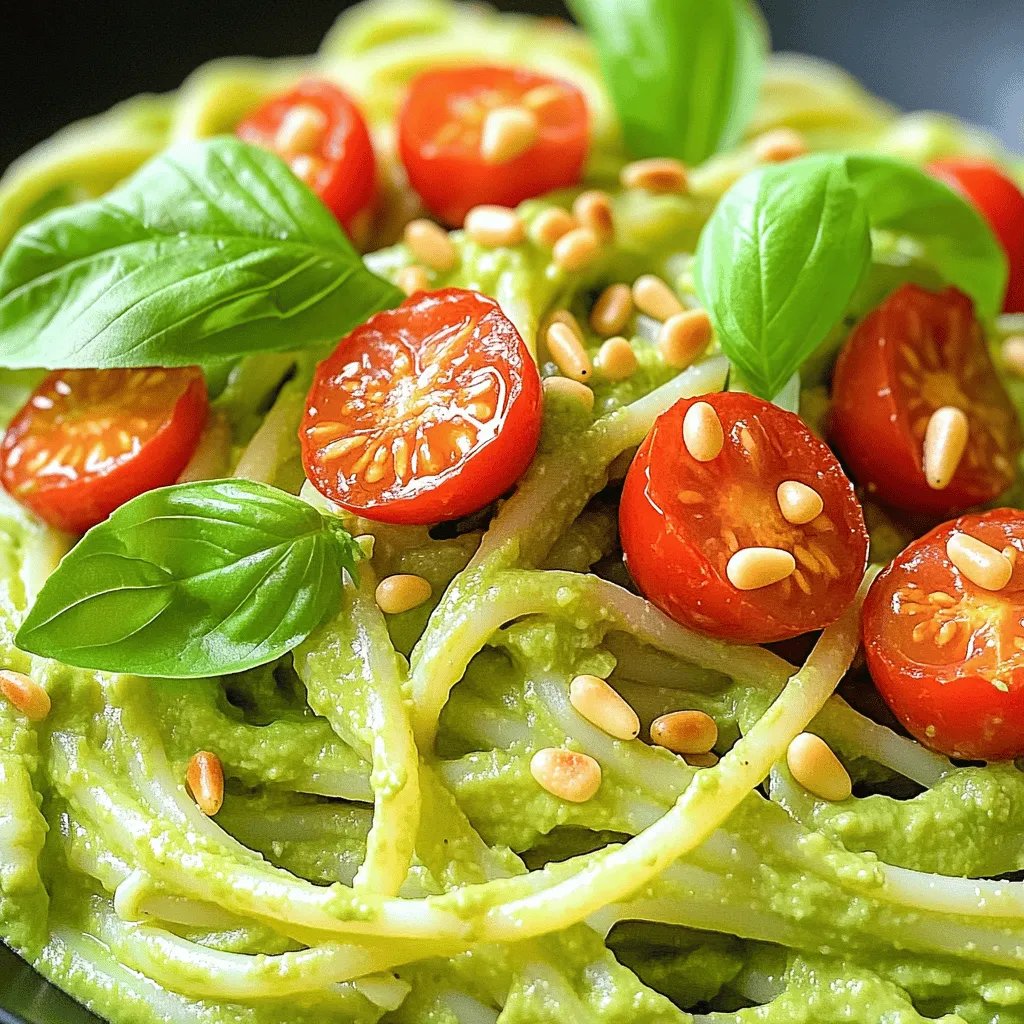 To make creamy avocado pasta, you need a few key ingredients. These ingredients create a rich and flavorful dish. Here’s what you will need: - 2 ripe avocados, pitted and peeled - 2 cloves garlic, minced - 1 cup fresh basil leaves - 2 tablespoons lemon juice - 1/4 cup Greek yogurt or vegan yogurt - 3 tablespoons olive oil - Salt and black pepper to taste - 12 oz spaghetti or your choice of pasta These ingredients blend together to form a smooth and creamy sauce. The avocados give it richness, while the garlic adds a nice bite. The basil brings freshness, and the lemon juice brightens the flavors. Greek yogurt adds creaminess without too many calories. You can make this dish even better with tasty toppings. Here are some ideas to try: - Cherry tomatoes, halved (for topping) - Pine nuts, toasted (for garnish) Cherry tomatoes add sweetness and color. Toasted pine nuts provide a nice crunch. You can mix and match toppings based on what you like! If you don’t have all the ingredients, don’t worry! Here are some easy swaps you can make: - Use lime juice instead of lemon juice for a zesty twist. - Swap Greek yogurt for sour cream if you like that flavor. - For a nut-free option, skip the pine nuts or use sunflower seeds. These substitutions keep the dish tasty while fitting your pantry. You can adjust it based on what you have. Don't forget to check the [Full Recipe] for all the details! Start by boiling a large pot of salted water. Once it boils, add 12 oz of spaghetti. Stir it gently to prevent sticking. Cook according to the package instructions until the pasta is al dente. This usually takes about 8 to 10 minutes. Remember to reserve 1 cup of the pasta water before draining. This water will help later with the sauce. Drain the pasta and set it aside. Now, let’s make the creamy avocado sauce. Grab a food processor and add the following: - 2 ripe avocados, pitted and peeled - 2 cloves garlic, minced - 1 cup fresh basil leaves - 2 tablespoons lemon juice - 1/4 cup Greek yogurt or vegan yogurt - 3 tablespoons olive oil Blend all these ingredients until the mixture is smooth and creamy. If the sauce feels too thick, add a bit of the reserved pasta water. Blend again until you reach the right consistency. In a large mixing bowl, combine the drained pasta with the creamy avocado sauce. Toss the pasta gently until every strand gets coated with the sauce. Taste the mixture and add salt and black pepper to your liking. Make sure the flavors shine through. Serve your creamy avocado pasta right away. Top it with halved cherry tomatoes and toasted pine nuts for crunch. Enjoy this quick and delicious dish! For the full recipe, check out the detailed instructions provided above. To pick the best avocados, look for a dark green color. Gently squeeze the avocado in your palm. It should feel slightly soft but not mushy. If it feels hard, it’s not ready. If it’s too soft, it may be overripe. You can also check the stem. If it pops off easily and you see green, it’s ripe! The key to a smooth sauce is blending. Use a food processor for the best results. Start with all ingredients at room temperature. If the sauce is too thick, add a bit of the reserved pasta water. Blend again until you reach the desired creaminess. A perfect sauce should coat the pasta nicely without being watery. Serve your creamy avocado pasta in a big bowl. Add halved cherry tomatoes on top for color and flavor. Sprinkle toasted pine nuts for a nice crunch. You can also add fresh basil leaves for an extra pop. Pair it with a light salad or garlic bread for a full meal. Don't forget to check out the Full Recipe for more details! {{image_2}} For a vegan and dairy-free version, swap Greek yogurt for a plant-based yogurt. Look for coconut or almond-based options. You can also skip the yogurt altogether and add more avocado for creaminess. Add a bit of nutritional yeast for a cheesy flavor. This keeps the dish rich and satisfying without animal products. You can boost protein in creamy avocado pasta easily. Great options include grilled chicken, shrimp, or chickpeas. If you want a plant-based choice, try adding lentils or tofu. Simply cook them separately and mix them in with the pasta. This adds flavor and makes it a more filling meal. You have many choices for pasta in this recipe. Spaghetti is classic, but you can use any type you like. Try penne, fusilli, or even zucchini noodles for a lighter option. Whole wheat or gluten-free pasta works well too. Just be sure to adjust cooking times based on the type you choose. For the full recipe, check the previous section. Store your leftover creamy avocado pasta in an airtight container. This keeps the pasta fresh. Avoid leaving it at room temperature for too long. If you plan to eat it later, refrigerate it right away. To prevent browning, you can drizzle a bit of lemon juice on top before sealing the container. Creamy avocado pasta lasts about 2 to 3 days in the fridge. After that, the quality may decline. The avocado can turn brown, which affects the look but not the taste. Always check for any off smells or changes in texture before eating leftovers. Reheat your creamy avocado pasta gently. Use a microwave or a skillet on low heat. If the sauce seems thick, add a splash of reserved pasta water to loosen it. Stir well to ensure even heating. Avoid overheating, as this can change the creamy texture of the sauce. Yes, you can! You can make the avocado sauce a day ahead. Just store it in an airtight container. Keep it in the fridge. The lemon juice helps to keep it fresh. When you are ready to eat, cook the pasta and mix it in. This dish is best served fresh, so make the sauce close to serving if possible. Creamy avocado pasta pairs well with many sides. Here are some ideas: - A fresh green salad with lemon vinaigrette - Garlic bread or crusty bread for dipping - Grilled vegetables for a healthy touch - Roasted chicken or shrimp for added protein These sides will balance the creamy pasta nicely. Absolutely! This recipe works well for meal prep. You can cook the pasta and store it separately. The sauce can also be stored in the fridge. Just keep them in separate containers. This way, you can mix them when you're ready to eat. Add toppings like tomatoes and nuts just before serving for the best taste. For the full recipe, check out the detailed instructions. Creamy avocado pasta is simple and tasty. We discussed key ingredients, cooking steps, and tips to perfect your dish. You can experiment with toppings and make it vegan or add protein. Storing leftovers and reheating properly keeps your meal fresh. Remember, this pasta is great for meal prep. Enjoy making it your own! Your kitchen can shine with this easy recipe.