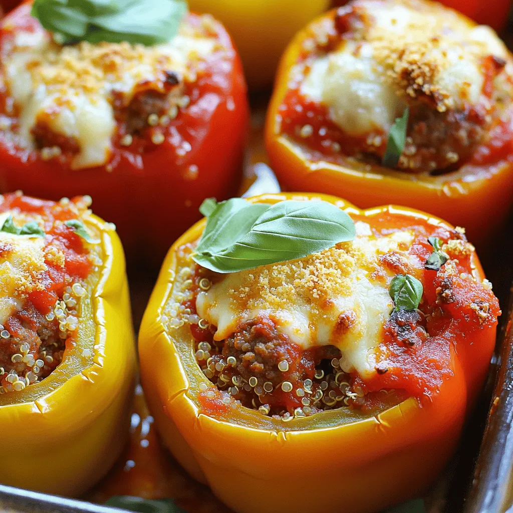 - 4 large bell peppers (any color) - 1 lb Italian sausage (crumbled, choose sweet or spicy) - 1 cup cooked quinoa or rice - 1 cup marinara sauce (plus extra for topping) - 1 cup shredded mozzarella cheese - 1/2 cup grated Parmesan cheese - 1 small onion, finely chopped - 2 cloves garlic, minced - 1 teaspoon Italian seasoning - Salt and pepper to taste - Fresh basil leaves for garnish (optional) Each ingredient plays a vital role in the flavor of the dish. The bell peppers serve as a sweet and colorful base. The Italian sausage adds a rich, savory taste that pairs well with the peppers. You can choose either sweet or spicy sausage, depending on your preference. Cooked quinoa or rice gives the filling extra texture and makes it hearty. Marinara sauce keeps everything moist and flavorful. The blend of mozzarella and Parmesan cheese creates a creamy, cheesy topping that melts beautifully in the oven. Don’t forget the onion and garlic! They add depth to the dish, making it more aromatic. Italian seasoning brings everything together with classic herbs, while salt and pepper enhance the flavors even more. For a finishing touch, fresh basil leaves can brighten the dish. For the full recipe, you can check the detailed steps to create this tasty meal. 1. Preheat oven and prepare bell peppers Start by preheating your oven to 375°F (190°C). Cut the tops off the bell peppers and remove the seeds. Set them upright in a baking dish. This step makes them ready for stuffing. 2. Cook Italian sausage and sauté vegetables In a large skillet, add the crumbled Italian sausage. Cook it over medium heat for 5 to 7 minutes. Stir it often until it turns brown. Next, add the chopped onion and minced garlic. Cook until the onion is see-through, about 3 to 4 minutes. 3. Combine ingredients for the stuffing Stir in the cooked quinoa or rice, marinara sauce, Italian seasoning, salt, and pepper. Mix everything well. Let the mixture simmer for another 2 to 3 minutes. Remove from heat and fold in half of the mozzarella cheese and all of the Parmesan cheese. 1. Fill pepper with sausage mixture Generously stuff each bell pepper with the sausage mixture. Make sure they are packed well. Drizzle the remaining marinara sauce over the top of each stuffed pepper. 2. Top with marinara and cheese Sprinkle the leftover mozzarella cheese on top of the stuffed peppers. This will give a nice cheesy layer. 3. Bake the peppers to perfection Cover the baking dish with foil. Bake in the oven for 25 minutes. After that, remove the foil and bake for another 15 minutes. The peppers should be soft, and the cheese should bubble and turn golden. These steps make Italian sausage stuffed peppers a flavorful and easy meal. For the full recipe, check the recipe details above. To make Italian sausage stuffed peppers, you need some essential tools: - Baking dish: Use a 9x13 inch dish for even cooking. - Skillet: A large skillet helps brown the sausage well. - Knife and cutting board: For chopping veggies and prepping the peppers. - Spoon: A sturdy spoon helps with stuffing the peppers. These tools make your cooking easier and more fun. To ensure even cooking, follow these tips: - Cut peppers evenly: Make sure all your peppers are similar in size. This helps them cook at the same rate. - Cover with foil: Cover the baking dish with foil for the first part of baking. This keeps the moisture in. - Check doneness: Use a fork to test if the peppers are tender. They should be soft but not mushy. For the perfect cheese melt: - Add cheese at the end: Sprinkle the mozzarella on top just before the last 15 minutes of baking. - Broil for a minute: If you want a golden crust, broil the peppers for a minute after baking. Watch closely to avoid burning. To add extra flavor, try these seasonings: - Red pepper flakes: For a spicy kick, add a pinch to the sausage mix. - Fresh herbs: Chopped parsley or oregano adds freshness. - Lemon zest: A bit of zest brightens the flavors. For garnishes, consider: - Fresh basil leaves: They add color and flavor. - Extra marinara sauce: Drizzle some on the plate for a nice presentation. - Parmesan shavings: A few shavings on top bring a gourmet touch. These tips will help you create a delicious meal that impresses. For the full recipe, check out the details above. {{image_2}} To mix things up, you can swap the Italian sausage for other meats. Ground turkey or chicken works well. These options offer leaner alternatives without losing flavor. If you want to go meatless, use lentils or mushrooms. They give a hearty texture that mimics sausage. For a vegan choice, choose plant-based sausage. Many brands now make tasty vegan options. You can prepare stuffed peppers in different ways. A slow cooker is great for a hands-off approach. Just layer your ingredients in the cooker and let them simmer all day. This method makes the peppers super tender. If you're short on time, try an air fryer. It cooks the peppers quickly while keeping them nice and crisp. The classic Italian style focuses on herbs and cheese. Think marinara sauce, mozzarella, and basil. You can also get creative with Mexican-inspired flavors. Use taco seasoning, black beans, and cheddar cheese for a fun twist. Unique stuffing combinations can include quinoa, spinach, or even olives. Mixing these ingredients creates a flavor explosion that keeps things exciting. For more details on how to prepare these delicious stuffed peppers, check out the Full Recipe. To store your Italian sausage stuffed peppers, let them cool first. This keeps the moisture in check. Place the cooled peppers into airtight containers. Glass containers work well since they are sturdy and easy to clean. You can also use plastic containers, but make sure they seal tightly. Storing in single layers helps prevent the cheese from sticking to the lid. When it's time to enjoy leftovers, the best way to reheat is in the oven. Preheat the oven to 350°F (175°C). Place the peppers on a baking sheet and cover them with foil. This keeps the moisture and flavor intact. Heat for about 20 minutes or until warm. If you're in a hurry, you can use the microwave. Use a microwave-safe plate and cover the peppers with a damp paper towel. Heat for about 2-3 minutes. Just be careful not to overheat them. This can make the peppers too soft. Enjoy your meal again, just as tasty as before! For the full recipe, check out the section above. Can I freeze Italian sausage stuffed peppers? Yes, you can freeze them. After baking, let the peppers cool. Wrap each one in plastic wrap and place them in a freezer bag. You can store them for up to three months. When ready to eat, thaw them overnight in the fridge. Then, reheat in the oven until hot. How do I know when the peppers are done? Check the peppers after baking for about 40 minutes. They should be tender and the cheese should be melted and golden. You can poke a fork into the flesh to test for doneness. If it goes in easily, they are ready! How to make the dish gluten-free? To make Italian sausage stuffed peppers gluten-free, use gluten-free sausage. You can also substitute quinoa or rice with gluten-free grains like millet or buckwheat. Always check labels to ensure all ingredients are safe. Can I prepare them in advance? Yes, you can prepare them ahead of time. Stuff the peppers the night before and store them in the fridge. Bake them the next day when you are ready to eat. This saves time and makes dinner easy! What to serve with Italian sausage stuffed peppers? These stuffed peppers pair well with a fresh salad or garlic bread. A light green salad with vinaigrette complements the dish nicely. You can also serve with roasted vegetables for more color and flavor. How to pair with beverages for a meal? For beverages, a nice red wine works well, like Chianti or Sangiovese. If you prefer non-alcoholic options, try sparkling water with lemon or a fruity iced tea. Both pair nicely with the savory flavors of the dish. In this blog post, we explored how to make delicious Italian sausage stuffed peppers. We covered key ingredients, step-by-step preparation, and baking methods. I shared tips for perfecting your dish and creative variations to try. Remember, you can adjust flavors, experiment with cooking methods, and have fun in the kitchen. Enjoy your tasty creations and share them with family and friends! This dish is sure to impress.