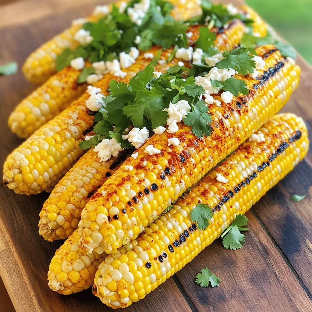 To make chili lime grilled corn, you need just a few simple items. - Fresh corn: Use 4 ears of fresh corn. The sweeter, the better! - Seasonings and condiments: Gather 1/4 cup mayonnaise, 1 tablespoon chili powder, 2 tablespoons lime juice, 1 teaspoon garlic powder, and 1/2 teaspoon smoked paprika. Add salt to taste. - Optional garnishes: You can use 1/4 cup crumbled feta cheese and fresh cilantro for extra flavor. These ingredients work together to create a tasty and fresh dish. The corn has a sweet crunch that pairs well with the zesty chili lime sauce. This recipe is good for summer parties and BBQs. You can find the full recipe in the article. First, husk the corn. Remove all the green leaves and silk strands. Next, rinse the corn under cold water. This helps remove any dirt or remaining silk. After rinsing, dry each ear of corn with a towel. This step is key for a good grill. In a small bowl, combine mayonnaise, chili powder, lime juice, garlic powder, smoked paprika, and salt. Mix well until everything is smooth. You can taste the sauce and adjust the seasoning. If you like it spicier, add more chili powder. Now, preheat your grill to medium-high heat. While it heats, brush the corn with your chili lime sauce. Make sure to coat it evenly for the best flavor. Place the corn on the grill and cook for about 10 to 15 minutes. Turn the corn every few minutes. Look for nice grill marks and tenderness to know when it's done. For the full recipe, check out the complete instructions above. Enjoy your flavorful summer delight! To get the best chili lime grilled corn, set your grill to medium-high heat. This helps cook the corn evenly. You want the grill to be hot enough for nice marks but not too hot to burn it. A good way to check for doneness is by looking for grill marks. You can also poke a kernel. If it feels soft, it's ready. Chili lime grilled corn pairs well with many dishes. It complements grilled meats, like chicken or steak. You can also serve it with fresh salads or tacos. For ideal side dishes, think about coleslaw or potato salad. These sides add crunch and creaminess to your meal. Want to spice it up? Try adding cayenne pepper or cumin for extra heat. You can also mix in lime zest for a brighter taste. If you prefer a milder sauce, reduce the chili powder. For different flavors, swap the mayonnaise for Greek yogurt. This change will give you a creamy, tangy twist. Enjoy experimenting with these ideas to find your favorite! {{image_2}} To make this dish vegan, swap out the mayonnaise for a creamy vegan alternative. You can use cashew cream or a store-bought vegan mayo. Both options add a nice texture and flavor. For toppings, consider using nutritional yeast for a cheesy taste. You can also add diced avocado or fresh salsa for extra freshness. If you love heat, add more chili powder or cayenne pepper to the sauce. You can mix in some diced jalapeños for extra spice. Another option is to sprinkle some crushed red pepper flakes on top after grilling. This will give your corn a fiery kick that is sure to impress. For a cheesy version, try using cotija cheese instead of feta. Cotija has a crumbly texture that works well. You can also mix different cheeses, like pepper jack for heat or a sharp cheddar for depth. Combining flavors like lime and cheese creates a rich taste that enhances the corn's sweetness. For the full recipe, check out the detailed instructions above. To store leftover chili lime grilled corn, wrap each ear tightly in plastic wrap. This helps keep moisture in. You can also place the corn in an airtight container. Store it in the fridge. It will last for about 3 to 5 days. If you want to keep it longer, freeze it. Wrap the corn in foil and place it in a freezer bag. Frozen corn can last for up to 3 months. When you want to eat your leftover corn, you can reheat it on the grill or in the microwave. If using the grill, preheat it to medium heat. Place the corn on the grill for about 5 minutes, turning it often. This method helps keep the flavor and texture. If using the microwave, place it on a plate and cover it with a damp paper towel. Heat for 1 to 2 minutes. Check it to make sure it’s warm all the way through. Avoid overcooking, as this can dry it out. Enjoy your flavorful corn again! The best corn for grilling is fresh sweet corn. Look for corn with bright green husks and plump kernels. The sweetness of fresh corn enhances the chili lime flavor. Varieties like Silver Queen or Sugar Buns work great. Always choose corn that feels heavy for its size. This ensures juicy kernels. Yes, you can grill corn without a husk. Husked corn allows better flavor from the grill. Remove the husk and silk before grilling. You can soak the corn in water for 30 minutes to keep it moist. This helps prevent burning while grilling. Grilled corn is done when it becomes tender and gets nice grill marks. This usually takes about 10-15 minutes on medium-high heat. You can also poke a kernel with a fork; it should feel soft but not mushy. The color should change to a bright yellow. Yes, the chili lime sauce is very customizable. You can adjust the spice level by adding more chili powder or hot sauce. If you want it creamier, add more mayonnaise. You can also mix in lime zest for extra zing. Feel free to play around with different spices too. You can prepare some parts in advance. Husk and clean the corn a few hours before grilling. You can also mix the chili lime sauce ahead of time. Store both in the fridge until you are ready to grill. Just be sure to grill the corn fresh for the best flavor. For the full recipe, check out the Chili Lime Grilled Corn section. Grilling corn with chili lime sauce is simple and fun. We explored key ingredients, like fresh corn and tasty seasonings. Following clear steps, you can prepare and grill it perfectly. I shared tips on temperature and serving ideas. Plus, there are variations for every taste, from vegan options to spicy twists. Storing and reheating leftovers was also covered. With these insights, you'll enjoy delicious corn on the grill, impressing friends and family. Let's get cooking!