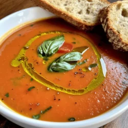 Making homemade tomato basil soup is easy when you have the right ingredients. Here’s what you need: - 2 tablespoons olive oil - 1 medium onion, chopped - 3 cloves garlic, minced - 4 cups ripe tomatoes, chopped (or 2 cans of whole tomatoes) - 2 cups vegetable broth - 1 teaspoon sugar (to balance acidity) - 1 teaspoon salt (adjust to taste) - 1/2 teaspoon black pepper - 1/2 cup fresh basil leaves, roughly chopped - 1/2 cup heavy cream (optional, for creaminess) - Crusty bread for serving (optional) You can change up the soup to fit your taste. Here are some optional ingredients: - 1 teaspoon red pepper flakes for heat - 1 carrot, diced for sweetness - 1 celery stalk, diced for depth - Parmesan cheese for topping - A squeeze of lemon for brightness Having the right tools makes cooking easier. Here’s what I recommend: - Large pot for cooking - Immersion blender for smooth soup - Chopping knife for prep - Cutting board for safety - Measuring spoons and cups for accuracy This list helps you gather all you need for a delicious homemade tomato basil soup. You can find the full recipe above to guide you through the cooking process. To make this soup, gather your ingredients. You will need: - 2 tablespoons olive oil - 1 medium onion, chopped - 3 cloves garlic, minced - 4 cups ripe tomatoes, chopped (or 2 cans of whole tomatoes) - 2 cups vegetable broth - 1 teaspoon sugar (to balance acidity) - 1 teaspoon salt (adjust to taste) - 1/2 teaspoon black pepper - 1/2 cup fresh basil leaves, roughly chopped - 1/2 cup heavy cream (optional, for creaminess) - Crusty bread for serving (optional) Start by heating the olive oil in a large pot over medium heat. Add the chopped onion. Cook it for about 5 minutes until it turns soft and clear. Then, add the minced garlic. Cook for one more minute. Stir it often to keep it from burning. Next, add the chopped tomatoes. If you use canned tomatoes, pour them in whole and break them up. Cook this mixture for 10 to 15 minutes. You want the tomatoes to break down and release their juices. After the tomatoes are soft, pour in the vegetable broth. Add the sugar, salt, and black pepper. Bring everything to a simmer. Let it simmer for about 20 minutes. This time allows all the flavors to mix well. Once the time is up, take the pot off the heat. Use an immersion blender to puree the soup until it is smooth. If you don’t have an immersion blender, you can blend it in batches with a regular blender. After blending, put the pot back on the heat. Stir in the fresh basil and heavy cream if you want a creamy texture. Taste it and adjust the seasonings if needed. Let the soup warm through for another 5 minutes. Now, serve the soup hot. Drizzle a little olive oil on top for extra flavor. You can enjoy it with crusty bread on the side. This delightful dish is simple yet full of rich flavors. For the complete method, check the Full Recipe. When making tomato basil soup, watch out for a few common mistakes. First, don't skip the onion and garlic. They add a strong base flavor. Next, avoid using overripe or bad tomatoes. Fresh, ripe tomatoes make a big difference. Also, don't rush the simmering time. Let the soup cook long enough for the flavors to blend well. Lastly, always taste before serving. Adjust the salt and pepper as needed to get the best flavor. There are simple ways to boost the flavor of your soup. Adding a teaspoon of balsamic vinegar can give a nice tang. Fresh herbs like thyme or oregano can add depth. You can also use smoked paprika for a subtle smoky flavor. If you like heat, try a pinch of red pepper flakes. Experimenting with these ingredients can take your soup from good to great. If you want a creamy texture, heavy cream is an option. Stir it in just before serving for the best results. You can also use coconut milk for a dairy-free choice. Blending the soup well makes it smoother, too. If you prefer a chunkier soup, blend only half. This keeps some texture while still being creamy. Remember, the key is to find the right balance that you enjoy. {{image_2}} You can easily make this soup vegan and dairy-free. Just skip the heavy cream. Instead, use coconut milk or cashew cream. Both options add creaminess without dairy. If you want extra flavor, try adding nutritional yeast. It gives a cheesy taste without cheese. Use vegetable broth, as listed in the Full Recipe, to keep it plant-based. These changes ensure everyone can enjoy the soup. If you like heat, this soup is easy to spice up. Add crushed red pepper flakes or diced jalapeños. Start with a small amount and increase to your taste. You can mix in smoked paprika for a smoky flavor. This twist makes the soup warm and exciting. Don’t forget to balance the heat with a touch of sugar. It helps keep the flavors bright and fresh. Adding veggies boosts the soup's nutrition. Try carrots, bell peppers, or spinach. Chop them finely and sauté with the onions. This adds color and flavor. You can also add zucchini or kale later in the cooking process. They cook quickly and keep their nutrients. This way, you create a tasty and healthy bowl of soup everyone will love. After you enjoy your homemade tomato basil soup, let it cool. Once cooled, transfer it to an airtight container. Make sure to seal it well to keep the flavors fresh. Store your leftovers in the fridge. This soup stays good for about 3 to 5 days. If you want to keep it longer, freezing is a great option. To freeze your soup, first, cool it completely. Pour it into freezer-safe bags or containers, leaving space at the top. This is important because liquids expand when frozen. Label the containers with the date. You can freeze the soup for up to 3 months. When you're ready to enjoy it again, just thaw it in the fridge overnight. When reheating, pour the soup into a pot. Heat it slowly over medium heat, stirring often. This helps the flavors come back to life. If the soup seems too thick, add a splash of water or broth. You can also use the microwave, but stir it halfway through to heat evenly. Enjoy it warm for a cozy meal. For the full recipe, check the full recipe section. Homemade tomato basil soup lasts about 3 to 5 days in the fridge. Store it in an airtight container. Make sure to let it cool down first before sealing it. For best taste, eat it within the first few days. Yes, you can use canned tomatoes instead of fresh. Canned tomatoes are great when fresh ones are not in season. They are often picked at their peak ripeness, which gives good flavor. Just use two cans of whole tomatoes in place of four cups of fresh tomatoes. You can serve your tomato basil soup with several side dishes. Here are a few ideas: - Grilled cheese sandwiches - Crusty bread - Salad with mixed greens - Garlic bread - Cheese toast These sides add to the meal and make it more filling. Yes, homemade tomato basil soup is healthy. It has fresh ingredients and no preservatives. Tomatoes are high in vitamins and antioxidants. Basil adds flavor and nutrients too. If you skip heavy cream, it can be lower in calories and fat. Enjoy it as a balanced meal option! For the full recipe, check out the Homemade Tomato Basil Bliss section! You learned how to make tasty homemade tomato basil soup. We covered the key ingredients and tools needed. Following step-by-step instructions, you'll make a warm bowl of soup. We shared tips to avoid common mistakes and enhance flavors. You also explored variations, including vegan options and extra vegetables. Storing leftovers, freezing, and reheating were discussed, too. Making this soup is simple and rewarding. Enjoy the rich flavor and comfort in every bite! You now have all you need to create this favorite dish.