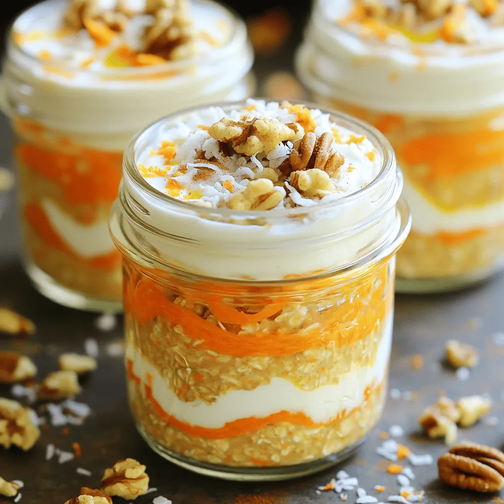 - 1 cup rolled oats - 1 cup unsweetened almond milk (or your preferred milk) - 1 medium carrot, finely grated - 1/4 cup Greek yogurt (or dairy-free yogurt) - 1 tablespoon maple syrup (or honey) - 1/2 teaspoon ground cinnamon - 1/4 teaspoon nutmeg - 1/4 cup raisins - 2 tablespoons chopped walnuts (optional) - 1 tablespoon chia seeds - A pinch of salt - Additional walnuts and shredded coconut for topping You can switch Greek yogurt for any dairy or non-dairy yogurt. Almond milk works great, but feel free to use oat milk, soy milk, or any kind you enjoy. For sweetness, maple syrup is nice, but honey, agave, or even stevia can work too. Each serving packs about 300 calories. You get around 10 grams of protein, 9 grams of fat, and 50 grams of carbs. Carrots provide vitamins A and K, while oats give you fiber for digestion. Walnuts add healthy fats and protein, making this a balanced meal! If you want to dive deeper into the full recipe, check out the [Full Recipe]. 1. First, grab a large mixing bowl. Combine the rolled oats and almond milk. 2. Add the finely grated carrot, Greek yogurt, and maple syrup. Stir well until blended. 3. Next, sprinkle in the ground cinnamon, nutmeg, chia seeds, raisins, and a pinch of salt. Mix thoroughly. 4. Now, divide the mixture into two or four jars or bowls, depending on how much you want. Chilling overnight is key for great flavor. This time allows the oats to soak up the milk. The oats soften, and the spices meld nicely. If you can't wait, chill for at least four hours. A longer chill gives creamier oats, while a shorter chill keeps them firmer. In the morning, take your jars from the fridge. Give the oats a good stir. If they seem too thick, add a splash of milk to thin them out. For extra flavor, top with chopped walnuts and shredded coconut. You can also try fresh fruit or a drizzle of honey for more fun! For the complete recipe, check out the [Full Recipe]. To get creamy overnight oats, you need the right balance of ingredients. Use rolled oats instead of instant oats. Rolled oats soak up the milk better. You want a nice texture, not too mushy. If your oats are too thick in the morning, add a splash of milk. This helps you reach the right consistency. You can change the flavor easily. Try adding different spices, like ginger or allspice. A drop of vanilla extract gives a sweet touch. You can also include seasonal ingredients. In the fall, add pumpkin puree, and in spring, try fresh berries. These small changes can make your oats exciting. If mornings are busy, make these oats ahead of time. You can prepare multiple servings at once. Use jars to store them in the fridge. They last for up to five days. Just grab a jar when you need breakfast. This way, you have a healthy meal ready to go! For the full recipe, check the link above. {{image_2}} You can easily make carrot cake overnight oats vegan. Just swap Greek yogurt for a plant-based yogurt. Use maple syrup as a sweetener instead of honey. For a nut-free option, skip the walnuts and choose seeds like pumpkin or sunflower seeds. These adjustments keep the flavors rich and tasty while fitting different diets. Want to mix it up? Try tropical carrot cake overnight oats. Just add some crushed pineapple and a splash of coconut milk. This gives a fun twist to your breakfast. You could also make a chocolate carrot cake version. Mix cocoa powder into the base for a chocolatey treat. Both options are sweet and satisfying. Toppings can really change the game. You can add more seeds or nuts for crunch. Think chia, pumpkin, or even flaxseeds. Fresh fruits like banana or berries make great pairings, too. They add freshness and color to your oats. Don't be afraid to get creative with toppings; they can make your oats even more delicious and fun! Carrot cake overnight oats stay fresh in the fridge for up to five days. After five days, the oats may lose their taste and texture. Look for signs like a sour smell or change in color. If you see any mold, it’s time to throw them away. Yes, you can freeze overnight oats! They freeze well for up to three months. Use airtight containers to prevent freezer burn. When ready to eat, thaw them in the fridge overnight. You can also microwave them for a quick reheat, but add a splash of milk to restore creaminess. Planning portions for the week makes breakfast easy. I recommend using 2 to 4 jars, depending on your needs. Glass jars work well for storage. They keep the oats fresh and let you see the layers. You can also write the date on the jars to track freshness. Carrot Cake Overnight Oats can stay fresh for up to five days in the fridge. Store them in airtight containers. Always check for any off smells or changes in texture before eating. Yes, you can use instant oats. They will soak up liquid faster than rolled oats. This will change the texture, making it creamier but less chewy. If you prefer a thicker result, consider reducing the almond milk slightly. If you don’t have chia seeds, you can use flaxseeds. They offer similar health benefits and help thicken the oats. You can also skip them if you want; the oats will still taste great! To make these oats gluten-free, ensure you use certified gluten-free oats. Many brands offer gluten-free rolled oats. Check the label to be sure. This way, you can enjoy your delicious breakfast worry-free! Absolutely! You can reduce the maple syrup or use a sugar alternative. For a lower sugar option, try adding mashed banana or unsweetened applesauce for sweetness. Adjust to your taste for a healthier treat. For the full recipe, refer to the Carrot Cake Overnight Oats section above. Carrot Cake Overnight Oats are a tasty and healthy breakfast choice. We covered essential ingredients, substitutes, and instructions to make this dish. Remember to chill the oats overnight for the best texture. Explore different flavors and toppings to suit your taste. You can prepare multiple servings ahead of time to save on busy mornings. With these simple steps, you can enjoy a nutritious start to your day. Dive into your kitchen and create your own delicious version!