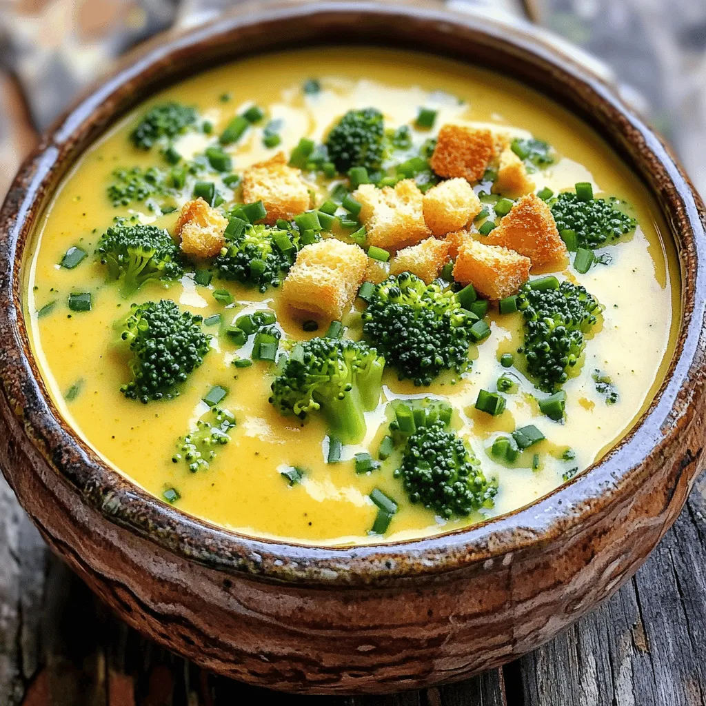 To make a delicious Cheddar Broccoli Soup, you will need the following ingredients: - 3 cups fresh broccoli florets - 1 medium onion, diced - 2 cloves garlic, minced - 4 cups vegetable broth - 1 cup heavy cream - 2 cups sharp cheddar cheese, grated - 2 tablespoons olive oil - 1 teaspoon salt - 1/2 teaspoon black pepper - 1/4 teaspoon nutmeg (optional) - Croutons and chopped chives for garnish These simple ingredients come together to create a creamy and flavorful delight. The fresh broccoli florets give the soup its vibrant green color and nutrients. The onion and garlic add depth of flavor, while the vegetable broth serves as a savory base. Heavy cream lends a rich texture, and sharp cheddar cheese brings that iconic flavor we all love. Olive oil helps sauté the onion and garlic, enhancing their sweetness. Feel free to add nutmeg for a warm, nutty note. Croutons and chives on top provide a nice crunch and burst of color. This combination makes every spoonful a comforting experience. To see the full recipe, check out the Full Recipe section. Enjoy your cooking! 1. Heating olive oil and sautéing onion In a large pot, heat 2 tablespoons of olive oil over medium heat. Add 1 medium diced onion. Sauté until the onion turns soft and clear, which takes about 5 minutes. 2. Adding garlic for flavor Now, add 2 cloves of minced garlic. Cook it for about 1 minute. This will make your kitchen smell amazing! 3. Incorporating broccoli florets Next, stir in 3 cups of fresh broccoli florets. Cook for 3 to 4 minutes. Make sure the broccoli gets coated with the oil. 1. Simmering broccoli in vegetable broth Pour in 4 cups of vegetable broth. Bring the mixture to a gentle boil. Let it cook for about 10 to 12 minutes until the broccoli is tender. 2. Blending for desired texture Carefully use an immersion blender to puree the soup. If you like some chunks, blend only half of it. This gives the soup a nice texture. 3. Stirring in cream and cheese Return the pot to low heat. Mix in 1 cup of heavy cream. Gradually stir in 2 cups of grated sharp cheddar cheese until it melts and blends smoothly. 1. Adding salt, pepper, and nutmeg Season the soup with 1 teaspoon of salt, 1/2 teaspoon of black pepper, and 1/4 teaspoon of nutmeg if you want. These spices add depth to the flavor. 2. Final tasting and adjustments Taste your soup and adjust the seasonings as needed. This step is key to making your cheddar broccoli soup perfect for your liking. For the full recipe, you can refer to the section above. Enjoy your cooking! To add depth to your cheddar broccoli soup, consider using spices and herbs. A pinch of garlic powder or onion powder can boost the flavor. You might also try a dash of smoked paprika for a subtle smokiness. Fresh herbs like thyme or parsley can brighten the dish. When it comes to cheese, sharp cheddar is my go-to for richness. If you want to mix things up, try Gruyère or even a bit of blue cheese for a bold twist. Combining cheeses can create a unique flavor profile. Using an immersion blender makes smooth soup easy. You can blend right in the pot. Just be careful not to splash. If you prefer some chunks, blend half of the soup and leave the rest as is. This gives great texture. Cook time is key to perfect broccoli. Simmer it for only 10 to 12 minutes. This ensures the broccoli stays bright green and tender. Overcooking leads to dull color and mushy texture. Presentation can make your soup feel special. Ladle it into bowls and top with croutons for crunch. A sprinkle of chopped chives adds color and freshness. You can also drizzle a bit of cream on top for elegance. For a fun twist, serve the soup in bread bowls. This not only looks great but adds a tasty element. You can even pair it with a simple salad for a complete meal. Check out the Full Recipe for more details on making this delightful soup! {{image_2}} For those following a vegan diet, you can easily swap out a few key ingredients. Use plant-based cream instead of heavy cream. For cheese, try a vegan cheddar or nutritional yeast. This gives a cheesy flavor without animal products. If gluten is a concern, simply ensure your vegetable broth is gluten-free. Most broths are safe, but it’s best to read labels. You can enjoy this soup without worry. Feel free to get creative with your cheese choices. Gouda or Monterey Jack can add a different taste. For a bolder flavor, consider adding pepper jack. Each cheese brings its own unique character to the soup. Adding proteins can make this soup more filling. Cooked chicken or turkey can be a great addition. If you want to keep it vegetarian, add chickpeas or white beans for extra protein. You can also mix in other veggies like carrots or cauliflower for more color and taste. Pair this soup with a crusty bread or a fresh salad. A simple green salad with a light vinaigrette works well. You can also serve it with a grilled cheese sandwich for a cozy meal. To turn this soup into a full meal, consider adding some cooked quinoa or rice. This adds bulk and makes the dish more hearty. You could also serve it with a dollop of sour cream or yogurt for creaminess. For the full recipe, check out the Cheesy Broccoli Bliss Soup. It’s a delightful way to enjoy this comforting dish! After making your cheddar broccoli soup, let it cool down. I suggest placing the pot on a cool surface. Stir it gently to help it cool faster. For storing, use airtight containers. Glass or plastic containers work well. Make sure to leave some space at the top. This allows for expansion when it freezes. To freeze the soup, wait until it cools completely. Then, pour it into freezer-safe containers. Leave some room at the top for the soup to expand. It can last up to three months in the freezer. When reheating, thaw it in the fridge overnight. Heat it on the stove over low heat. Stir often to keep it smooth and creamy. In the fridge, cheddar broccoli soup lasts about four days. Always check for signs of spoilage. If it smells sour or has a change in color, throw it away. A thick layer of mold on the surface is also a red flag. Trust your senses; they guide you well! How to make Cheddar Broccoli Soup thicker? To thicken your soup, you have a few options. You can add a slurry of cornstarch and water. Mix 1 tablespoon of cornstarch with 2 tablespoons of cold water. Stir this into the soup while it simmers. Another option is to blend more of the broccoli. This adds body and keeps the flavor strong. Can I make this soup in advance? Yes, you can! This soup tastes even better the next day. Prepare it fully, then cool it quickly. Store it in an airtight container in the fridge. Use it within three days for the best taste. What's the best way to reheat leftover soup? Reheat your soup gently on the stove over low heat. Stir often to avoid burning. You can also microwave it in a bowl. Heat in short bursts, stirring in between. This helps keep the soup creamy and smooth. Caloric content per serving Each serving of this Cheddar Broccoli Soup has about 350 calories. This can vary based on how much cheese and cream you use. Breakdown of vitamins and minerals The soup is rich in vitamins A and C from the broccoli. It also has calcium from the cheddar cheese. These nutrients support healthy bones and skin. What can I add to Cheddar Broccoli Soup for more flavor? To add flavor, try some spices. A pinch of cayenne pepper gives heat. You can also add some smoked paprika for a unique twist. Fresh herbs like thyme or parsley can brighten the taste too. How do I know when the broccoli is cooked perfectly? The broccoli should be bright green and tender. It takes about 10-12 minutes in the broth. You can test it by poking with a fork. If it goes in easily, it’s ready to blend! This article covered everything you need to make a great Cheddar Broccoli Soup. We explored the key ingredients, step-by-step cooking instructions, and even tips to enhance flavor and presentation. I shared options for dietary adjustments and creative serving ideas. Finally, we discussed how to store, freeze, and reheat your soup. With this knowledge, you're ready to create a delicious meal that everyone will enjoy!