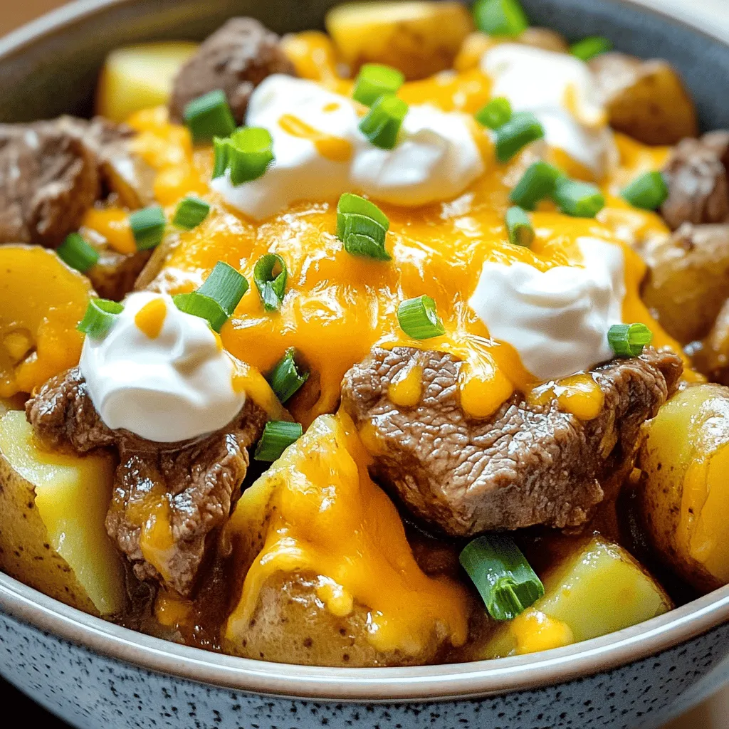 - 1 lb steak (sirloin or ribeye), cut into bite-sized cubes - 4 medium russet potatoes, diced - 1 cup cheddar cheese, shredded - 1/2 cup sour cream - 1/4 cup green onions, chopped The steak is the star here. Sirloin or ribeye works great. Both give rich flavor. Potatoes add heartiness and texture. Use russet potatoes for the best taste. They cook nicely and absorb flavors well. Cheese adds creaminess. Cheddar is my top choice for this dish. It melts beautifully over everything. Sour cream gives a cool touch, while green onions add a fresh crunch. - 1 cup beef broth - 2 tablespoons olive oil - 1 teaspoon garlic powder - 1 teaspoon onion powder - 1 teaspoon smoked paprika - Salt and pepper to taste Beef broth is key for moisture. It helps the steak and potatoes cook tender. Olive oil is great for searing the steak. Seasonings like garlic powder and onion powder bring depth. Smoked paprika adds a nice, smoky flavor. Don't forget salt and pepper to taste. They are essential for bringing out all the flavors. - Optional toppings: crispy bacon bits, jalapeños, or extra cheese - Substitutions: use chicken for a lighter option or vegetable broth for a vegetarian dish You can get creative with toppings. Crispy bacon bits add crunch and flavor. Jalapeños give a spicy kick. Extra cheese is always a win! For lighter options, swap steak with chicken. If you want it vegetarian, use vegetable broth instead of beef broth. This dish can fit many diets with some simple swaps. For the Full Recipe, refer back to the main article. Seasoning Techniques Start by cutting your steak into bite-sized cubes. I like to use sirloin or ribeye for this recipe. Next, season the steak with garlic powder, onion powder, smoked paprika, salt, and pepper. Mix these spices well to coat each piece evenly. This step adds flavor that makes the dish shine. Searing Process Heat olive oil in a skillet over medium-high heat. Once hot, add the seasoned steak cubes. Sear them for about 3-4 minutes. Make sure to brown all sides. This helps to lock in flavor and juices. After searing, remove the steak from heat and set it aside. Best Practices for Layering Layering is key for even cooking. Start by placing the diced potatoes at the bottom of your crockpot. This ensures they cook well without burning. After that, add the seared steak cubes on top of the potatoes. Importance of Liquid Now, pour beef broth over the layers. This liquid is crucial. It keeps the steak and potatoes moist and tender. Without it, the dish may dry out during cooking. Low vs. High Cooking Settings Cover your crockpot and choose your cooking setting. If you have time, cook on low for 6-8 hours. This gives the best flavor. If you’re in a hurry, the high setting works too at 3-4 hours. Checking for Doneness When the cooking time is up, check if the potatoes are tender and the steak is cooked through. A fork should easily pierce the potatoes. If they aren't done, cook a bit longer. This ensures a perfect meal every time. How to Achieve Perfectly Tender Steak To get tender steak, always start with good quality meat. I suggest using sirloin or ribeye. Cut the steak into bite-sized cubes for even cooking. Season the cubes with garlic powder, onion powder, smoked paprika, salt, and pepper. Searing the steak in olive oil for 3-4 minutes is key. This browns the outside and locks in flavor. After searing, place the steak in the crockpot with the potatoes. This method keeps it juicy and tender. Preventing Potato Overcooking To avoid mushy potatoes, choose medium russet potatoes. Dice them into uniform pieces to ensure they cook evenly. Layer them at the bottom of the crockpot. This method helps them cook just right, soaking up all the delicious flavors without turning to mush. Cooking on low for 6-8 hours or high for 3-4 hours will yield the best results. Serving Suggestions with Garnishes For a fun touch, serve this dish in bowls. Top each serving with shredded cheddar cheese and a dollop of sour cream. Add chopped green onions for a pop of color. You can also sprinkle some paprika on top for an extra flair. This makes your meal look as good as it tastes! Suggested Side Dishes Pair this loaded bake with a simple salad or steamed veggies. A fresh garden salad with a light dressing complements the rich flavors of the dish. You could also serve crusty bread on the side for dipping. This adds a nice contrast to the meal. Recommended Crockpot Size A 6-quart crockpot works best for this recipe. It has enough space for the steak, potatoes, and broth. This size allows for even cooking without crowding the ingredients. If you have a smaller model, you may need to adjust the recipe. Extra Utensils for Searing Use a heavy skillet for searing the steak. A cast-iron skillet gives great heat retention. This ensures a nice brown crust on the steak. Have a spatula ready for flipping the meat. You will also need measuring cups and spoons for easy prep. {{image_2}} You can switch up the protein in your loaded bake. If you want chicken, use diced chicken breast. Cook it in the same way as the steak. It will be just as tasty! Pork is another great choice. Use pork loin or tenderloin for a different flavor. For a plant-based option, try using tofu or tempeh. Both provide protein and soak up flavors well. You can also use chickpeas for a unique twist. Just make sure to adjust cooking times as needed. Want to kick it up a notch? Add hot sauce or BBQ sauce. This will bring a nice kick to your dish. You can also mix in a few tablespoons of your favorite sauce while cooking. Adding vegetables can boost nutrition and flavor. Try adding bell peppers, carrots, or even corn. They will blend well with the potatoes and steak. Just chop them up and layer them in the crockpot with the other ingredients. Cheese is key in this dish! Cheddar is classic, but feel free to explore. You can use Monterey Jack for a milder taste. Pepper Jack adds a spicy twist. If you prefer vegan cheese, there are many options out there. Look for nut-based or soy-based cheeses. They melt well and can add creaminess. Just make sure to add it in the last 30 minutes of cooking for the best results. For the full recipe, check out the detailed instructions above! To keep your leftover Crockpot Loaded Steak and Potato Bake fresh, store it right. First, let it cool to room temperature. Then, place the dish in an airtight container. This will help keep moisture in and odors out. You can also divide the leftovers into smaller containers for easy meals later. Use glass or BPA-free plastic containers. Glass is great for reheating since it can go from fridge to microwave. If you use plastic, make sure it is made for food storage. Label each container with the date to track freshness. To freeze your dish, first cool it completely. Then, transfer it to a freezer-safe container. Make sure to leave some space at the top, as food expands when frozen. You can also wrap the dish in plastic wrap and then in foil for added protection. When you are ready to enjoy it, thaw the dish in your fridge overnight. If you need it faster, you can run the container under cold water. Reheat in the microwave or oven until it is hot all the way through. Stir it well during reheating to make sure the heat spreads evenly. In the fridge, your dish will last about 3 to 4 days. Make sure to eat it before then for the best taste. Check for changes in smell or color. If the dish looks dry or has a strange odor, it is best to throw it out. Always trust your senses; if it seems off, don't eat it. The cooking time varies based on your crockpot setting. If you cook on low, it takes about 6-8 hours. If you choose high, it only takes about 3-4 hours. Just check the potatoes for tenderness toward the end. They should be soft when pricked with a fork. Yes, you can prepare this dish in advance. Start by cutting the steak and potatoes. Season the steak and place everything in the crockpot. Cover it and keep it in the fridge overnight. In the morning, just plug in the crockpot, and you’re set for dinner! You can use chicken broth or vegetable broth as a substitute. Both options work well and add flavor. If you want a richer taste, use homemade broth. Just make sure it complements your other ingredients. To find the complete Crockpot Loaded Steak and Potato Bake recipe, check out my website. You will find all the details you need to create this tasty dish. In this blog post, we covered how to make a delicious Crockpot Loaded Steak and Potato Bake. You learned about key ingredients, from steak choices to essential seasonings. We discussed step-by-step cooking instructions and shared helpful tips for perfect results. You now have variations to try and storage tips to keep leftovers fresh. Embrace your creativity in the kitchen. Experiment with flavors and textures. This dish is not just easy but also fun to make. Enjoy your cooking adventure!