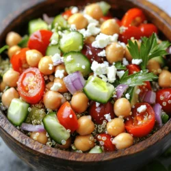 To make a tasty Mediterranean Quinoa Salad, gather these fresh ingredients: - 1 cup quinoa, rinsed - 2 cups vegetable broth or water - 1 cucumber, diced - 1 cup cherry tomatoes, halved - 1 red bell pepper, diced - ½ red onion, finely chopped - 1 cup chickpeas, drained and rinsed - ½ cup Kalamata olives, pitted and sliced - ½ cup feta cheese, crumbled (optional) - 2 tablespoons olive oil - 2 tablespoons lemon juice - 1 teaspoon dried oregano - Salt and pepper to taste - Fresh parsley, chopped for garnish Each ingredient plays a key role. Quinoa serves as the base and adds protein. Fresh vegetables bring crunch and color. I love adding chickpeas for extra protein. Olives and feta give a nice briny taste. The dressing, made of olive oil and lemon juice, ties everything together. Using vegetable broth instead of water enhances the flavor. It brings depth to the quinoa. You can mix in any other veggies you like. Zucchini, spinach, or even artichokes work well. This salad is versatile and fun. You can use this [Full Recipe] to create your own version! Start by heating your mixture. In a medium saucepan, combine the rinsed quinoa and vegetable broth or water. Turn the heat to high and bring it to a boil. This is where the magic begins! Next, cover and simmer. Once boiling, reduce the heat to low. Cover the saucepan and let it simmer for about 15 minutes. The goal is for the quinoa to absorb all the liquid and become fluffy. After cooking, fluff the quinoa. Turn off the heat and let the saucepan sit for about 5 minutes. Then, take a fork and gently fluff the quinoa. This step makes it light and airy, perfect for your salad. Now, let’s prepare the vegetables. I recommend chopping them into bite-sized pieces. For the cucumber, use your knife to slice it evenly. Halve the cherry tomatoes, and dice the red bell pepper and red onion. This makes mixing easy. Once chopped, it’s time to combine ingredients. In a large mixing bowl, add the cooled quinoa along with the cucumber, cherry tomatoes, red bell pepper, red onion, chickpeas, and Kalamata olives. This colorful mix is not just pretty; it’s packed with flavor. For the dressing, mix the dressing ingredients. In a small bowl, whisk together the olive oil, lemon juice, dried oregano, salt, and pepper. This simple blend brings a zing to your salad. To achieve a balanced flavor, taste as you mix. Adjust the salt and pepper to your liking. If you want a bit more zest, add another splash of lemon juice. This will help elevate all the fresh flavors in your salad. Finally, pour the dressing over the salad mixture. Toss gently to coat everything evenly. If you’re using feta cheese, sprinkle it on top and give the salad a gentle toss. Garnish with fresh parsley for a beautiful finish. Enjoy your Mediterranean Quinoa Salad! For the full recipe, check out the details above. To get the best texture, start by rinsing the quinoa. This step removes the bitter coating called saponin. Use a fine-mesh strainer to rinse under cold water for about 2 minutes. For cooking, use the right water-to-quinoa ratio. I recommend 2 cups of vegetable broth or water for every cup of quinoa. Bring it to a boil, then lower the heat and cover. Let it simmer for 15 minutes. After cooking, remove it from heat and let it sit for 5 minutes. Fluff it gently with a fork. This keeps it light and airy. Adding fresh herbs and spices makes a huge difference. I love using parsley, basil, or mint. These herbs brighten the dish. You can also try adding a pinch of cumin or smoked paprika for warmth. As for seasoning, don’t be shy. Taste the salad and adjust the salt and pepper to your liking. A squeeze of extra lemon juice can also enhance the taste. Serving this salad beautifully makes it even more appealing. I suggest using a large, shallow bowl. It allows the vibrant colors to shine. For garnishing, fresh parsley on top adds a nice touch. You can also sprinkle extra feta cheese for a creamy finish. Serve it chilled or at room temperature for the best flavor. For a complete guide, check out the [Full Recipe]. {{image_2}} You can make this salad heartier by adding protein. Grilled chicken works well. Simply slice the chicken into strips and mix it in. It adds great flavor and texture. Another option is to use tofu or shrimp. For tofu, press it to remove water, then cube and sauté until golden. For shrimp, grill or sauté until pink. Both choices add a tasty twist to the salad. To make this salad vegan, you can omit the feta cheese. The salad will still taste great without it. You can also try alternative dressings. A simple vinaigrette with olive oil and vinegar is a good choice. This keeps the salad fresh and flavorful. Seasonal vegetables can change the salad's taste. In summer, add zucchini or bell peppers. In fall, try roasted butternut squash or beets. You can also play with flavoring options for different seasons. In winter, add warm spices like cumin or cinnamon. In spring, fresh herbs like mint or basil can brighten up the dish. This keeps your Mediterranean quinoa salad exciting all year long. For the full recipe, check out Mediterranean Quinoa Salad. To keep your Mediterranean quinoa salad fresh, store it in the fridge. Use an airtight container to prevent sogginess. Glass or plastic containers work well. Make sure to seal the lid tightly. This helps lock in flavors and keeps it safe. In the fridge, your salad lasts about 3 to 5 days. This time may vary based on the ingredients. If you want to keep it longer, you can freeze it. However, note that freezing may change the texture of some veggies. For freezing, use freezer-safe containers and label them with the date. When reheating, do so gently to maintain texture. The best method is to use the stovetop. Add a splash of water to help steam the salad. Heat it on low, stirring often. If you want a cold meal, enjoy it straight from the fridge. It pairs well with grilled chicken or fish for a full meal. For the complete recipe, check out the [Full Recipe]. Yes, you can easily prepare this salad in advance. It actually tastes even better the next day. For meal prep, follow these tips: - Cook the quinoa ahead: Make the quinoa and let it cool. Store it in the fridge. - Chop veggies early: Dice the cucumbers, bell peppers, and onions. Keep them in airtight containers. - Dress it later: Wait to add the dressing until just before serving. This keeps the salad fresh and crisp. - Mix and match: You can mix different ingredients based on your taste. This makes it fun! Yes, quinoa is gluten-free. It is a great choice for people with gluten intolerance or celiac disease. Here are a few points about quinoa's dietary benefits: - High in protein: Quinoa contains all nine essential amino acids. - Rich in fiber: It helps with digestion and keeps you feeling full. - Versatile grain: You can use it in salads, bowls, or even as a side dish. - Easy to cook: It cooks quickly and is simple to add to meals. This salad pairs well with many dishes. Consider these options for a complete meal: - Grilled chicken: The flavors work well together. - Fish: Salmon or tilapia complements the salad's freshness. - Hummus and pita bread: Add a Middle Eastern twist to your meal. - Roasted vegetables: They add warmth and extra nutrients. - Tzatziki sauce: A cool sauce that enhances Mediterranean flavors. For the full recipe, check out the details above! This blog post covered how to make a delicious Mediterranean Quinoa Salad. I outlined the key ingredients, cooking steps, and useful tips for flavor and presentation. I also shared variations to suit your tastes, along with storage advice to keep leftovers fresh. In my view, this salad is not just healthy but also versatile. You can easily adapt it for any meal. Now, enjoy creating your own version of this tasty dish!