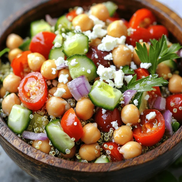 To make a tasty Mediterranean Quinoa Salad, gather these fresh ingredients: - 1 cup quinoa, rinsed - 2 cups vegetable broth or water - 1 cucumber, diced - 1 cup cherry tomatoes, halved - 1 red bell pepper, diced - ½ red onion, finely chopped - 1 cup chickpeas, drained and rinsed - ½ cup Kalamata olives, pitted and sliced - ½ cup feta cheese, crumbled (optional) - 2 tablespoons olive oil - 2 tablespoons lemon juice - 1 teaspoon dried oregano - Salt and pepper to taste - Fresh parsley, chopped for garnish Each ingredient plays a key role. Quinoa serves as the base and adds protein. Fresh vegetables bring crunch and color. I love adding chickpeas for extra protein. Olives and feta give a nice briny taste. The dressing, made of olive oil and lemon juice, ties everything together. Using vegetable broth instead of water enhances the flavor. It brings depth to the quinoa. You can mix in any other veggies you like. Zucchini, spinach, or even artichokes work well. This salad is versatile and fun. You can use this [Full Recipe] to create your own version! Start by heating your mixture. In a medium saucepan, combine the rinsed quinoa and vegetable broth or water. Turn the heat to high and bring it to a boil. This is where the magic begins! Next, cover and simmer. Once boiling, reduce the heat to low. Cover the saucepan and let it simmer for about 15 minutes. The goal is for the quinoa to absorb all the liquid and become fluffy. After cooking, fluff the quinoa. Turn off the heat and let the saucepan sit for about 5 minutes. Then, take a fork and gently fluff the quinoa. This step makes it light and airy, perfect for your salad. Now, let’s prepare the vegetables. I recommend chopping them into bite-sized pieces. For the cucumber, use your knife to slice it evenly. Halve the cherry tomatoes, and dice the red bell pepper and red onion. This makes mixing easy. Once chopped, it’s time to combine ingredients. In a large mixing bowl, add the cooled quinoa along with the cucumber, cherry tomatoes, red bell pepper, red onion, chickpeas, and Kalamata olives. This colorful mix is not just pretty; it’s packed with flavor. For the dressing, mix the dressing ingredients. In a small bowl, whisk together the olive oil, lemon juice, dried oregano, salt, and pepper. This simple blend brings a zing to your salad. To achieve a balanced flavor, taste as you mix. Adjust the salt and pepper to your liking. If you want a bit more zest, add another splash of lemon juice. This will help elevate all the fresh flavors in your salad. Finally, pour the dressing over the salad mixture. Toss gently to coat everything evenly. If you’re using feta cheese, sprinkle it on top and give the salad a gentle toss. Garnish with fresh parsley for a beautiful finish. Enjoy your Mediterranean Quinoa Salad! For the full recipe, check out the details above. To get the best texture, start by rinsing the quinoa. This step removes the bitter coating called saponin. Use a fine-mesh strainer to rinse under cold water for about 2 minutes. For cooking, use the right water-to-quinoa ratio. I recommend 2 cups of vegetable broth or water for every cup of quinoa. Bring it to a boil, then lower the heat and cover. Let it simmer for 15 minutes. After cooking, remove it from heat and let it sit for 5 minutes. Fluff it gently with a fork. This keeps it light and airy. Adding fresh herbs and spices makes a huge difference. I love using parsley, basil, or mint. These herbs brighten the dish. You can also try adding a pinch of cumin or smoked paprika for warmth. As for seasoning, don’t be shy. Taste the salad and adjust the salt and pepper to your liking. A squeeze of extra lemon juice can also enhance the taste. Serving this salad beautifully makes it even more appealing. I suggest using a large, shallow bowl. It allows the vibrant colors to shine. For garnishing, fresh parsley on top adds a nice touch. You can also sprinkle extra feta cheese for a creamy finish. Serve it chilled or at room temperature for the best flavor. For a complete guide, check out the [Full Recipe]. {{image_2}} You can make this salad heartier by adding protein. Grilled chicken works well. Simply slice the chicken into strips and mix it in. It adds great flavor and texture. Another option is to use tofu or shrimp. For tofu, press it to remove water, then cube and sauté until golden. For shrimp, grill or sauté until pink. Both choices add a tasty twist to the salad. To make this salad vegan, you can omit the feta cheese. The salad will still taste great without it. You can also try alternative dressings. A simple vinaigrette with olive oil and vinegar is a good choice. This keeps the salad fresh and flavorful. Seasonal vegetables can change the salad's taste. In summer, add zucchini or bell peppers. In fall, try roasted butternut squash or beets. You can also play with flavoring options for different seasons. In winter, add warm spices like cumin or cinnamon. In spring, fresh herbs like mint or basil can brighten up the dish. This keeps your Mediterranean quinoa salad exciting all year long. For the full recipe, check out Mediterranean Quinoa Salad. To keep your Mediterranean quinoa salad fresh, store it in the fridge. Use an airtight container to prevent sogginess. Glass or plastic containers work well. Make sure to seal the lid tightly. This helps lock in flavors and keeps it safe. In the fridge, your salad lasts about 3 to 5 days. This time may vary based on the ingredients. If you want to keep it longer, you can freeze it. However, note that freezing may change the texture of some veggies. For freezing, use freezer-safe containers and label them with the date. When reheating, do so gently to maintain texture. The best method is to use the stovetop. Add a splash of water to help steam the salad. Heat it on low, stirring often. If you want a cold meal, enjoy it straight from the fridge. It pairs well with grilled chicken or fish for a full meal. For the complete recipe, check out the [Full Recipe]. Yes, you can easily prepare this salad in advance. It actually tastes even better the next day. For meal prep, follow these tips: - Cook the quinoa ahead: Make the quinoa and let it cool. Store it in the fridge. - Chop veggies early: Dice the cucumbers, bell peppers, and onions. Keep them in airtight containers. - Dress it later: Wait to add the dressing until just before serving. This keeps the salad fresh and crisp. - Mix and match: You can mix different ingredients based on your taste. This makes it fun! Yes, quinoa is gluten-free. It is a great choice for people with gluten intolerance or celiac disease. Here are a few points about quinoa's dietary benefits: - High in protein: Quinoa contains all nine essential amino acids. - Rich in fiber: It helps with digestion and keeps you feeling full. - Versatile grain: You can use it in salads, bowls, or even as a side dish. - Easy to cook: It cooks quickly and is simple to add to meals. This salad pairs well with many dishes. Consider these options for a complete meal: - Grilled chicken: The flavors work well together. - Fish: Salmon or tilapia complements the salad's freshness. - Hummus and pita bread: Add a Middle Eastern twist to your meal. - Roasted vegetables: They add warmth and extra nutrients. - Tzatziki sauce: A cool sauce that enhances Mediterranean flavors. For the full recipe, check out the details above! This blog post covered how to make a delicious Mediterranean Quinoa Salad. I outlined the key ingredients, cooking steps, and useful tips for flavor and presentation. I also shared variations to suit your tastes, along with storage advice to keep leftovers fresh. In my view, this salad is not just healthy but also versatile. You can easily adapt it for any meal. Now, enjoy creating your own version of this tasty dish!