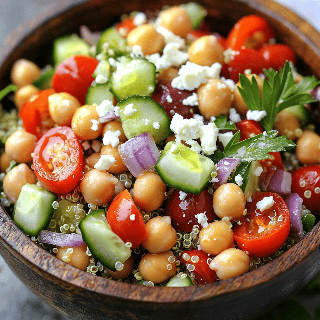To make a tasty Mediterranean Quinoa Salad, gather these fresh ingredients: - 1 cup quinoa, rinsed - 2 cups vegetable broth or water - 1 cucumber, diced - 1 cup cherry tomatoes, halved - 1 red bell pepper, diced - ½ red onion, finely chopped - 1 cup chickpeas, drained and rinsed - ½ cup Kalamata olives, pitted and sliced - ½ cup feta cheese, crumbled (optional) - 2 tablespoons olive oil - 2 tablespoons lemon juice - 1 teaspoon dried oregano - Salt and pepper to taste - Fresh parsley, chopped for garnish Each ingredient plays a key role. Quinoa serves as the base and adds protein. Fresh vegetables bring crunch and color. I love adding chickpeas for extra protein. Olives and feta give a nice briny taste. The dressing, made of olive oil and lemon juice, ties everything together. Using vegetable broth instead of water enhances the flavor. It brings depth to the quinoa. You can mix in any other veggies you like. Zucchini, spinach, or even artichokes work well. This salad is versatile and fun. You can use this [Full Recipe] to create your own version! Start by heating your mixture. In a medium saucepan, combine the rinsed quinoa and vegetable broth or water. Turn the heat to high and bring it to a boil. This is where the magic begins! Next, cover and simmer. Once boiling, reduce the heat to low. Cover the saucepan and let it simmer for about 15 minutes. The goal is for the quinoa to absorb all the liquid and become fluffy. After cooking, fluff the quinoa. Turn off the heat and let the saucepan sit for about 5 minutes. Then, take a fork and gently fluff the quinoa. This step makes it light and airy, perfect for your salad. Now, let’s prepare the vegetables. I recommend chopping them into bite-sized pieces. For the cucumber, use your knife to slice it evenly. Halve the cherry tomatoes, and dice the red bell pepper and red onion. This makes mixing easy. Once chopped, it’s time to combine ingredients. In a large mixing bowl, add the cooled quinoa along with the cucumber, cherry tomatoes, red bell pepper, red onion, chickpeas, and Kalamata olives. This colorful mix is not just pretty; it’s packed with flavor. For the dressing, mix the dressing ingredients. In a small bowl, whisk together the olive oil, lemon juice, dried oregano, salt, and pepper. This simple blend brings a zing to your salad. To achieve a balanced flavor, taste as you mix. Adjust the salt and pepper to your liking. If you want a bit more zest, add another splash of lemon juice. This will help elevate all the fresh flavors in your salad. Finally, pour the dressing over the salad mixture. Toss gently to coat everything evenly. If you’re using feta cheese, sprinkle it on top and give the salad a gentle toss. Garnish with fresh parsley for a beautiful finish. Enjoy your Mediterranean Quinoa Salad! For the full recipe, check out the details above. To get the best texture, start by rinsing the quinoa. This step removes the bitter coating called saponin. Use a fine-mesh strainer to rinse under cold water for about 2 minutes. For cooking, use the right water-to-quinoa ratio. I recommend 2 cups of vegetable broth or water for every cup of quinoa. Bring it to a boil, then lower the heat and cover. Let it simmer for 15 minutes. After cooking, remove it from heat and let it sit for 5 minutes. Fluff it gently with a fork. This keeps it light and airy. Adding fresh herbs and spices makes a huge difference. I love using parsley, basil, or mint. These herbs brighten the dish. You can also try adding a pinch of cumin or smoked paprika for warmth. As for seasoning, don’t be shy. Taste the salad and adjust the salt and pepper to your liking. A squeeze of extra lemon juice can also enhance the taste. Serving this salad beautifully makes it even more appealing. I suggest using a large, shallow bowl. It allows the vibrant colors to shine. For garnishing, fresh parsley on top adds a nice touch. You can also sprinkle extra feta cheese for a creamy finish. Serve it chilled or at room temperature for the best flavor. For a complete guide, check out the [Full Recipe]. {{image_2}} You can make this salad heartier by adding protein. Grilled chicken works well. Simply slice the chicken into strips and mix it in. It adds great flavor and texture. Another option is to use tofu or shrimp. For tofu, press it to remove water, then cube and sauté until golden. For shrimp, grill or sauté until pink. Both choices add a tasty twist to the salad. To make this salad vegan, you can omit the feta cheese. The salad will still taste great without it. You can also try alternative dressings. A simple vinaigrette with olive oil and vinegar is a good choice. This keeps the salad fresh and flavorful. Seasonal vegetables can change the salad's taste. In summer, add zucchini or bell peppers. In fall, try roasted butternut squash or beets. You can also play with flavoring options for different seasons. In winter, add warm spices like cumin or cinnamon. In spring, fresh herbs like mint or basil can brighten up the dish. This keeps your Mediterranean quinoa salad exciting all year long. For the full recipe, check out Mediterranean Quinoa Salad. To keep your Mediterranean quinoa salad fresh, store it in the fridge. Use an airtight container to prevent sogginess. Glass or plastic containers work well. Make sure to seal the lid tightly. This helps lock in flavors and keeps it safe. In the fridge, your salad lasts about 3 to 5 days. This time may vary based on the ingredients. If you want to keep it longer, you can freeze it. However, note that freezing may change the texture of some veggies. For freezing, use freezer-safe containers and label them with the date. When reheating, do so gently to maintain texture. The best method is to use the stovetop. Add a splash of water to help steam the salad. Heat it on low, stirring often. If you want a cold meal, enjoy it straight from the fridge. It pairs well with grilled chicken or fish for a full meal. For the complete recipe, check out the [Full Recipe]. Yes, you can easily prepare this salad in advance. It actually tastes even better the next day. For meal prep, follow these tips: - Cook the quinoa ahead: Make the quinoa and let it cool. Store it in the fridge. - Chop veggies early: Dice the cucumbers, bell peppers, and onions. Keep them in airtight containers. - Dress it later: Wait to add the dressing until just before serving. This keeps the salad fresh and crisp. - Mix and match: You can mix different ingredients based on your taste. This makes it fun! Yes, quinoa is gluten-free. It is a great choice for people with gluten intolerance or celiac disease. Here are a few points about quinoa's dietary benefits: - High in protein: Quinoa contains all nine essential amino acids. - Rich in fiber: It helps with digestion and keeps you feeling full. - Versatile grain: You can use it in salads, bowls, or even as a side dish. - Easy to cook: It cooks quickly and is simple to add to meals. This salad pairs well with many dishes. Consider these options for a complete meal: - Grilled chicken: The flavors work well together. - Fish: Salmon or tilapia complements the salad's freshness. - Hummus and pita bread: Add a Middle Eastern twist to your meal. - Roasted vegetables: They add warmth and extra nutrients. - Tzatziki sauce: A cool sauce that enhances Mediterranean flavors. For the full recipe, check out the details above! This blog post covered how to make a delicious Mediterranean Quinoa Salad. I outlined the key ingredients, cooking steps, and useful tips for flavor and presentation. I also shared variations to suit your tastes, along with storage advice to keep leftovers fresh. In my view, this salad is not just healthy but also versatile. You can easily adapt it for any meal. Now, enjoy creating your own version of this tasty dish!