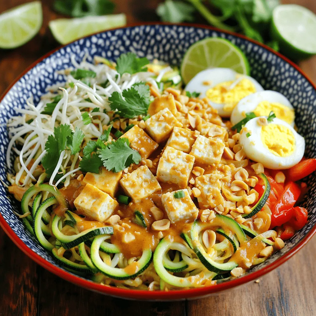 The main ingredients in my Zucchini Noodle Pad Thai create a fresh and tasty dish. Here’s what you need: - 2 medium zucchinis, spiralized - 1 cup firm tofu, cubed - 1 cup bean sprouts - 2 eggs, lightly beaten - 1 red bell pepper, thinly sliced - 3 green onions, chopped - 3 cloves garlic, minced - 2 tablespoons tamari or soy sauce - 1 tablespoon lime juice - 1 tablespoon peanut butter - 1 teaspoon sesame oil - 2 tablespoons crushed peanuts (for garnish) - Fresh cilantro for garnish - Salt and pepper to taste Each ingredient plays a key role in building flavor. Zucchini noodles stand in for pasta, making this dish light and healthy. Tofu adds protein, while the bell pepper and bean sprouts offer crunch and freshness. You can swap out some ingredients if you want. If you don’t like tofu, chicken or shrimp work well. For a nut-free option, leave out the peanut butter and replace it with sunflower seed butter. You can use coconut aminos instead of tamari or soy sauce for a gluten-free choice. If you want more veggies, add carrots or snap peas. These changes keep the dish fresh and fun. This dish is not just tasty; it is also full of nutrients. Here are some benefits: - Zucchini is low in calories and high in fiber. It helps digestion and keeps you full. - Tofu is a great source of protein and contains iron and calcium. - Bean sprouts are rich in vitamins and minerals. They are low in calories and add crunch. - Eggs are packed with protein and healthy fats. They keep you energized. - Peanut butter provides healthy fats and protein, which help with satiety. By using these ingredients, you create a dish that is both nourishing and satisfying. For the full recipe, check out my Zucchini Noodle Pad Thai. To start, take your zucchinis and spiralize them into thin noodles. This tool makes it easy to create fun shapes. Set the zucchini noodles aside for later. Make sure to use fresh zucchinis. Fresh ones have a crisp taste that works well in this dish. Next, heat sesame oil in a non-stick skillet over medium heat. Add the cubed tofu to the hot skillet. Cook it until golden brown, about 5 to 7 minutes. This gives the tofu a nice texture. When the tofu is ready, remove it from the skillet and set it aside. In the same skillet, add minced garlic and sliced red bell pepper. Sauté these for 2 to 3 minutes. You want the bell pepper to be tender. Then, push the veggies to one side of the skillet. Pour the beaten eggs into the empty space. Scramble the eggs until they just set. Mix everything together after that. Now, add the zucchini noodles and sautéed tofu back into the skillet. Toss all the ingredients together. This helps mix the flavors. In a small bowl, mix tamari, lime juice, and peanut butter until smooth. Pour this sauce over the noodle mixture. Stir well to coat everything evenly. Finally, add the bean sprouts and chopped green onions. Toss gently for another 1 to 2 minutes. This warms everything through. Taste and season with salt and pepper as needed. Remove from heat and serve hot. For a garnish, add crushed peanuts and fresh cilantro on top. This dish is so vibrant and tasty! For the full recipe, check out the details above. To make zucchini noodles, you need a spiralizer. Choose firm zucchinis for best results. Cut off the ends before spiralizing. Start slow, and keep an even pressure. This ensures long, beautiful noodles. If you don't have a spiralizer, a vegetable peeler works too. Just peel thin strips to mimic noodles. To boost flavor, use fresh ingredients. Fresh garlic adds depth. Lime juice brightens the dish. For heat, add red pepper flakes. You can also toss in fresh herbs like basil or mint. Mixing different textures can elevate your dish. Try adding crunchy veggies or nuts, such as crushed peanuts. This dish is flexible! For a vegan option, skip the eggs or use chickpea flour. If you need gluten-free, use tamari instead of soy sauce. You can also replace tofu with tempeh or seitan. Adjust the vegetables to fit your taste. Feel free to add your favorites! For the full recipe, check out the Zucchini Noodle Pad Thai 🥒 section. {{image_2}} You can make Zucchini Noodle Pad Thai vegetarian or vegan easily. For a vegetarian twist, use eggs as in the recipe. If you prefer vegan, skip the eggs and add more tofu or veggies. You can also try chickpeas for added protein. They add great texture and taste. If you want a meatier dish, add cooked chicken or shrimp. Both options pair well with the zucchini noodles. For chicken, use thinly sliced breast. For shrimp, go for medium or large shrimp, peeled and deveined. Sauté them after cooking the tofu. You can also mix and match proteins for more flavor. To make this dish gluten-free, choose tamari instead of soy sauce. Tamari is a great substitute that keeps the flavor. For low-carb options, stick with zucchini noodles and skip any added sugars. You can also add more low-carb veggies, like bell peppers and mushrooms, to make the dish even more filling. For the full recipe, refer to the ingredients and instructions above. To keep your Zucchini Noodle Pad Thai fresh, store it in an airtight container. This way, it stays moist and tasty. I like to let it cool down first before sealing it. Leftovers will last in the fridge for up to three days. If you want to keep it longer, freezing is a great option. When you're ready to enjoy your leftovers, reheating is simple. I suggest using a skillet for the best results. Heat a little oil over medium heat. Add your leftovers and stir until warm. This method keeps the noodles from getting mushy. You can also use the microwave if you're in a hurry. Just heat in short bursts, stirring in between. Freezing Zucchini Noodle Pad Thai is easy but needs some care. First, cool the dish completely. Then, portion it into freezer-safe bags or containers. Remove as much air as possible to prevent freezer burn. This dish can be frozen for up to a month. When you're ready to eat, thaw it in the fridge overnight. Then, reheat as mentioned above. Enjoy your meal any time with these simple storage tips! Zucchini noodles, or zoodles, are low in carbs and calories. They offer a great way to enjoy a classic dish like Pad Thai without the heavy pasta. They provide vitamins A and C, along with fiber. This means you can fill up without feeling weighed down. Plus, they add a fresh taste and bright color to your meal. Yes, you can prepare some parts of Zucchini Noodle Pad Thai ahead of time. Spiralize the zucchini and store it in the fridge for up to 2 days. Cook the tofu and veggies, then keep them in a container. When you are ready to eat, just heat everything and add the sauce. This makes it quick to enjoy on busy nights. To prevent soggy noodles, salt them before cooking. Sprinkle salt on the spiralized zucchini and let it sit for about 10 minutes. This draws out excess moisture. After that, pat them dry with a paper towel. Cook them quickly over high heat, mixing them in with other ingredients. This keeps them firm and crunchy in your dish. For the full recipe, check out the Zucchini Noodle Pad Thai! Zucchini noodle Pad Thai is a fun and healthy twist on the classic dish. We've covered the key ingredients and their nutrition, plus step-by-step cooking tips. You can adjust this meal based on your taste and diet needs. Remember, proper storage helps keep leftovers fresh, while reheating keeps flavors vibrant. You can enjoy many variations, from vegetarian to gluten-free. Explore these options to find your favorite version. Enjoying healthy meals can be easy and delicious!