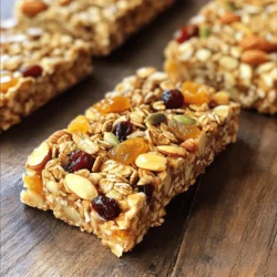 - 2 cups rolled oats - 1 cup mixed nuts (almonds, walnuts, pecans), roughly chopped - 1/2 cup sunflower seeds - 1/2 cup honey or maple syrup - 1/4 cup almond butter (or any nut butter) - 1/2 cup dried fruit (cranberries, apricots, or raisins) - 1/2 teaspoon vanilla extract - 1/4 teaspoon salt - 1/2 teaspoon cinnamon (optional) Each ingredient in these nutty granola bars offers unique health perks. Rolled oats are great for fiber. They help keep you full and support digestion. Nuts like almonds, walnuts, and pecans pack protein, healthy fats, and vitamins. Sunflower seeds offer magnesium and vitamin E, which boost heart health. Honey or maple syrup brings natural sweetness and energy. Almond butter adds creaminess and protein. Dried fruits like cranberries or apricots give you antioxidants and natural sugars. Vanilla extract adds flavor without extra calories. Salt enhances taste, while cinnamon can help manage blood sugar levels. Choosing the right ingredients matters for great granola bars. Here are some tips: - Rolled Oats: Look for whole grain oats. They should be fresh and free from dust. - Mixed Nuts: Choose unsalted, raw nuts for the best flavor and health benefits. Check for freshness. - Sunflower Seeds: Buy them raw or lightly roasted without salt. They should smell nutty, not stale. - Sweeteners: Opt for pure honey or 100% maple syrup. Check the label for additives. - Nut Butter: Select a nut butter with minimal ingredients. It should have nuts as the first ingredient. - Dried Fruit: Choose unsweetened varieties if possible. Look for vibrant colors and no added sugars. Using quality ingredients makes your bars taste better and can boost their health benefits. Enjoy your nutty granola bars! For the full recipe, check the earlier section. 1. Preheat your oven to 350°F (175°C). This helps the bars bake evenly. Line your baking dish with parchment paper. Leave some paper hanging out to make lifting the bars easy later. 2. Combine the dry ingredients. In a large bowl, mix rolled oats, chopped nuts, sunflower seeds, dried fruit, salt, and cinnamon. Stir it well to ensure even distribution. 3. Melt the wet ingredients. In a small saucepan, mix honey and almond butter over medium heat. Stir until it melts. Remove it from the heat, then add vanilla extract and mix again. 4. Mix wet and dry ingredients. Pour the warm nut mixture over the oats and nuts. Stir until every piece is coated well. This step is crucial to ensure the bars stick together. 5. Press the mixture into the dish. Transfer everything into your baking dish. Use a spatula or your hands to press it down firmly. This helps the bars hold their shape after baking. 6. Bake the bars. Place your dish in the oven for 20-25 minutes. Look for golden brown edges as a sign they are ready. 7. Cool the bars. After baking, take the pan out and let it cool on a wire rack. Cooling is key to cutting them into neat bars. 8. Cut and enjoy. Once cool, use the parchment paper to lift the granola block out. Cut it into bars of your preferred size. Every step in this recipe plays a vital role. Preheating the oven ensures that the bars cook evenly. Mixing dry ingredients properly helps distribute flavors and textures. Melting the wet ingredients creates a sticky mixture that binds everything together. Pressing the mixture firmly ensures the bars won’t crumble apart. Baking until golden brown gives them a nice texture and flavor. Cooling helps them set, making cutting easier and cleaner. - Skipping the parchment paper. This can make removing the bars difficult. - Not pressing the mixture firmly. If you don’t press it down, the bars may fall apart. - Underbaking or overbaking. Keep an eye on the edges for perfect texture. - Not letting them cool. Cutting them too soon can lead to messy, crumbled bars. By following these steps closely, you can create nutty granola bars that are both delicious and packed with energy! You can change the nuts and seeds in the recipe. Try pecans, hazelnuts, or pumpkin seeds. You can also swap dried fruits. Use raisins, figs, or even coconut flakes. Want more flavor? Add chocolate chips or spices like ginger. You can adjust sweetness too. Add more honey or use less for a less sweet bar. Always preheat your oven. This helps the bars cook evenly. Use parchment paper for easy removal. Press the mixture firmly to make sure it holds together. Bake until the edges turn golden brown. This signals they are done. Let them cool completely before cutting. This helps the bars stay firm. You can serve these bars on their own. They are perfect for breakfast or snacks. Pair them with yogurt for a tasty treat. You can also enjoy them with fruit or smoothies. For a fun twist, crumble them over ice cream or oatmeal. They add crunch and flavor to any meal! {{image_2}} You can change the nuts and seeds in your granola bars. Try cashews or hazelnuts for a new taste. You can also add chia seeds or pumpkin seeds for extra crunch. Each nut and seed adds a unique flavor and texture. Feel free to mix and match to find your favorite combo. Get adventurous with flavors! Add a sprinkle of cocoa powder for a chocolate twist. You can also mix in some coconut flakes for a tropical vibe. Try using different dried fruits, like mango or figs, to switch things up. You could even add spices like nutmeg or ginger for warmth. The options are endless, so have fun experimenting! Making these bars fit your diet is easy. For gluten-free bars, ensure you use certified gluten-free oats. To make them vegan, simply replace honey with maple syrup. You can also use a plant-based butter instead of regular nut butter. These swaps keep your granola bars tasty and inclusive for everyone. For the complete process, refer to the Full Recipe. To keep your nutty granola bars fresh, store them in an airtight container. I prefer using glass jars or plastic containers. Make sure to layer parchment paper between the bars. This keeps them from sticking together. You can also wrap each bar in plastic wrap for easy grab-and-go snacks. Homemade granola bars last about one week at room temperature. If you keep them in the fridge, they can last up to two weeks. Always check for any signs of spoilage, like an off smell or change in texture. Although they are tasty, don’t eat them if they look or smell bad. If you want to save your nutty granola bars for longer, freezing is a great option. Wrap each bar tightly in plastic wrap. Then place them in a freezer-safe bag or container. They can stay fresh for up to three months in the freezer. When you're ready to eat, just take out a bar and let it thaw at room temperature. Enjoy your snack anytime! Yes, you can use other sweeteners in your nutty granola bars. Honey and maple syrup work well. You can also try agave nectar or brown rice syrup. Each sweetener brings a unique flavor. If you prefer less sugar, consider using mashed bananas or applesauce. These add sweetness and moisture. Just remember to adjust the amount based on how sweet you want your bars. Making nutty granola bars gluten-free is easy. Start by using gluten-free rolled oats. Many brands offer oats that are certified gluten-free. You can also check your nut butter and sweeteners for gluten. Always read labels to ensure they are safe. This way, you can enjoy tasty bars without gluten. The best nuts for this recipe are almonds, walnuts, and pecans. These nuts add crunch and flavor. You can mix and match to suit your taste. If you want more variety, try cashews or hazelnuts. Each nut adds its own unique taste and texture. You can also toast them for extra flavor. In this blog post, we explored the best ingredients for nutty granola bars and their benefits. I shared step-by-step instructions and highlighted common mistakes to avoid. You learned tips for customizing your bars and how to store them properly. Remember, using quality ingredients makes a big difference. Don't shy away from experimenting with flavors and textures. Enjoy your healthy snacks, and make them your own!