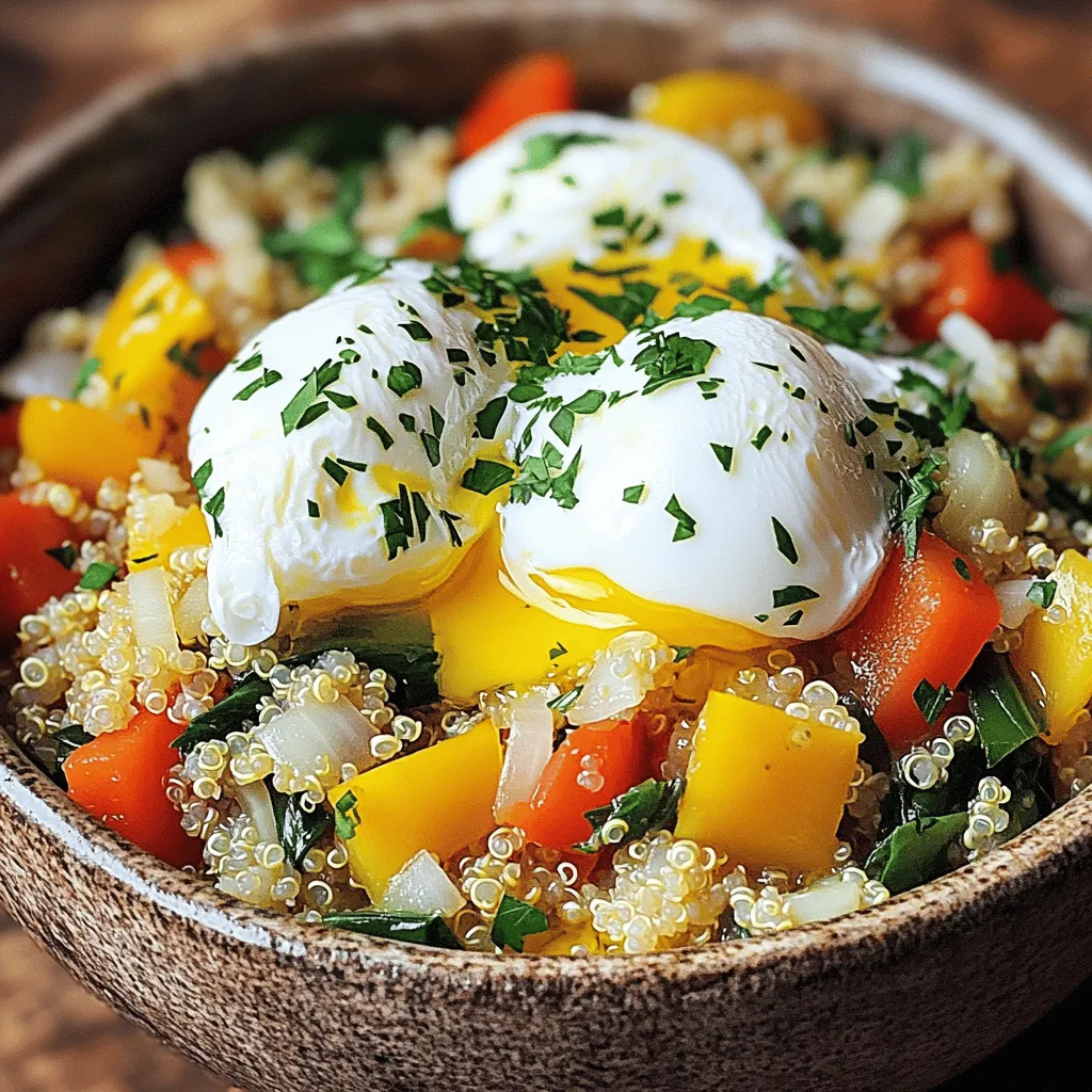 - 1 cup quinoa, rinsed - 2 cups vegetable broth - 1 tablespoon olive oil - 1 small onion, finely chopped - 2 garlic cloves, minced - 1 bell pepper, diced (any color) - 1 cup spinach, roughly chopped - 1 teaspoon ground cumin - 1 teaspoon smoked paprika - Salt and pepper to taste - 2 large eggs (optional) - Fresh parsley, chopped, for garnish Each serving of savory breakfast quinoa provides: - Calories: Approximately 300 - Protein: 12 grams - Fiber: 5 grams - Fat: 10 grams This dish is packed with nutrients. Quinoa gives you protein, while veggies add vitamins. If you choose to add eggs, you’ll boost the protein even more. You can easily swap ingredients based on your taste or what you have. Here are some ideas: - Use chicken or vegetable broth instead of vegetable broth for more flavor. - Swap spinach with kale or Swiss chard for a different green. - Try other bell peppers or add zucchini for extra veggies. - Use any oil you have on hand, like avocado or coconut oil. Feel free to mix and match based on what you enjoy. Cooking is all about being creative and personal! For the full recipe, check out the complete cooking instructions. First, rinse the quinoa in cold water. This helps remove the bitter coating. Use a fine mesh strainer for best results. After rinsing, put the quinoa in a medium saucepan. Add two cups of vegetable broth. Bring the pot to a boil over medium-high heat. When it boils, turn down the heat to low. Cover the pot and let it simmer for 15 minutes. Check to see if the liquid is absorbed. This will ensure fluffy quinoa. Once done, remove it from heat. Let the pot sit covered for five minutes. Fluff the quinoa with a fork and set it aside. Next, it’s time to sauté the vegetables. Heat one tablespoon of olive oil in a large skillet over medium heat. Add the finely chopped onion. Sauté the onion until it becomes translucent, about five minutes. Then, stir in the minced garlic. Cook for one minute. Next, add the diced bell pepper. Cook it for three to four minutes. You want the bell pepper to soften but still have a slight crunch. Add seasonings like salt and pepper at this stage. This will help enhance the flavor of the vegetables. Now, mix the cooked quinoa with the vegetable mixture. Pour the quinoa into the skillet. Stir everything together until well combined. Taste the mixture and adjust the seasonings as needed. If you want extra protein, now is a good time to cook the eggs. You can poach or fry them in a separate pan. Once everything is ready, serve the savory quinoa in bowls. Top each bowl with a cooked egg and garnish with fresh parsley. Enjoy your healthy and tasty breakfast! To boost the savory taste of your breakfast quinoa, focus on fresh herbs. Adding cilantro, chives, or basil can elevate each bite. For those adventurous in the spice world, try adding turmeric or a dash of chili powder. These spices provide warmth and depth. Umami-rich ingredients are also great. Incorporate sun-dried tomatoes or nutritional yeast for a cheesy flavor without dairy. Both options enhance the savory profile beautifully. Busy mornings don’t have to mean skipping breakfast. Prepare your quinoa ahead of time. Cook a large batch and store it in the fridge. This way, you can enjoy it all week. When storing, keep your cooked quinoa and veggies in airtight containers. They will stay fresh for about four to five days. To reheat, simply microwave for 1-2 minutes. Stir to ensure even heating. Serving your savory breakfast quinoa in unique ways adds joy to your meal. Consider using colorful bowls for a fun look. You can even layer the quinoa with vegetables for a stunning effect. Garnish with fresh parsley or a sprinkle of feta cheese. It not only adds flavor but also looks great. Using bowls instead of plates can create a cozy dining experience. {{image_2}} You can easily boost the protein in your savory breakfast quinoa. Here are a few ideas: - Chicken: Cook diced chicken breast in the skillet until golden brown. Add it after sautéing the veggies. - Tofu: Use firm tofu for a plant-based option. Press it to remove excess water, then cube and sauté until crispy. - Beans: Canned beans like black beans or chickpeas work well. Rinse them and stir them in with the quinoa. For cooking methods, sautéing or poaching works best. Chicken and tofu get nice and crispy this way. Beans can heat through in just a few minutes. Flavor pairings are key. Chicken pairs well with cumin and paprika. Tofu works nicely with soy sauce or sesame oil. Beans add creaminess and can take on any spice you use. You can change up the veggies in your quinoa dish. Here are some good choices: - Mushrooms: Add sliced mushrooms for a rich, umami flavor. - Zucchini: Dice zucchini and sauté it until soft for a fresh taste. - Carrots: Grate carrots for sweetness and color. Seasonal veggies are fun too. In spring, add asparagus. In fall, try roasted butternut squash. Adjust cooking times based on the veggies. Softer veggies like spinach cook quickly, while firmer ones like carrots need a few extra minutes. Experimenting with flavors can make breakfast exciting. Here are some ideas: - Mediterranean: Add olives, feta cheese, and a drizzle of olive oil. - Mexican: Mix in corn, diced tomatoes, and cilantro. Top with avocado. For toppings, consider adding nuts or seeds for crunch. A dollop of Greek yogurt adds creaminess. You can also whip up custom sauces. Try a tahini dressing or a spicy salsa for a twist. These variations keep your savory breakfast quinoa fresh and fun! Check out the Full Recipe to start your culinary adventure. Store your savory breakfast quinoa in an airtight container. This keeps it fresh. It will last up to 4 days in the fridge. Always check for signs of spoilage, like a sour smell or mold. If you see these, throw it away. To freeze your cooked quinoa, let it cool completely. Then, place it in a freezer-safe bag or container. Remove as much air as you can. When ready to eat, thaw it in the fridge overnight. For reheating, use the microwave or stovetop. Just add a splash of water to keep it moist. Freezing may affect the texture, making it a bit softer, but it remains tasty. For the complete recipe, check out the [Full Recipe]. To make quinoa fluffy, rinse it well before cooking. This removes the bitter coating called saponin. Use a fine mesh strainer for the best results. Cook quinoa in a 2:1 ratio of liquid to quinoa. I recommend vegetable broth for added flavor. Bring it to a boil, then lower the heat and cover. Let it simmer for 15 minutes. After cooking, let it sit covered for 5 minutes. Then, fluff the quinoa with a fork. This helps separate the grains and gives it a light texture. Yes, you can easily make this recipe vegan. Simply skip the eggs or replace them with a plant-based option. For example, you can use scrambled tofu for a protein boost. If you want a creamy texture, add some avocado on top instead of eggs. Use vegetable broth in place of any chicken broth. This way, you keep all the flavors while making it vegan-friendly. Savory breakfast quinoa pairs well with many sides. Try serving it with sliced avocado for creaminess. Fresh fruit like berries or orange slices adds brightness. You can also enjoy it with whole grain toast or a simple salad. For an extra kick, serve it with hot sauce or salsa. These options enhance your meal and make it even more delicious. This blog post covered how to make a tasty savory breakfast quinoa. We explored ingredients, cooking methods, and helpful tips. You learned about great variations and storage methods. Remember, the right techniques lead to fluffy quinoa. Play with flavors and ingredients for your own twist. Use this guide to simplify your cooking and enjoy each bite. You now have the tools to make breakfast fun and nourishing. Happy cooking!