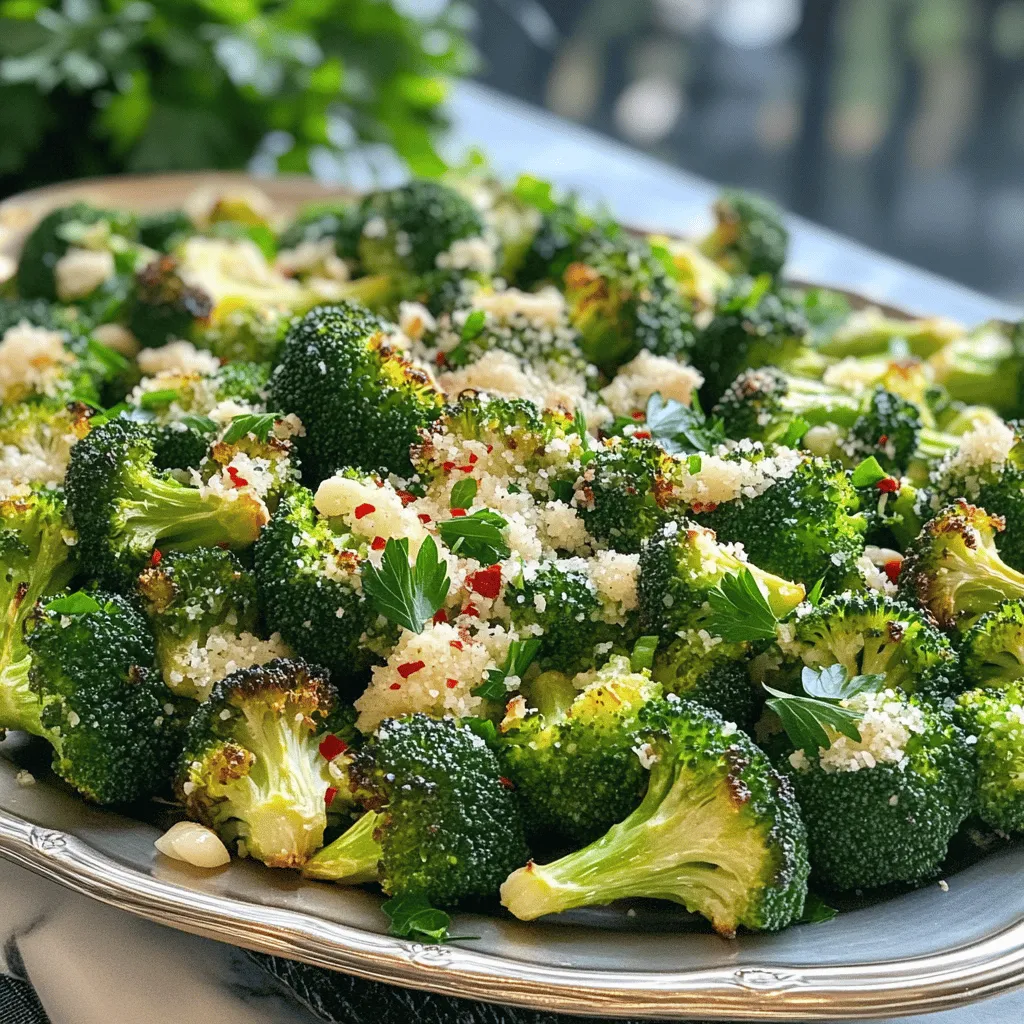To make Garlic Parmesan Roasted Broccoli, you need fresh and simple ingredients. Here’s what you'll need: - 1 pound broccoli florets - 4 cloves garlic, minced - 3 tablespoons olive oil - 1/2 cup grated Parmesan cheese - 1 teaspoon salt - 1/2 teaspoon black pepper - 1/2 teaspoon red pepper flakes (optional) - Juice of 1 lemon - Fresh parsley, chopped (for garnish) Each ingredient plays a key role. The broccoli gives a nice crunch. Garlic adds a rich flavor. Olive oil helps the broccoli roast evenly. Parmesan cheese brings a creamy, salty taste. Salt and pepper enhance all these flavors. Red pepper flakes add a little heat, but it’s optional. A squeeze of lemon at the end brightens the dish. Fresh parsley makes it look pretty too. When you gather these items, you set the stage for a tasty side dish. Check the full recipe for more detailed steps and tips. First, you need to preheat your oven to 425°F (220°C). This high heat helps the broccoli roast well. A hot oven gives the broccoli a nice crispy edge and keeps it tender inside. You want the broccoli to have that perfect blend of flavors. Next, grab a large bowl. Add 1 pound of broccoli florets and 4 minced garlic cloves. Now, drizzle 3 tablespoons of olive oil over the mixture. Stir well to coat the broccoli and garlic evenly. This step is key! Then, add 1/2 cup of grated Parmesan cheese, 1 teaspoon of salt, 1/2 teaspoon of black pepper, and 1/2 teaspoon of red pepper flakes if you want a little heat. Toss everything together until the broccoli is well coated. Now it’s time to roast! Spread the broccoli mixture evenly on a baking sheet lined with parchment paper. Place it in the preheated oven and roast for 20-25 minutes. Keep an eye on it. You want the edges to turn slightly crispy and the broccoli to become tender. Once it’s done, take it out of the oven. Drizzle juice from 1 lemon over the broccoli for a fresh taste. Finally, garnish with chopped parsley before serving. For the full recipe, check out my notes above! To get great flavor, mix all the ingredients well. Start with broccoli and garlic in a big bowl. Pour olive oil over them. Stir until every piece is coated. Add the Parmesan cheese and spices next. Toss again until you see the cheese stick to the broccoli. This step makes sure every bite is tasty! Roasting broccoli takes about 20 to 25 minutes. To see if it’s done, look for a bright green color and crispy edges. You can poke a piece with a fork. If it feels tender but not mushy, it’s ready! Keep an eye on it to avoid burning. Serving your Garlic Parmesan Roasted Broccoli nicely makes a big difference. Use a big platter to show off the broccoli. Sprinkle some extra Parmesan on top for a nice touch. Add lemon wedges around the edges for a pop of color. A sprinkle of fresh parsley adds a nice green look, too. This makes your dish look as good as it tastes! {{image_2}} You can easily mix other vegetables with your broccoli. Try adding carrots, bell peppers, or Brussels sprouts. Chop them into similar sizes for even roasting. This way, all the veggies cook well together. The flavors blend nicely, and you get more colors on your plate. You can use the same garlic and Parmesan mix. It will still taste amazing! If you want a change from Parmesan, go for other cheeses. Feta cheese adds a tangy touch. Cheddar brings a rich flavor. For a nutty twist, try using Asiago. If you're dairy-free, nutritional yeast is a great option. It gives a cheesy taste without the dairy. You can even mix different cheeses for a unique flavor. Add some heat to your Garlic Parmesan Roasted Broccoli! Use more red pepper flakes if you like it spicy. You can also add a pinch of cayenne pepper for extra kick. If you prefer herbs, try thyme or oregano. These bring a nice aroma and flavor. Experiment with different spices to fit your taste. Each time you make it, you can create a new dish! Store leftover Garlic Parmesan Roasted Broccoli in an airtight container. Keep it in the fridge. It will stay fresh for up to three days. Make sure to let it cool before sealing. This keeps it from getting soggy. To reheat, place the broccoli on a baking sheet. Preheat your oven to 350°F (175°C). Heat for about 10-15 minutes. This helps restore the crispiness. You can also microwave it for 1-2 minutes. Just remember, microwaving may make it soft. You can freeze Garlic Parmesan Roasted Broccoli for later use. First, let it cool completely. Then, place it in a freezer-safe bag. Remove as much air as possible. It can stay in the freezer for up to three months. When ready to use, thaw in the fridge overnight before reheating. For best taste, I recommend eating it fresh. Try out the [Full Recipe] when you're ready to enjoy this delicious side dish! Garlic Parmesan Roasted Broccoli lasts about 3 to 4 days in the fridge. Keep it in an airtight container to keep it fresh. If you want to keep it longer, consider freezing it. Broccoli can stay good for up to 3 months when frozen. Just make sure to cool it first before you freeze. Yes, you can make this recipe dairy-free. Simply swap the Parmesan cheese with a dairy-free alternative. Nutritional yeast is a great choice. It gives a cheesy flavor without any dairy. You can also use a nut-based cheese if you prefer. These options still keep the dish tasty and healthy. Garlic Parmesan Roasted Broccoli pairs well with many dishes. You can serve it with grilled chicken or fish. It also goes great with pasta or rice. If you want a vegetarian option, try it with quinoa or a hearty salad. This versatile side dish adds color and flavor to any meal. For the full recipe, check out the previous section. You learned how to make Garlic Parmesan Roasted Broccoli. We covered ingredients, steps, and tips. Remember to coat the broccoli evenly for the best flavor. You can try different veggies or spices to mix it up. Store leftovers easily and reheat for quick meals. This dish is tasty and healthy. Enjoy making it your way!