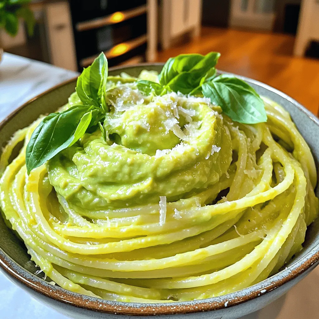 - 2 ripe avocados, halved and pitted - 2 cloves garlic, minced - 1 tablespoon fresh lemon juice - 1/4 cup extra virgin olive oil - 1/2 teaspoon salt - 1/4 teaspoon black pepper - 1/4 teaspoon crushed red pepper flakes (optional) - 12 oz spaghetti or any pasta of choice - 1/4 cup freshly grated Parmesan cheese (optional for topping) - Fresh basil leaves for garnish Avocados are the stars of this dish. They give it a creamy texture and a rich flavor. Each ingredient plays a key role. The garlic adds depth, while lemon juice brightens the sauce. Olive oil makes everything smooth. Avocados are packed with healthy fats. These fats help you feel full and satisfied. They also support heart health. Plus, avocados are high in fiber. This aids digestion and keeps you regular. You also get vitamins like C, E, and K. These vitamins boost your immune system and skin health. This recipe serves four people. Each serving has about 350 calories. This number can change based on your pasta choice and toppings. If you add cheese, it may be higher. For a lighter meal, skip the cheese. You still enjoy a filling and tasty dish. You can find the full recipe in the section above. To start, you need to bring a large pot of salted water to a boil. The salt adds flavor. Once the water is boiling, add your spaghetti. You want to cook it until it is al dente. This means the pasta should be firm to the bite. Check the package for the right cooking time, usually around 8 to 10 minutes. Before you drain the pasta, save one cup of the pasta water. This water will help later with the sauce. Next, it's time to prepare the avocado sauce. Take your ripe avocados and cut them in half. Remove the pits and scoop the flesh into a food processor. Add the minced garlic, fresh lemon juice, olive oil, salt, and black pepper. If you like some heat, add crushed red pepper flakes. Blend everything until it is smooth and creamy. If the sauce is too thick, use the reserved pasta water to adjust the consistency. Just add a little at a time until you get the right texture. Now, combine the pasta and sauce. In a large mixing bowl, add the drained pasta and pour the avocado sauce over it. Toss gently to coat the pasta. Make sure every piece is covered in the creamy sauce. If the sauce is still too thick, gradually add more reserved pasta water. This will help you achieve that silky finish that makes this dish so special. For the full recipe, refer to the recipe section above. To boost flavor, you can add spices and herbs. Try fresh basil, parsley, or oregano. These herbs bring a fresh taste to the dish. You can also use garlic powder or onion powder for extra depth. For added crunch and taste, consider toppings. Chopped nuts, like walnuts or pine nuts, can add texture. Seeds, like sunflower or pumpkin, also work well. They not only taste good but make your dish look fancy too. Cooking pasta perfectly is key. Use a large pot with plenty of salt in the boiling water. This helps the pasta absorb flavor. Follow the package instructions for cooking time. Aim for al dente, which means firm to the bite. Choosing ripe avocados is simple. Look for avocados that are slightly soft but not mushy. They should yield just a little when you press them. If they feel hard, leave them at room temperature until they ripen. To make your dish eye-catching, serve the pasta in a large, shallow bowl. This style looks great for family meals. You can also use individual plates for a fancy touch. Drizzle olive oil on top for shine and flavor. Using garnishes adds a pop of color. Fresh basil leaves not only taste good but look nice too. You can sprinkle more crushed red pepper flakes for a vibrant finish. This makes the dish more inviting and appetizing. {{image_2}} You can change the pasta to suit your needs. For a gluten-free option, choose rice or quinoa pasta. Whole grain pasta adds fiber and a nutty flavor. If you want to skip cheese, use nutritional yeast. It gives a cheesy flavor without dairy. You can also try vegan cream cheese for a rich taste. Fresh vegetables can boost your creamy avocado pasta. In spring, add peas or asparagus. In summer, mix in cherry tomatoes or zucchini. For fall, roasted pumpkin or sweet potatoes add warmth. In winter, try kale or broccoli for a hearty dish. You can adjust the recipe for holidays too. For a festive touch, use pomegranate seeds as a garnish. Want some heat? Add sliced jalapeños or crushed red pepper flakes. This gives a spicy kick to every bite. To make it a full meal, add proteins. Grilled chicken or shrimp pairs well with the creamy sauce. For a vegetarian option, toss in chickpeas or cooked lentils. You can find the full recipe to start your creamy avocado pasta adventure! To keep your creamy avocado pasta fresh, store it in an airtight container. This helps prevent air from ruining the dish. Make sure to refrigerate it right away. The cool temperature slows down spoilage. For the avocado sauce, it’s best to add a little lemon juice before storing. This helps keep the green color and flavor. If you have leftovers, try to eat them within two days for the best taste. When reheating, you can use the microwave or stovetop. If you choose the microwave, heat it in short bursts. Stir in between to ensure even warmth. For stovetop reheating, place the pasta in a pan over low heat. Add a splash of reserved pasta water to maintain the creamy texture. Stir gently as it warms up. This method helps keep the sauce smooth and delicious. Creamy avocado pasta lasts about 2 to 3 days in the fridge. Store it in an airtight container to keep it fresh. The avocado may brown slightly, but it will still taste good. If you want to keep it bright green, add a little lemon juice on top before sealing. Freezing creamy avocado pasta is not ideal. The texture of the avocado may change when thawed. However, if you must, store it in a freezer-safe container. Use it within a month for the best flavor. Thaw it in the fridge overnight before reheating. You can serve creamy avocado pasta with a simple salad or crusty bread. Grilled vegetables or shrimp also pair well. For a twist, try adding roasted cherry tomatoes for extra flavor. They add a lovely sweetness that complements the avocado. Yes, this recipe is vegan if you skip the Parmesan cheese. The creamy avocado sauce provides richness without dairy. You can use nutritional yeast for a cheesy flavor without the dairy. This way, everyone can enjoy the dish! To make creamy avocado pasta without dairy, simply omit the cheese. Use ripe avocados as the base for the sauce. Add a bit of nutritional yeast for a cheesy flavor. You can also use almond milk to adjust the sauce's creaminess if needed. In this blog post, we explored how to make a delicious creamy avocado pasta. We covered ingredients, step-by-step instructions, and tips for the best flavor. Avocados not only taste great, but they also provide many health benefits. Remember, choosing ripe avocados makes a big difference. Feel free to switch up the ingredients for fun variations. With just a few easy steps, you can impress anyone with this dish. Enjoy your creamy avocado pasta and share it with others!
