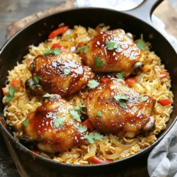 To create a great One-Pan Honey BBQ Chicken Rice, gather these fresh ingredients: - 4 boneless, skinless chicken thighs - 1 cup jasmine rice - 2 cups chicken broth - 1/2 cup barbecue sauce (your favorite brand) - 1/4 cup honey - 1 red bell pepper, diced - 1 small onion, finely chopped - 2 cloves garlic, minced - 1 teaspoon smoked paprika - Salt and pepper to taste - 2 tablespoons olive oil - Fresh cilantro or parsley for garnish (optional) Each ingredient plays a key role. The chicken thighs bring richness and flavor. Jasmine rice gives a nice texture and absorbs the sauce well. The barbecue sauce and honey provide a sweet and tangy profile. The bell pepper, onion, and garlic add color and depth to the dish. Smoked paprika enhances the flavor with a subtle smokiness. Olive oil helps in sautéing and adds healthy fat. Salt and pepper elevate all the flavors. Finally, fresh herbs can brighten up your plate. For more detailed instructions, check the Full Recipe. Seasoning Tips Start by seasoning your chicken thighs. Use salt, pepper, and smoked paprika. Make sure to coat both sides well. This adds flavor to the chicken. Cooking Methods I recommend browning the chicken in a pan. Heat olive oil over medium heat. Cook the chicken for about 5 minutes on each side. You want it golden brown. Resting Instructions After cooking, remove the chicken from the pan. Let it rest for a few minutes. This helps keep it juicy and tender. Choosing the Right Pan Use a large skillet or wide pan. This allows enough space for cooking. A good pan helps with even cooking. Cooking Time for Onions and Garlic Add chopped onions and minced garlic to the hot pan. Sauté them for 2-3 minutes. The onions should turn translucent. This step builds a solid flavor base. Toasting Rice Tips In the same pan, add jasmine rice and diced red bell pepper. Stir them together. Toast the rice for 1-2 minutes. This adds a nutty flavor. Adding Vegetables The diced red bell pepper brings color and sweetness. Mix it well with the rice as it toasts. This adds depth to the dish. Ingredients for Sauce You will need barbecue sauce and honey. Choose your favorite brand of barbecue sauce. The honey adds a nice touch of sweetness. Mixing Instructions In a bowl, combine the barbecue sauce and honey. Stir until they blend well. Pour this sauce into the pan with rice. Nestling Chicken in Rice Return the browned chicken to the pan. Nestle it into the rice mixture. Make sure the chicken is partially submerged. This helps the flavors mix. Water to Rice Ratio Add chicken broth to the pan. The right ratio is 2 cups of broth for 1 cup of rice. This will ensure the rice cooks perfectly. Proper Heat Levels Bring the mixture to a gentle simmer. Cover the pan with a lid. This keeps the heat and moisture in. Cooking Time Details Cook for 20-25 minutes. Check occasionally to prevent sticking. The rice should be fully cooked and absorb most of the liquid. For the full recipe, check [Full Recipe]. Using Homemade BBQ Sauce Making your own BBQ sauce can boost the flavor a lot. You can mix ketchup, vinegar, and spices to create a perfect blend. This adds depth and freshness to your dish. If you want a sweet twist, add some brown sugar or maple syrup. Marinating Options Marinating the chicken can make it extra tender and tasty. Try mixing honey, soy sauce, and garlic for a quick marinade. Let the chicken soak for at least 30 minutes before cooking. This extra step will enhance the final dish. Avoiding Sticking Rice To prevent rice from sticking, rinse it well before cooking. Use cold water to wash away excess starch. This simple step helps keep the grains separate and fluffy. Keeping an eye on heat levels is also key. Ensuring Even Cooking Make sure to stir the rice and liquid well before simmering. This helps distribute the heat evenly. Cover the pan with a tight lid to trap steam. This keeps everything cooking at the right pace. Accompaniments Serve this dish with a simple side salad or steamed veggies. Fresh greens add crunch and balance. You can also pair it with corn on the cob for a sweet touch. Presentation Ideas Use a large platter to serve the rice and chicken. Garnish with fresh herbs like parsley or cilantro. This adds color and makes it look fancy. You can also slice the chicken for easier serving. Check out the Full Recipe for more ideas. {{image_2}} You can use chicken breasts or thighs for this recipe. Chicken thighs stay juicy and tender. They are great for this one-pan dish. Breasts cook faster but may dry out if overcooked. You can also replace chicken with beef or tofu. Tofu is a good choice for a meat-free meal. Make sure to cube it and adjust cooking times. Want some heat? Add diced jalapeños or crushed red pepper flakes. They will give your dish a nice kick. If you prefer smoky flavors, try smoked paprika or chipotle powder. These spices enhance the BBQ taste and add depth. Switching up your grains can add variety. Brown rice is a healthy option, though it takes longer to cook. If you prefer a fluffier texture, stick with jasmine rice. For a protein boost, consider quinoa. It cooks quickly and pairs well with the sauce. Just adjust the cooking time and liquid amounts for each grain. For the full recipe, check out the One-Pan Honey BBQ Chicken Rice . Refrigeration Guidelines After enjoying your One-Pan Honey BBQ Chicken Rice, store leftovers in an airtight container. Place it in the fridge within two hours of cooking. It should stay fresh for up to three days. Freezing Instructions For longer storage, freeze leftovers. Use a freezer-safe container or bag. Squeeze out as much air as possible to prevent freezer burn. This dish can last up to three months in the freezer. Best Methods for Reheating Reheat leftovers in a skillet over low heat. Stir occasionally to heat evenly. You can also use the microwave. Cover the dish to keep moisture in. Avoiding Dryness To prevent dryness, add a splash of chicken broth or water while reheating. This keeps the rice moist and flavorful. How Long it Lasts in the Fridge Stored properly, One-Pan Honey BBQ Chicken Rice lasts about three days in the fridge. Always check for freshness before eating. Signs of Spoilage Look for changes in color or smell. If the rice is dry or the chicken feels slimy, it’s best to discard it. Always trust your senses! Yes, you can use brown rice. It adds a nuttier taste. Keep in mind, brown rice takes longer to cook. You will need to adjust the liquid and cooking time. Use about 2.5 cups of broth and cook for around 40-45 minutes. You can use maple syrup or agave nectar. Both options work well for sweetness. If you prefer, try brown sugar mixed with a bit of water. This will give you a similar consistency and flavor. Sautéing the chicken adds flavor and color. It gives the dish a nice crust. If you skip this step, the chicken may not be as tasty. However, you can cook it all together if you’re short on time. To make it gluten-free, choose a gluten-free barbecue sauce. Most brands offer this option now. Also, check your chicken broth. Some may contain gluten. Yes, you can use a slow cooker. Brown the chicken and sauté the onions first. Then combine all ingredients in the slow cooker. Cook on low for 4-6 hours or high for 2-3 hours. Enjoy the ease of a one-pot meal! You learned about making a delicious chicken dish with rice and veggies. We covered each step, from preparing the chicken to simmering your meal. I shared tips for flavor, storage, and variations to make it your own. Remember, cooking is all about trying new things. Enjoy the process and have fun experimenting in your kitchen. With these easy steps, you’ll create a tasty meal sure to please everyone. Happy cooking!