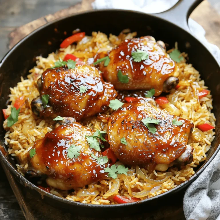 To create a great One-Pan Honey BBQ Chicken Rice, gather these fresh ingredients: - 4 boneless, skinless chicken thighs - 1 cup jasmine rice - 2 cups chicken broth - 1/2 cup barbecue sauce (your favorite brand) - 1/4 cup honey - 1 red bell pepper, diced - 1 small onion, finely chopped - 2 cloves garlic, minced - 1 teaspoon smoked paprika - Salt and pepper to taste - 2 tablespoons olive oil - Fresh cilantro or parsley for garnish (optional) Each ingredient plays a key role. The chicken thighs bring richness and flavor. Jasmine rice gives a nice texture and absorbs the sauce well. The barbecue sauce and honey provide a sweet and tangy profile. The bell pepper, onion, and garlic add color and depth to the dish. Smoked paprika enhances the flavor with a subtle smokiness. Olive oil helps in sautéing and adds healthy fat. Salt and pepper elevate all the flavors. Finally, fresh herbs can brighten up your plate. For more detailed instructions, check the Full Recipe. Seasoning Tips Start by seasoning your chicken thighs. Use salt, pepper, and smoked paprika. Make sure to coat both sides well. This adds flavor to the chicken. Cooking Methods I recommend browning the chicken in a pan. Heat olive oil over medium heat. Cook the chicken for about 5 minutes on each side. You want it golden brown. Resting Instructions After cooking, remove the chicken from the pan. Let it rest for a few minutes. This helps keep it juicy and tender. Choosing the Right Pan Use a large skillet or wide pan. This allows enough space for cooking. A good pan helps with even cooking. Cooking Time for Onions and Garlic Add chopped onions and minced garlic to the hot pan. Sauté them for 2-3 minutes. The onions should turn translucent. This step builds a solid flavor base. Toasting Rice Tips In the same pan, add jasmine rice and diced red bell pepper. Stir them together. Toast the rice for 1-2 minutes. This adds a nutty flavor. Adding Vegetables The diced red bell pepper brings color and sweetness. Mix it well with the rice as it toasts. This adds depth to the dish. Ingredients for Sauce You will need barbecue sauce and honey. Choose your favorite brand of barbecue sauce. The honey adds a nice touch of sweetness. Mixing Instructions In a bowl, combine the barbecue sauce and honey. Stir until they blend well. Pour this sauce into the pan with rice. Nestling Chicken in Rice Return the browned chicken to the pan. Nestle it into the rice mixture. Make sure the chicken is partially submerged. This helps the flavors mix. Water to Rice Ratio Add chicken broth to the pan. The right ratio is 2 cups of broth for 1 cup of rice. This will ensure the rice cooks perfectly. Proper Heat Levels Bring the mixture to a gentle simmer. Cover the pan with a lid. This keeps the heat and moisture in. Cooking Time Details Cook for 20-25 minutes. Check occasionally to prevent sticking. The rice should be fully cooked and absorb most of the liquid. For the full recipe, check [Full Recipe]. Using Homemade BBQ Sauce Making your own BBQ sauce can boost the flavor a lot. You can mix ketchup, vinegar, and spices to create a perfect blend. This adds depth and freshness to your dish. If you want a sweet twist, add some brown sugar or maple syrup. Marinating Options Marinating the chicken can make it extra tender and tasty. Try mixing honey, soy sauce, and garlic for a quick marinade. Let the chicken soak for at least 30 minutes before cooking. This extra step will enhance the final dish. Avoiding Sticking Rice To prevent rice from sticking, rinse it well before cooking. Use cold water to wash away excess starch. This simple step helps keep the grains separate and fluffy. Keeping an eye on heat levels is also key. Ensuring Even Cooking Make sure to stir the rice and liquid well before simmering. This helps distribute the heat evenly. Cover the pan with a tight lid to trap steam. This keeps everything cooking at the right pace. Accompaniments Serve this dish with a simple side salad or steamed veggies. Fresh greens add crunch and balance. You can also pair it with corn on the cob for a sweet touch. Presentation Ideas Use a large platter to serve the rice and chicken. Garnish with fresh herbs like parsley or cilantro. This adds color and makes it look fancy. You can also slice the chicken for easier serving. Check out the Full Recipe for more ideas. {{image_2}} You can use chicken breasts or thighs for this recipe. Chicken thighs stay juicy and tender. They are great for this one-pan dish. Breasts cook faster but may dry out if overcooked. You can also replace chicken with beef or tofu. Tofu is a good choice for a meat-free meal. Make sure to cube it and adjust cooking times. Want some heat? Add diced jalapeños or crushed red pepper flakes. They will give your dish a nice kick. If you prefer smoky flavors, try smoked paprika or chipotle powder. These spices enhance the BBQ taste and add depth. Switching up your grains can add variety. Brown rice is a healthy option, though it takes longer to cook. If you prefer a fluffier texture, stick with jasmine rice. For a protein boost, consider quinoa. It cooks quickly and pairs well with the sauce. Just adjust the cooking time and liquid amounts for each grain. For the full recipe, check out the One-Pan Honey BBQ Chicken Rice . Refrigeration Guidelines After enjoying your One-Pan Honey BBQ Chicken Rice, store leftovers in an airtight container. Place it in the fridge within two hours of cooking. It should stay fresh for up to three days. Freezing Instructions For longer storage, freeze leftovers. Use a freezer-safe container or bag. Squeeze out as much air as possible to prevent freezer burn. This dish can last up to three months in the freezer. Best Methods for Reheating Reheat leftovers in a skillet over low heat. Stir occasionally to heat evenly. You can also use the microwave. Cover the dish to keep moisture in. Avoiding Dryness To prevent dryness, add a splash of chicken broth or water while reheating. This keeps the rice moist and flavorful. How Long it Lasts in the Fridge Stored properly, One-Pan Honey BBQ Chicken Rice lasts about three days in the fridge. Always check for freshness before eating. Signs of Spoilage Look for changes in color or smell. If the rice is dry or the chicken feels slimy, it’s best to discard it. Always trust your senses! Yes, you can use brown rice. It adds a nuttier taste. Keep in mind, brown rice takes longer to cook. You will need to adjust the liquid and cooking time. Use about 2.5 cups of broth and cook for around 40-45 minutes. You can use maple syrup or agave nectar. Both options work well for sweetness. If you prefer, try brown sugar mixed with a bit of water. This will give you a similar consistency and flavor. Sautéing the chicken adds flavor and color. It gives the dish a nice crust. If you skip this step, the chicken may not be as tasty. However, you can cook it all together if you’re short on time. To make it gluten-free, choose a gluten-free barbecue sauce. Most brands offer this option now. Also, check your chicken broth. Some may contain gluten. Yes, you can use a slow cooker. Brown the chicken and sauté the onions first. Then combine all ingredients in the slow cooker. Cook on low for 4-6 hours or high for 2-3 hours. Enjoy the ease of a one-pot meal! You learned about making a delicious chicken dish with rice and veggies. We covered each step, from preparing the chicken to simmering your meal. I shared tips for flavor, storage, and variations to make it your own. Remember, cooking is all about trying new things. Enjoy the process and have fun experimenting in your kitchen. With these easy steps, you’ll create a tasty meal sure to please everyone. Happy cooking!