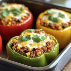 - 4 large bell peppers (any color) - 1 lb ground turkey - 1 cup cooked quinoa - 1 can (15 oz) black beans, rinsed and drained - 1 cup corn kernels (fresh or frozen) - 1 small onion, finely chopped - 2 cloves garlic, minced - 1 teaspoon cumin - 1 teaspoon chili powder - 1 teaspoon smoked paprika - Salt and pepper to taste - 1 cup shredded cheese (cheddar or Monterey Jack) - Fresh cilantro, chopped (for garnish) To make these stuffed bell peppers shine, you need fresh and colorful ingredients. Start with bell peppers. You can choose red, green, yellow, or orange. Each adds its unique taste and look. Ground turkey gives a lean protein option. It cooks quickly and absorbs flavors well. Quinoa is a fantastic grain to use. It adds texture and a nutty flavor. Black beans add protein and fiber, making the dish more filling. Sweet corn is a fun addition, giving a pop of sweetness. Onion and garlic are key for flavor. They create a lovely base for your filling. The spices—cumin, chili powder, and smoked paprika—bring warmth and depth. Salt and pepper are essential for seasoning. Finally, cheese makes everything better. It melts beautifully on top of your peppers. Fresh cilantro adds a burst of freshness at the end. For the full recipe, refer to the details provided earlier. Enjoy creating a colorful, tasty meal! 1. Preheat your oven to 375°F (190°C). This helps cook the peppers evenly. 2. Cut the tops off the bell peppers. Remove the seeds and membranes gently. Place them upright in a baking dish. 3. Heat a tablespoon of oil in a large skillet over medium heat. Sauté the chopped onion for 3-4 minutes. It should look soft and clear. Now, add the minced garlic and cook for one more minute. 4. Add 1 lb of ground turkey to the skillet. Season with 1 teaspoon of cumin, 1 teaspoon of chili powder, 1 teaspoon of smoked paprika, salt, and pepper. Cook until the turkey is browned, about 6-8 minutes. 1. In the skillet, stir in 1 cup of cooked quinoa, 1 can of black beans, and 1 cup of corn. Mix well and heat everything for another 2-3 minutes. 2. Remove the skillet from the heat. Stir in 1/2 cup of shredded cheese until it melts and combines well. 1. Stuff each bell pepper generously with the turkey and quinoa mixture. Top each stuffed pepper with the remaining cheese. 2. Cover the baking dish with foil. Bake in the preheated oven for 25 minutes. After that, take off the foil and bake for another 10-15 minutes. Look for bubbly and golden cheese. 3. Once they are done, take the peppers out of the oven. Let them cool for a few minutes. Garnish with fresh cilantro before serving. For the complete recipe, see the [Full Recipe]. To make your stuffed bell peppers burst with flavor, use fresh herbs like parsley or cilantro. Both add brightness and freshness. You can also sprinkle some oregano for an earthy touch. For perfect stuffing consistency, blend your ingredients well. Mix the ground turkey with quinoa, beans, and corn until they are evenly combined. This helps each bite taste great. You can cook stuffed peppers in several ways. Try using an Instant Pot for a quick meal. Set it to high pressure for about 10 minutes. If you like grilling, stuff the peppers and wrap them in foil. Grill them over medium heat for about 25 minutes. Remember, different peppers cook at different speeds. For smaller peppers, reduce the cooking time by 5-10 minutes. Serve your stuffed peppers with a side salad for a fresh crunch. A simple green salad pairs well. You can also add rice or bread to soak up any sauce. For garnish, sprinkle fresh cilantro or a dollop of sour cream on top. This adds color and flavor to your dish. You can find the full recipe here: [Full Recipe]. {{image_2}} You can easily change the meat in this recipe. If you prefer, swap ground turkey for chicken or beef. Both options will give you a tasty stuffed pepper. For a vegetarian choice, try using lentils or mushrooms. Both add flavor and texture. Lentils are rich in protein, while mushrooms create a hearty and satisfying bite. Adding different vegetables can change the whole dish. Try diced tomatoes, zucchini, or spinach for added nutrition. You can also mix in grains like brown rice or farro for a unique twist. If you like heat, top your peppers with jalapeños or a spicy salsa. For a milder version, stick with fresh herbs or a light drizzle of olive oil. Cheese can change the flavor of your stuffed peppers. Use cheddar, mozzarella, or Monterey Jack for a classic taste. If you want something different, try feta or goat cheese for a tangy touch. For those avoiding dairy, there are many dairy-free cheese options. Look for brands that melt well to keep your pepper gooey and delicious. For the complete recipe, check out the [Full Recipe]. To keep your stuffed peppers fresh, follow these steps. Allow the peppers to cool completely after baking. Then, place them in an airtight container. Store the container in the fridge. This method helps maintain moisture and flavor. Make sure to consume leftovers within 3 to 4 days for the best taste. Freezing stuffed peppers is easy and great for future meals. First, let the cooked peppers cool. Wrap each pepper tightly in plastic wrap. Place wrapped peppers in a freezer-safe bag or container. This method prevents freezer burn. You can freeze them for up to 3 months. When ready to eat, thaw them overnight in the fridge. Reheat in the oven at 350°F (175°C) for about 20-25 minutes. This keeps the peppers warm and tasty. Stuffed bell peppers last about 3 to 4 days in the fridge. After that, they may lose their flavor or texture. If you notice any signs of spoilage, it’s best to toss them. Always check for any off smells or unusual textures before eating. Enjoy your stuffed peppers while they’re fresh! For the full recipe, check out the link above. How long does it take to bake stuffed bell peppers? It takes about 35 to 40 minutes to bake stuffed bell peppers. First, you cover them with foil for 25 minutes. Then, you remove the foil and bake for another 10 to 15 minutes. This helps the cheese melt perfectly. Can I make stuffed peppers ahead of time? Yes, you can make stuffed peppers ahead. Prepare them, then store in the fridge. Bake them when you are ready to eat. They taste great fresh or from the fridge. What can I substitute for quinoa in the recipe? You can use rice, couscous, or even barley. These grains add texture and flavor. Just ensure they are cooked before mixing with the turkey. Are stuffed peppers healthy? Stuffed peppers can be quite healthy. They are low in calories and rich in nutrients. Ground turkey is leaner than beef, and you add veggies, too. It’s a balanced meal. What are the best bell pepper colors to use? All colors of bell peppers work well. Red, yellow, and orange are sweeter. Green ones are a bit more bitter. Choose what you like best for taste and color. How do I know when ground turkey is cooked? Ground turkey is cooked when it reaches 165°F (74°C). It should be brown with no pink spots. Use a meat thermometer for the best results. Can I eat the bell pepper skin? Yes, you can eat the bell pepper skin. It adds crunch and nutrients. Make sure to wash them well before cooking. Stuffed bell peppers are easy to make and delicious. You learned the right ingredients and steps. You can enhance flavors and explore fun variations. The tips on storing and reheating leftovers ensure nothing goes to waste. Try these ideas in your kitchen. Experiment with different fillings and cooking methods. Serve them to friends or family for a tasty meal. Enjoy the process and the results. You will impress everyone with your stuffed peppers!