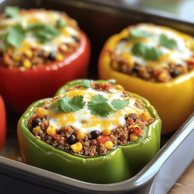 - 4 large bell peppers (any color) - 1 lb ground turkey - 1 cup cooked quinoa - 1 can (15 oz) black beans, rinsed and drained - 1 cup corn kernels (fresh or frozen) - 1 small onion, finely chopped - 2 cloves garlic, minced - 1 teaspoon cumin - 1 teaspoon chili powder - 1 teaspoon smoked paprika - Salt and pepper to taste - 1 cup shredded cheese (cheddar or Monterey Jack) - Fresh cilantro, chopped (for garnish) To make these stuffed bell peppers shine, you need fresh and colorful ingredients. Start with bell peppers. You can choose red, green, yellow, or orange. Each adds its unique taste and look. Ground turkey gives a lean protein option. It cooks quickly and absorbs flavors well. Quinoa is a fantastic grain to use. It adds texture and a nutty flavor. Black beans add protein and fiber, making the dish more filling. Sweet corn is a fun addition, giving a pop of sweetness. Onion and garlic are key for flavor. They create a lovely base for your filling. The spices—cumin, chili powder, and smoked paprika—bring warmth and depth. Salt and pepper are essential for seasoning. Finally, cheese makes everything better. It melts beautifully on top of your peppers. Fresh cilantro adds a burst of freshness at the end. For the full recipe, refer to the details provided earlier. Enjoy creating a colorful, tasty meal! 1. Preheat your oven to 375°F (190°C). This helps cook the peppers evenly. 2. Cut the tops off the bell peppers. Remove the seeds and membranes gently. Place them upright in a baking dish. 3. Heat a tablespoon of oil in a large skillet over medium heat. Sauté the chopped onion for 3-4 minutes. It should look soft and clear. Now, add the minced garlic and cook for one more minute. 4. Add 1 lb of ground turkey to the skillet. Season with 1 teaspoon of cumin, 1 teaspoon of chili powder, 1 teaspoon of smoked paprika, salt, and pepper. Cook until the turkey is browned, about 6-8 minutes. 1. In the skillet, stir in 1 cup of cooked quinoa, 1 can of black beans, and 1 cup of corn. Mix well and heat everything for another 2-3 minutes. 2. Remove the skillet from the heat. Stir in 1/2 cup of shredded cheese until it melts and combines well. 1. Stuff each bell pepper generously with the turkey and quinoa mixture. Top each stuffed pepper with the remaining cheese. 2. Cover the baking dish with foil. Bake in the preheated oven for 25 minutes. After that, take off the foil and bake for another 10-15 minutes. Look for bubbly and golden cheese. 3. Once they are done, take the peppers out of the oven. Let them cool for a few minutes. Garnish with fresh cilantro before serving. For the complete recipe, see the [Full Recipe]. To make your stuffed bell peppers burst with flavor, use fresh herbs like parsley or cilantro. Both add brightness and freshness. You can also sprinkle some oregano for an earthy touch. For perfect stuffing consistency, blend your ingredients well. Mix the ground turkey with quinoa, beans, and corn until they are evenly combined. This helps each bite taste great. You can cook stuffed peppers in several ways. Try using an Instant Pot for a quick meal. Set it to high pressure for about 10 minutes. If you like grilling, stuff the peppers and wrap them in foil. Grill them over medium heat for about 25 minutes. Remember, different peppers cook at different speeds. For smaller peppers, reduce the cooking time by 5-10 minutes. Serve your stuffed peppers with a side salad for a fresh crunch. A simple green salad pairs well. You can also add rice or bread to soak up any sauce. For garnish, sprinkle fresh cilantro or a dollop of sour cream on top. This adds color and flavor to your dish. You can find the full recipe here: [Full Recipe]. {{image_2}} You can easily change the meat in this recipe. If you prefer, swap ground turkey for chicken or beef. Both options will give you a tasty stuffed pepper. For a vegetarian choice, try using lentils or mushrooms. Both add flavor and texture. Lentils are rich in protein, while mushrooms create a hearty and satisfying bite. Adding different vegetables can change the whole dish. Try diced tomatoes, zucchini, or spinach for added nutrition. You can also mix in grains like brown rice or farro for a unique twist. If you like heat, top your peppers with jalapeños or a spicy salsa. For a milder version, stick with fresh herbs or a light drizzle of olive oil. Cheese can change the flavor of your stuffed peppers. Use cheddar, mozzarella, or Monterey Jack for a classic taste. If you want something different, try feta or goat cheese for a tangy touch. For those avoiding dairy, there are many dairy-free cheese options. Look for brands that melt well to keep your pepper gooey and delicious. For the complete recipe, check out the [Full Recipe]. To keep your stuffed peppers fresh, follow these steps. Allow the peppers to cool completely after baking. Then, place them in an airtight container. Store the container in the fridge. This method helps maintain moisture and flavor. Make sure to consume leftovers within 3 to 4 days for the best taste. Freezing stuffed peppers is easy and great for future meals. First, let the cooked peppers cool. Wrap each pepper tightly in plastic wrap. Place wrapped peppers in a freezer-safe bag or container. This method prevents freezer burn. You can freeze them for up to 3 months. When ready to eat, thaw them overnight in the fridge. Reheat in the oven at 350°F (175°C) for about 20-25 minutes. This keeps the peppers warm and tasty. Stuffed bell peppers last about 3 to 4 days in the fridge. After that, they may lose their flavor or texture. If you notice any signs of spoilage, it’s best to toss them. Always check for any off smells or unusual textures before eating. Enjoy your stuffed peppers while they’re fresh! For the full recipe, check out the link above. How long does it take to bake stuffed bell peppers? It takes about 35 to 40 minutes to bake stuffed bell peppers. First, you cover them with foil for 25 minutes. Then, you remove the foil and bake for another 10 to 15 minutes. This helps the cheese melt perfectly. Can I make stuffed peppers ahead of time? Yes, you can make stuffed peppers ahead. Prepare them, then store in the fridge. Bake them when you are ready to eat. They taste great fresh or from the fridge. What can I substitute for quinoa in the recipe? You can use rice, couscous, or even barley. These grains add texture and flavor. Just ensure they are cooked before mixing with the turkey. Are stuffed peppers healthy? Stuffed peppers can be quite healthy. They are low in calories and rich in nutrients. Ground turkey is leaner than beef, and you add veggies, too. It’s a balanced meal. What are the best bell pepper colors to use? All colors of bell peppers work well. Red, yellow, and orange are sweeter. Green ones are a bit more bitter. Choose what you like best for taste and color. How do I know when ground turkey is cooked? Ground turkey is cooked when it reaches 165°F (74°C). It should be brown with no pink spots. Use a meat thermometer for the best results. Can I eat the bell pepper skin? Yes, you can eat the bell pepper skin. It adds crunch and nutrients. Make sure to wash them well before cooking. Stuffed bell peppers are easy to make and delicious. You learned the right ingredients and steps. You can enhance flavors and explore fun variations. The tips on storing and reheating leftovers ensure nothing goes to waste. Try these ideas in your kitchen. Experiment with different fillings and cooking methods. Serve them to friends or family for a tasty meal. Enjoy the process and the results. You will impress everyone with your stuffed peppers!