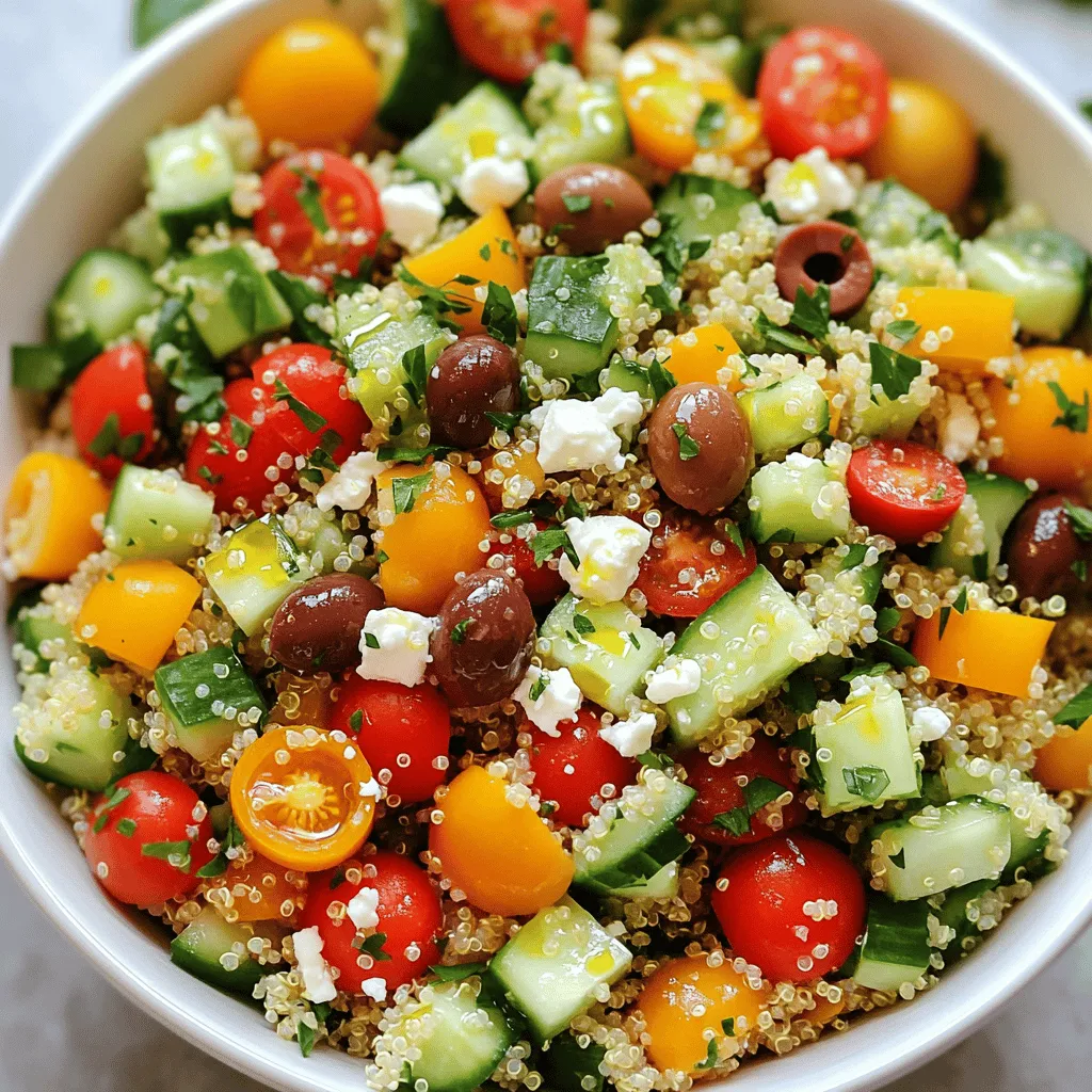 To make a fresh and tasty Mediterranean quinoa salad, gather these simple ingredients: - 1 cup quinoa - 2 cups vegetable broth or water - 1 cup cherry tomatoes, halved - 1 cucumber, diced - 1 bell pepper, diced (your choice of color) - 1/2 red onion, finely chopped - 1 cup cooked chickpeas (canned or boiled) - 1/2 cup Kalamata olives, pitted and sliced - 1/2 cup feta cheese, crumbled (optional for vegan) - 1/4 cup fresh parsley, chopped - 1/4 cup fresh mint, chopped - 1/4 cup olive oil - Juice of 1 lemon - 1 teaspoon dried oregano - Salt and pepper to taste You can make this salad your own by adding or changing some ingredients. Here are some ideas: - Avocado for creaminess - Spinach for extra greens - Artichoke hearts for a unique touch - Roasted vegetables for added flavor - Nuts or seeds for crunch Each ingredient in this salad offers great health benefits: - Quinoa: A complete protein, rich in fiber and minerals. - Chickpeas: High in protein and good for digestion. - Olives: Packed with healthy fats and antioxidants. - Tomatoes: Full of vitamins and promote heart health. - Feta cheese: Adds calcium and flavor but can be skipped for a vegan version. This salad is not only delicious but also a powerhouse of nutrients. You can enjoy it as a meal or a side dish. For the full recipe, check the link above. Start by rinsing the quinoa under cold water. This step removes any bitter taste. Use a fine mesh strainer for this. Next, bring two cups of vegetable broth or water to a boil in a medium saucepan. Once boiling, add one cup of rinsed quinoa. Lower the heat and cover the pot. Let it simmer for about 15 minutes. The quinoa is ready when all the liquid is absorbed. After cooking, remove it from the heat and let it cool down. While the quinoa cools, gather the other ingredients. In a large mixing bowl, combine cherry tomatoes, diced cucumber, and bell pepper. Add finely chopped red onion and cooked chickpeas. Toss in sliced Kalamata olives and crumbled feta cheese if you like. Finally, add chopped parsley and mint. Mix everything well to combine the flavors. Once the quinoa is cool, fluff it with a fork. Then, add the quinoa to the bowl with the other ingredients. For the dressing, take a small bowl and whisk together olive oil, lemon juice, dried oregano, salt, and pepper. This mixture will add a bright flavor to the salad. Drizzle the dressing over the quinoa mixture. Toss gently until all ingredients are well-coated. Taste the salad and adjust the seasoning if needed. If you want a stronger lemon flavor, add more juice. Let the salad sit for at least 20 minutes before serving. This allows all the flavors to blend nicely. If you prefer, refrigerate it for a few hours for an even better taste. Check the Full Recipe for all the details! To cook quinoa perfectly, rinse it well. This helps remove any bitter taste. Use two cups of liquid for every cup of quinoa. Bring the liquid to a boil before adding the quinoa. Then, lower the heat, cover it, and let it simmer for about 15 minutes. Once the water is absorbed, fluff it with a fork. Let it cool before mixing it with other ingredients. You can enhance the flavor of your salad in many ways. Add fresh herbs like dill or basil for a bright taste. Feel free to mix in other veggies like carrots or arugula. For a spicy kick, add some chopped jalapeños or a dash of red pepper flakes. You can also swap feta for avocado for a creamier texture. Experiment with different dressings too. A balsamic vinaigrette can add a unique twist. Serve your Mediterranean quinoa salad in a large bowl or on individual plates. Garnish with extra herbs or lemon wedges for a pop of color. You can also layer the salad in a jar for a fun, portable lunch option. Enjoy it chilled or at room temperature. This dish works well as a side or a main meal. Don't forget to let it sit for a bit before serving to let the flavors blend. You can find the Full Recipe here for more details! {{image_2}} You can make your Mediterranean quinoa salad even tastier by adding grilled chicken. Simply season chicken breasts with salt, pepper, and a bit of olive oil. Grill them until they are cooked through and juicy. Once they cool, slice them into strips. Mix these strips into your salad for extra protein and flavor. This makes the dish more filling, perfect for lunch or dinner. If you want a vegan twist, skip the feta cheese. Instead, use avocado for creaminess. You can also add more chickpeas or nuts for protein and crunch. For a gluten-free option, quinoa is already a great choice. Just ensure all your other ingredients are gluten-free. This way, everyone can enjoy the salad without worry. Using fresh, seasonal produce can make your salad shine. In spring, add peas and asparagus for crunch and color. In summer, ripe peaches or strawberries can add sweetness. In fall, consider roasted butternut squash or apples. In winter, try using hearty greens like kale or arugula. These changes keep your salad fresh and exciting all year round. For the complete recipe, check the Full Recipe section. After enjoying your Mediterranean quinoa salad, store leftovers in an airtight container. This keeps the salad fresh. Place it in the fridge. It should last up to three days. If you notice any sogginess, drain some liquid before storing. You can freeze this salad for meal prep. However, some ingredients do not freeze well. I suggest freezing the quinoa alone. Once it cools, pack it in freezer bags. It will keep for about two months. When ready to eat, thaw it in the fridge overnight. To reheat, use the microwave. Place the quinoa in a bowl with a splash of water. Cover it to keep moisture. Heat for a minute, then stir. If you prefer, enjoy the salad cold. It tastes great straight from the fridge too! For full details on making this dish, check the Full Recipe. You can add many tasty ingredients to this salad. Try adding grilled chicken or shrimp for protein. You can include nuts like almonds or walnuts for crunch. Avocado adds creaminess and healthy fats. Roasted vegetables, such as zucchini or eggplant, make a great addition too. For a spicy kick, add some jalapeños or red pepper flakes. This salad is flexible, so feel free to get creative! When stored properly, this salad can last up to five days in the fridge. Make sure to keep it in an airtight container. The flavors will blend better over time. However, if you add fresh herbs or avocado, they may not last as long. Enjoy it fresh for the best taste! Yes, you can make this salad ahead of time. In fact, it tastes even better after resting. Prepare it a day before serving for the best flavor. Just follow the Full Recipe for guidance. Store it in the fridge until you are ready to enjoy. You can add fresh herbs just before serving for a fresh burst of flavor. The Mediterranean Quinoa Salad offers a range of flavors and health benefits. We covered the key ingredients, step-by-step preparation, and useful tips. You can customize it, add protein, or make it vegan. Remember to store leftovers properly and enjoy this dish throughout the week. This salad is versatile and can fit your taste. Try it today for a fresh, healthy meal. Your body will thank you for it!