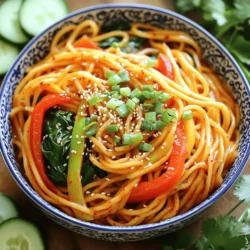 - 200g noodles (your choice - udon, soba, or rice noodles) - 2 tablespoons gochujang (Korean chili paste) - 1 tablespoon sesame oil - 1 tablespoon soy sauce - 1 tablespoon honey or maple syrup - 2 cloves garlic, minced - 1 cup mixed bell peppers, thinly sliced - 1 cup baby spinach - 2 green onions, chopped - Optional: sliced cucumber and cilantro When making Korean gochujang noodles, I love using fresh ingredients. The type of noodles you choose is key. Udon gives a chewy bite, while soba offers a nutty flavor. Rice noodles are light and great for a gluten-free option. Gochujang is the star of this dish. It packs a spicy punch and has a hint of sweetness. The sesame oil adds a rich, nutty taste. A mix of soy sauce and honey balances the heat with sweetness. Fresh vegetables are important, too. Bell peppers add color and crunch. Baby spinach wilts down nicely and brings a healthy touch. Green onions give brightness and a mild onion flavor. You can also add sliced cucumber and cilantro for extra freshness. These garnishes not only look nice but also enhance the taste. For the full recipe, refer to the detailed instructions included. Enjoy crafting this flavor-packed dish! To boil the noodles correctly, follow these steps: 1. Fill a pot with water and add salt. Use about one tablespoon of salt for a big pot. 2. Bring the water to a rolling boil. This helps cook the noodles evenly. 3. Add your noodles. Cook them according to the package instructions until they are al dente. 4. Drain the noodles in a colander. Rinse them under cold water for a few seconds. This stops the cooking process. To prevent your noodles from becoming sticky, follow these tips: - Stir the noodles gently while cooking. This keeps them from clumping. - Make sure to rinse them well after draining. Cold water washes away extra starch. - Toss the drained noodles with a tiny bit of oil if you’re not using them right away. For the sauce, gather these ingredients: - 2 tablespoons gochujang - 1 tablespoon sesame oil - 1 tablespoon soy sauce - 1 tablespoon honey or maple syrup - 2 cloves garlic, minced - 1 teaspoon grated ginger To mix the sauce smoothly, do this: 1. Place all the ingredients in a bowl. 2. Use a whisk or fork to blend them well. The sauce should be smooth and creamy. For stir-frying, you need the right temperature: - Heat your skillet or wok over medium-high heat. This helps the veggies cook fast and stay crisp. To achieve tender-crisp bell peppers, use these tips: - Cut the bell peppers into thin slices. This helps them cook quickly. - Stir-fry for about 3-4 minutes. They should be bright and slightly soft but still crunchy. To mix the noodles and sauce properly, follow these steps: 1. Add the cooked noodles to your skillet with the sautéed vegetables. 2. Pour the gochujang sauce over the noodles. 3. Toss everything gently for 2-3 minutes. Make sure all the noodles are coated well. For serving suggestions, try this: - Serve the noodles in bowls. - Garnish with chopped green onions and sesame seeds. You can also add sliced cucumber and fresh cilantro for extra flavor. For the full recipe, check out the Full Recipe section. To make your Korean gochujang noodles shine, focus on these key techniques: - Use fresh ingredients: Fresh veggies bring color and flavor. - Cook noodles al dente: This keeps them firm and helps them hold sauce better. - Whisk the sauce well: Mix gochujang, sesame oil, and other ingredients until smooth for even flavor. Common mistakes to avoid include: - Overcooking the noodles: This makes them mushy and unappetizing. - Skipping the rinse: Rinsing stops the cooking process and prevents stickiness. - Not tasting as you go: Adjust flavors to suit your taste. You can customize the heat of your dish easily. To lower the spice level: - Use less gochujang: Start with one tablespoon instead of two. - Add ingredients like coconut milk: This helps cool down the heat. - Mix in more veggies: Extra bell peppers or spinach can balance the spice. For a milder version, consider these alternative ingredients: - Sriracha: It still offers heat, but with a different flavor. - Chili paste: Look for a milder variety at the store. The right tools make cooking easier and faster. Here are my top picks: - Large Skillet or Wok: Essential for stir-frying veggies and noodles evenly. - Whisk: A good whisk helps you mix sauces quickly and smoothly. - Tongs: Perfect for tossing everything together without breaking the noodles. Having a good skillet or wok is key. It distributes heat well and helps achieve that tasty, slightly charred flavor. Using the right tools can turn cooking into a fun and quick experience. Don't forget to check out the full recipe for more detailed steps! {{image_2}} You can easily make this dish vegan and gluten-free. To do this, you can swap gochujang for vegan soy sauce. This change keeps the flavor and makes it plant-based. For gluten-free noodles, choose rice noodles or gluten-free pasta. These options maintain the texture while keeping it safe for those with gluten issues. Adding protein makes this dish even better. You can include chicken, tofu, or shrimp for extra flavor and nutrition. If you use chicken, cut it into small pieces and cook it first. For tofu, use firm tofu and cube it. Sauté it until golden. If you choose shrimp, cook them until they turn pink. This only takes a few minutes. Adding protein gives you a full meal in one bowl. To make your noodles unique, consider adding kimchi or mushrooms. Kimchi brings a spicy and tangy flavor that pairs well with gochujang. Mushrooms add depth and umami. You can also explore regional variations of Korean noodle dishes. Each region has its own twist on flavors and ingredients. This allows you to customize your noodles to suit your taste. You can find the full recipe for Spicy Gochujang Noodles to try these variations today! To keep your Korean gochujang noodles fresh, use airtight containers. Glass or plastic containers work great. Make sure to cool the noodles before sealing. In the fridge, your leftovers last about 3 to 4 days. If you want to save them longer, freeze them. In the freezer, they stay good for up to 2 months. Just remember to label your container with the date. When reheating, you want to keep the noodles tender. The best way is to use the stovetop. Heat a splash of oil in a pan, then add the noodles. Stir them gently until warm. You can also use the microwave, but be careful. Heat them in short bursts. Stir in between to avoid hot spots. This way, your noodles stay smooth and tasty. Gochujang is a Korean chili paste. It has a rich, spicy, and slightly sweet flavor. The main ingredients are red chili powder, glutinous rice, fermented soybeans, and salt. This mix gives gochujang its unique taste. It adds depth and warmth to many dishes. Nutritionally, gochujang is low in calories but packs a punch with flavor. It contains some carbohydrates and protein. The fermentation process also gives it healthy probiotics. Each tablespoon has about 30 calories, making it a flavorful addition without many extra calories. Yes, you can use other sauces. For a similar taste, try chili garlic sauce or sambal oelek. These options bring heat and flavor. For a milder sauce, use sriracha mixed with a bit of sugar. When swapping sauces, balance is key. If a sauce is sweeter, reduce other sweet ingredients. Taste as you go to find the right mix for your palate. You can customize your noodles with seasonal veggies! Try adding zucchini, carrots, or broccoli. These add color and texture. If you want to swap ingredients, know how they change the dish. For example, using rice noodles gives a chewier bite. If you choose a different sauce, adjust the spice level. This way, you keep the dish tasty and balanced. You can find gochujang in many grocery stores. Look in the international aisle or Asian markets. Brands like Chung Jung One and Sunchang are popular. If you prefer shopping online, sites like Amazon or local grocery stores offer it. You can order it easily from home. This way, you can always have gochujang on hand for your Korean Gochujang Noodles. For the full recipe, check out the recipe section above. In this blog post, we explored how to make delicious Korean Gochujang Noodles. We covered the main ingredients, including noodles, gochujang, and sesame oil. You learned how to cook the noodles correctly, prepare the gochujang sauce, and sauté fresh veggies. We also shared tips for perfecting your dish and making variations like vegan or gluten-free options. With this guide, you can create a tasty meal that's both fun and easy. Enjoy your cooking adventure and make it your own!