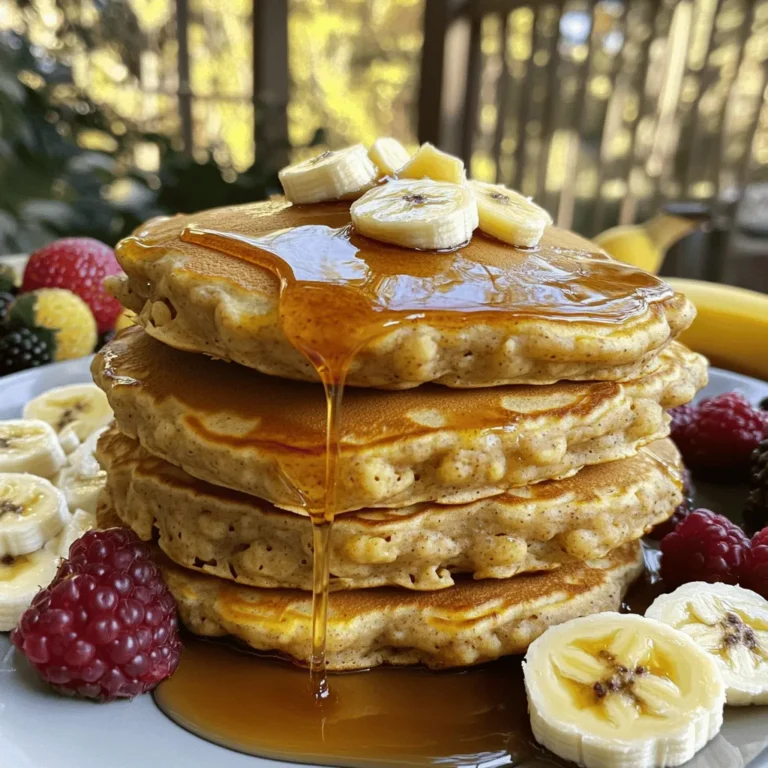 For my Banana Oatmeal Pancakes, I use simple, wholesome ingredients. Here’s the list: - Rolled Oats - Ripe Banana - Milk - Eggs - Baking Powder - Vanilla Extract - Cinnamon - Salt - Maple Syrup (optional) - Coconut Oil or Butter These ingredients create a tasty and healthy pancake. Rolled oats give the pancakes a nice texture. The ripe banana adds natural sweetness and flavor. You can use any milk you like, whether it’s dairy or plant-based. Eggs help bind everything together and give the pancakes their fluffy lift. Baking powder makes the pancakes rise, while vanilla extract gives a nice aroma. Cinnamon adds warmth and flavor, and a pinch of salt enhances all the tastes. If you want extra sweetness, you can stir in maple syrup. Lastly, coconut oil or butter works well for cooking. This simple list is all you need for delicious pancakes. For the full recipe, check out the instructions that follow. Enjoy cooking! Start by blending the rolled oats. Use a blender or food processor. Blend them until they feel like fine flour. This oat flour is the base for your pancakes. It gives them a nice texture. In a bowl, mash the ripe banana. Add the milk, eggs, and vanilla extract. If you want sweetness, pour in some maple syrup. Whisk this mixture until it's smooth and creamy. This will add flavor and moisture to your pancakes. Next, add the oat flour to the wet mixture. Sprinkle in the baking powder, cinnamon, and salt. Use a spatula to stir it all together. Make sure not to overmix! A few lumps are just fine. This helps keep the pancakes fluffy. Now, it’s time to cook. Heat a non-stick skillet over medium heat. Lightly grease it with coconut oil or butter. This will keep the pancakes from sticking and help them brown nicely. Pour about 1/4 cup of batter onto the skillet for each pancake. Let them cook for about 2-3 minutes. You’ll see bubbles forming on the surface. When the edges look set, it’s time to flip. Cook for another 2-3 minutes until golden brown. Once cooked, remove the pancakes from the skillet. Keep them warm while you repeat with the rest of the batter. Serve them hot with fresh fruit, maple syrup, or nuts. Enjoy your delicious Banana Oatmeal Pancakes! For the full recipe, check out the details above. To get fluffy pancakes, start with fresh ingredients. Blend the oats until fine for a smooth batter. Mix the wet ingredients well, but don't overmix. A few lumps are okay. Let the batter sit for a few minutes before cooking. This helps the oats absorb moisture and swell. Cook them on medium heat for a nice golden color. If the pancakes are too thick, add a bit more milk to loosen the batter. These pancakes shine with toppings. I love adding fresh fruit like berries or sliced bananas. A drizzle of maple syrup makes them sweeter. You can also sprinkle nuts for a crunchy bite. Try a dollop of yogurt or nut butter for creaminess. If you want a fun twist, add a sprinkle of chocolate chips or a dash of peanut butter. One mistake is using old oats, which can affect flavor. Don’t skip the baking powder; it adds lift. Avoid overmixing the batter, which makes the pancakes tough. If your skillet is too hot, the pancakes can burn. Always cook on medium heat for the best results. Lastly, resist the urge to flip them too soon; wait for bubbles to form on top. For the full recipe, check out the detailed steps above. {{image_2}} You can make these pancakes even more special by adding chocolate chips or nuts. Just fold in about 1/2 cup of your favorite chocolate chips or chopped nuts to the batter. I love walnuts or pecans for that crunchy bite! The chocolate adds sweetness, while the nuts add texture. These additions make breakfast more fun and delicious. If you want to change up the sweetness, you can try different sweeteners. Honey or agave syrup works great in place of maple syrup. For a lower-calorie option, consider using stevia or erythritol. Just remember to adjust the amount based on how sweet you like it. Each sweetener gives a unique taste to the pancakes. You can also play with flavors to keep things exciting. Adding a scoop of peanut butter to the wet mix gives a lovely nutty taste. If you prefer tropical vibes, try adding shredded coconut. You can also mix in spices like nutmeg for a warm flavor. Each variation brings its own twist, making breakfast new and exciting every time. For the full recipe, check the section above. To keep your banana oatmeal pancakes fresh, let them cool first. Place them in a single layer on a plate. Cover them with plastic wrap or a kitchen towel. Store them in the fridge for up to three days. This method helps keep them moist. If you want to save pancakes for later, freezing works well. Stack the cooled pancakes with parchment paper in between each one. Place the stack in a freezer bag or airtight container. They can last for up to three months in the freezer. To reheat, just pop them in the toaster or microwave. Heat until warm, about 30 seconds in the microwave. Choose containers that seal tightly to keep pancakes fresh. Glass containers or BPA-free plastic containers work best. Make sure they have a lid to avoid air exposure. For freezing, use freezer bags designed for low temperatures. This prevents freezer burn and keeps your pancakes tasty. For the full recipe, check out the earlier section. Yes, you can use quick oats. They will blend faster and create a smoother batter. Quick oats may make the pancakes slightly denser. If you prefer a lighter texture, stick with rolled oats. They can be gluten-free if you use certified gluten-free oats. Regular oats may cross-contaminate with gluten. Always check the label to ensure safety for those with gluten allergies. To make these pancakes vegan, replace the eggs with a flaxseed meal or unsweetened applesauce. Use plant-based milk, like almond or oat milk. This keeps the pancakes rich and tasty. Many toppings go well with these pancakes. Try fresh fruit like berries or sliced bananas. A drizzle of maple syrup or honey adds sweetness. Nuts or seeds can give some crunch too. To make fluffier pancakes, separate the egg whites and whip them until they form peaks. Fold them gently into the batter just before cooking. This adds air and lightens the texture. In this blog post, we explored how to make delicious banana oatmeal pancakes. We covered the key ingredients like rolled oats, bananas, and milk. I shared easy steps to blend, mix, and cook your pancakes. You learned tips for perfect texture and variations to try. I also provided storage tips and answered common questions. Now, you can enjoy tasty pancakes with ease. Keep experimenting with flavors and enjoy every bite. Happy cooking!