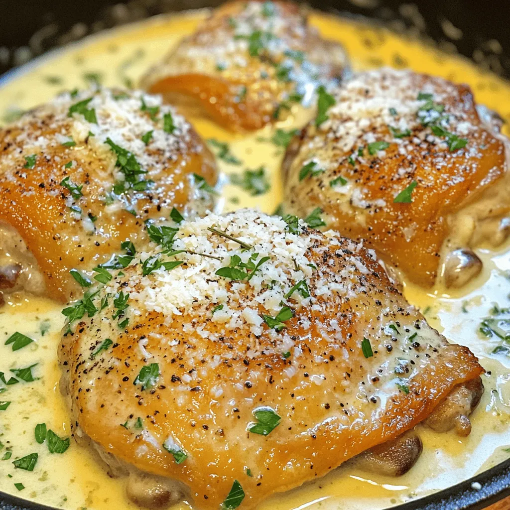 To make this dish, you need the following ingredients: - 4 boneless skinless chicken thighs - 2 tablespoons olive oil - 4 cloves garlic, minced - 1 cup heavy cream - 1 cup chicken broth - 1 teaspoon dried thyme - 1 teaspoon dried rosemary - ½ cup grated Parmesan cheese - Salt and pepper to taste - Fresh parsley, chopped (for garnish) The chicken thighs form the base of the dish. They stay juicy and tender. Olive oil helps brown the chicken and adds richness. Garlic brings a bold taste that shines through. Heavy cream adds a smooth, creamy texture. Chicken broth adds depth and moisture. Thyme and rosemary bring earthiness that elevates the dish. Parmesan cheese finishes it off with a salty kick. You can customize this dish with optional ingredients. Consider adding: - Lemon juice for brightness - Spinach for a pop of color and nutrition - Mushrooms for an earthy flavor - Red pepper flakes for a touch of heat Feel free to experiment to make it your own! For the full recipe and cooking instructions, check the Full Recipe. To start, gather all your ingredients. This makes the cooking process easy and fun. You need: - 4 boneless skinless chicken thighs - 2 tablespoons olive oil - 4 cloves garlic, minced - 1 cup heavy cream - 1 cup chicken broth - 1 teaspoon dried thyme - 1 teaspoon dried rosemary - ½ cup grated Parmesan cheese - Salt and pepper to taste - Fresh parsley, chopped (for garnish) Next, season the chicken thighs. Sprinkle salt and pepper on both sides. This step adds flavor and helps the chicken taste great. Now, heat olive oil in a large skillet. Use medium-high heat. When the oil is hot, add the chicken thighs. Sear them for about 5-6 minutes on each side. Look for a nice golden color. This gives the chicken a nice crust. Once the chicken is cooked, remove it from the skillet and set it aside. In the same skillet, lower the heat to medium. Add the minced garlic and sauté for 1-2 minutes. The garlic should smell amazing but be careful not to burn it. Next, pour in the chicken broth. Use a wooden spoon to scrape the bottom of the skillet. This gets all the tasty bits mixed in. After that, add the heavy cream, dried thyme, and dried rosemary. Stir well and let this mixture simmer for 3-4 minutes until it thickens slightly. After that, mix in the grated Parmesan cheese. Stir until it melts and the sauce becomes creamy. Then, return the chicken thighs to the skillet. Coat them well with the creamy sauce. Let everything simmer together for another 2-3 minutes to heat through. Before serving, taste the sauce. Adjust the seasoning with salt and pepper if needed. When it's ready, serve the creamy garlic chicken hot. Garnish it with freshly chopped parsley for color and freshness. This simple touch makes the dish look great. Enjoy your creamy garlic chicken skillet as a cozy weeknight meal. For the full recipe, check out the details provided earlier. To make the sauce rich and creamy, use heavy cream. This gives your dish a smooth texture. Always heat the cream slowly. If it boils too fast, it can split. Add Parmesan cheese while the sauce simmers. This adds depth and flavor. Stir until it melts fully. For extra richness, a pat of butter at the end works wonders. One common mistake is overcooking the chicken. This can lead to dry meat. Use a meat thermometer to check doneness. The internal temperature should reach 165°F. Another mistake is burning the garlic. Keep an eye on it when you sauté. If it turns brown too fast, start over. Burnt garlic tastes bitter. Lastly, taste as you go. Adjust the seasoning for the best flavor. Cooking times vary with chicken cuts. Boneless thighs take about 5-6 minutes per side. If you use bone-in pieces, add 5-10 minutes more. For chicken breasts, reduce cooking time slightly. They cook faster than thighs. Always adjust based on the cut you choose for your creamy garlic chicken skillet. Follow the Full Recipe for exact timings and tips. {{image_2}} You can switch things up in your creamy garlic chicken skillet. Try using different herbs like basil or oregano for a fresh twist. You can also add a splash of white wine for a touch of acidity. If you prefer a spicy kick, toss in some red pepper flakes. Lemon zest adds brightness, while sun-dried tomatoes bring a sweet and tangy flavor. Chicken thighs shine in this dish, but feel free to swap in chicken breasts. Thin cuts will cook faster and stay juicy. You can also use turkey for a leaner choice. For a vegetarian option, try using mushrooms or tofu. Both soak up flavors well and provide a hearty bite. Pair your creamy garlic chicken with simple sides. Mashed potatoes or rice soak up the rich sauce nicely. Steamed broccoli or sautéed green beans add color and crunch to your plate. A fresh salad can brighten the meal. For a cozy touch, serve with warm bread to mop up the sauce. For the complete recipe, check out the Full Recipe section above! To keep your creamy garlic chicken skillet fresh, store leftovers in an airtight container. Wait until the dish cools down before sealing it. This helps to keep moisture in and prevents the chicken from drying out. Place the container in the fridge. It will stay good for up to three days. Make sure to label the container with the date. This way, you won’t forget about it! When reheating, you want to keep the chicken moist. The best way is to use the stove. Place the chicken in a skillet over low heat. Add a splash of chicken broth or cream to keep it from drying out. Stir often until it’s heated through. You can also use the microwave. Cover the dish with a microwave-safe lid or wrap to trap steam. Heat in short bursts of about 30 seconds. Stir between each burst for even heating. If you want to save your creamy garlic chicken for later, freezing is a great option. Let the dish cool completely. Then, portion it into freezer-safe bags or containers. Remove as much air as you can to avoid freezer burn. Label each bag with the date. You can freeze it for up to three months. When ready to eat, thaw it in the fridge overnight. Reheat gently as mentioned above, and enjoy your delicious meal anytime! For detailed steps, you can refer to the Full Recipe. To make Creamy Garlic Chicken Skillet gluten-free, swap the chicken broth with a gluten-free version. Many brands offer gluten-free chicken broth. Always check the label to ensure it's safe for you. Avoid adding any thickeners that contain gluten. The rest of the recipe uses naturally gluten-free ingredients, making it easy to adapt. This meal stays just as creamy and delicious without gluten. Yes, you can use other cheeses in this dish. Mozzarella adds a nice stretch and creaminess. Cheddar gives a sharp flavor that pairs well with garlic. For a tangy option, try goat cheese. Each cheese offers a unique taste, so choose based on what you have or like. Just remember to adjust the amount to fit your preference. Creamy Garlic Chicken Skillet pairs well with many sides. Serve it over rice or pasta for a hearty meal. A fresh salad with a light vinaigrette balances the rich sauce. Roasted vegetables add color and nutrition. Mashed potatoes also soak up the creamy sauce beautifully. Mix and match sides based on your cravings. Enjoy exploring different combinations! This blog post covered how to make a delicious Creamy Garlic Chicken Skillet. We looked at essential ingredients, easy steps, and tips for the best sauce. You can also find ways to customize the dish and store leftovers. Now, you can cook this meal anytime you want. Enjoy your cooking and create tasty meals!