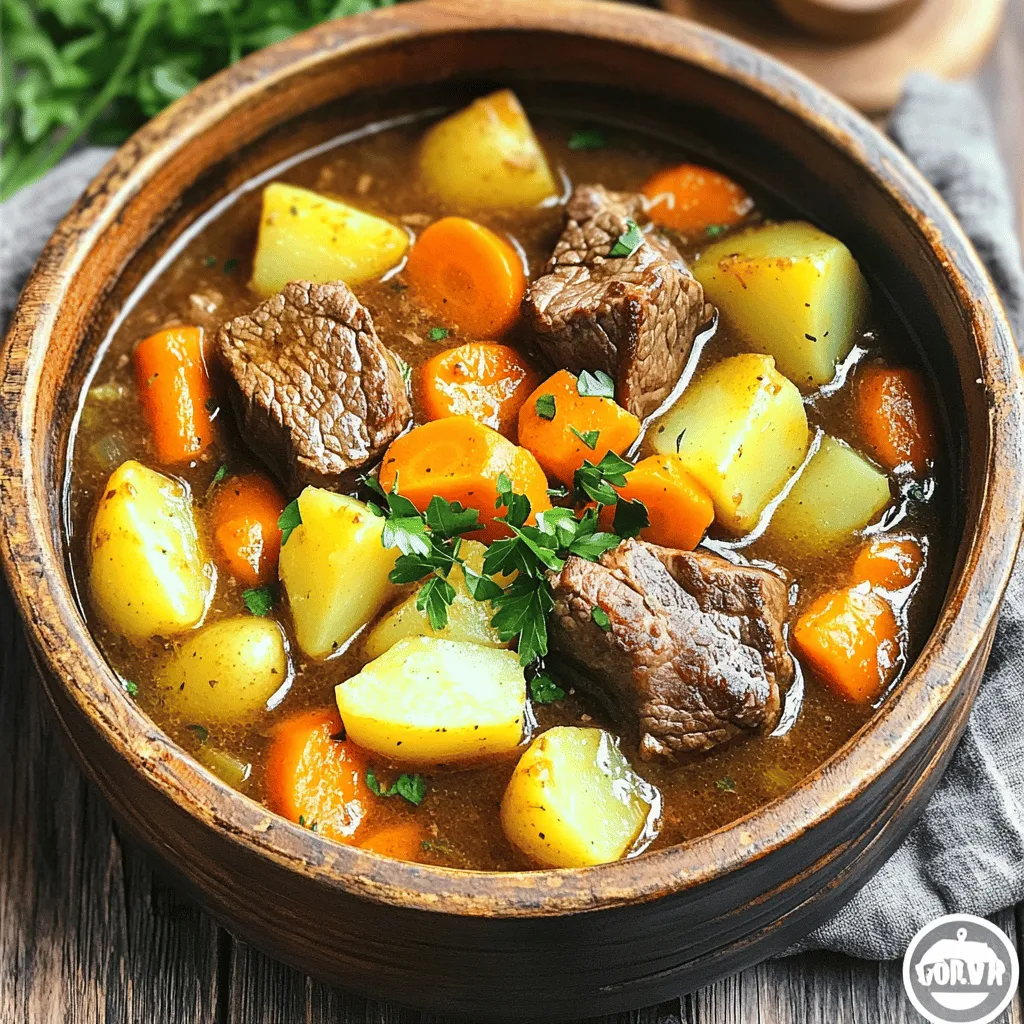For a hearty classic beef stew, you need: - 2 lbs beef chuck, cut into 1-inch cubes - 3 tablespoons olive oil - 1 large onion, diced - 3 cloves garlic, minced - 4 medium carrots, sliced - 4 medium potatoes, diced - 3 cups beef broth (low sodium) - 2 tablespoons tomato paste - 1 tablespoon Worcestershire sauce - 1 teaspoon dried thyme - 1 teaspoon dried rosemary - 2 bay leaves - Salt and pepper to taste These ingredients create a rich and filling dish. The beef chuck is a great choice for stew. It has good fat and flavor. The vegetables add texture and taste. The broth brings everything together, making it comforting and warm. To enhance your stew, consider these garnishes: - Fresh parsley, chopped - Crusty bread or biscuits Garnishing with parsley adds color and freshness. A sprinkle of it right before serving makes your stew look inviting. A slice of crusty bread or a warm biscuit on the side is perfect. It helps soak up the delicious broth. Presentation matters; it makes your meal more appetizing. Enjoying a well-presented dish can elevate your dining experience. For the full recipe, check out the detailed steps to make this delightful stew! Start by cutting the beef chuck into 1-inch cubes. This size helps the beef cook evenly. Heat 3 tablespoons of olive oil in a large pot over medium-high heat. Once the oil is hot, add the beef cubes in batches. Make sure to brown them on all sides. This step adds deep flavor. After browning, remove the beef and set it aside. In the same pot, add the diced onion and minced garlic. Sauté them for about 3-4 minutes. You want the onion to become soft and clear. This process builds the base for your stew. The smell of cooking onion and garlic is comforting. Next, stir in 2 tablespoons of tomato paste. Cook for another minute to blend the flavors. Then, return the browned beef to the pot. Add sliced carrots, diced potatoes, and 3 cups of beef broth. Also, include 1 tablespoon of Worcestershire sauce, 1 teaspoon of dried thyme, 1 teaspoon of dried rosemary, and 2 bay leaves. Stir everything well to combine. Bring the mixture to a boil. Once it boils, lower the heat to low. Cover the pot and let it simmer for about 1.5 to 2 hours. This slow cooking makes the beef tender. Stir occasionally and taste. Adjust seasoning with salt and pepper as needed. When it's done, remove the bay leaves. Serve your stew hot, garnished with fresh parsley for a nice touch. For the complete recipe, check the Full Recipe section. For a great beef stew, pick beef chuck. It has the right fat and flavor. Other good choices are brisket and round. These cuts become tender when cooked slowly. Always look for fresh beef with a nice red color. You can cook stew on the stovetop or in a slow cooker. The stovetop method is quick. It takes about two hours. You can see and stir it often. The slow cooker method takes longer, around eight hours. This method makes the beef super tender. Both ways give great flavor, but choose based on how much time you have. Herbs and spices make your stew shine. Use dried thyme and rosemary for a classic taste. Add bay leaves for depth. Fresh parsley at the end adds brightness. Be careful with salt; taste as you go. This way, you get the flavor just right. You can also try adding a splash of red wine. It adds richness and a nice touch. {{image_2}} You can swap out some veggies in your beef stew. Try mushrooms for a rich taste. Zucchini adds a nice texture. You can also use sweet potatoes for a sweeter flavor. Peas or green beans can give a pop of color. Adding your favorite seasonal veggies keeps things fresh and fun. Want a unique twist? You can use pork or chicken instead of beef. Lamb is another great choice for a gamey flavor. For a lighter stew, turkey works well too. Each meat brings a new taste and vibe to the dish. Don't be afraid to mix different meats for extra depth in flavor. You can change the stew's flavor by using spices from different cuisines. Add cumin and coriander for a Middle Eastern touch. For a French flair, toss in some herbs de Provence. Italian flavors can shine with basil and oregano. Play with spices to find what you like best. Each choice makes your classic beef stew truly yours. For the full recipe, check the details above. To keep your classic beef stew fresh, follow these steps. First, let it cool to room temperature. Then, transfer it to a clean, airtight container. You can store it in the fridge for up to three days. If you want to keep it longer, freeze it. Use a freezer-safe container or bag. Label it with the date to track freshness. When it's time to enjoy your stew again, reheat it gently. Pour it into a pot and warm it over low heat. Stir often to prevent sticking. You can also microwave it. Place it in a microwave-safe bowl, cover it loosely, and heat in short bursts. Stir between each burst for even heating. This helps keep the flavors rich and tasty. When stored properly, beef stew lasts well. In the fridge, it stays good for about three days. In the freezer, it can last up to three months. After three months, the taste may fade, but it will still be safe to eat. Always check for any off smells or changes in color before enjoying. The best beef for classic beef stew is beef chuck. This cut has good fat and marbling. It cooks well and becomes very tender. Other cuts you can try are brisket and round. They also work well for stews. Make sure to cut the beef into 1-inch cubes for even cooking. Yes, you can make classic beef stew in a slow cooker. Start by browning the beef in a pan. This step adds great flavor. After browning, place the beef in the slow cooker. Add the vegetables and seasonings from the recipe. Pour in the beef broth and stir. Set the slow cooker on low for 6-8 hours or high for 3-4 hours. This method results in a rich and tender stew. You can thicken your beef stew in a few ways. One easy way is to mix cornstarch with cold water. Stir this mixture into the stew. Let it cook for a few more minutes until thickened. Another method is to mash some of the potatoes in the stew. This also helps create a thicker texture. Classic beef stew pairs well with many sides. Here are some great options: - Crusty bread: Perfect for dipping. - Mashed potatoes: Adds creaminess. - Green salad: Fresh and light. - Rice: Absorbs the stew’s sauce. These sides enhance the meal and make it even more satisfying. If you want to explore more options, check out the Full Recipe for more tips! In this blog post, we covered crafting the perfect beef stew. We discussed key ingredients, preparation, and cooking methods. You learned about the best beef cuts and ways to enhance flavor. Variations showed how to mix it up with different meats and vegetables. Lastly, we outlined storage practices for leftovers and answered common questions. Enjoying a well-made stew brings warmth and satisfaction. With these tips, your stew will impress everyone at the table. Happy cooking!