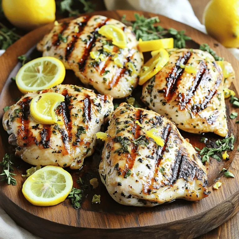To make Lemon Garlic Herb Grilled Chicken, you need fresh and simple ingredients. Here’s what you will need: - 4 boneless, skinless chicken breasts - 3 tablespoons olive oil - Juice and zest of 2 lemons - 4 cloves garlic, minced - 1 tablespoon fresh rosemary, finely chopped - 1 tablespoon fresh thyme, finely chopped - 1 tablespoon fresh parsley, finely chopped - Salt and pepper to taste These ingredients work together to create a bright and zesty flavor. The lemon adds a fresh taste, while the garlic gives depth. The herbs bring in an earthy note, making every bite enjoyable. I love using fresh herbs whenever possible. They truly elevate the dish. You can also adjust the herbs to your taste. If you like, try adding some oregano or basil for a twist. For best results, use high-quality olive oil. It binds the flavors and keeps the chicken moist. The lemon juice not only adds flavor but also helps tenderize the chicken. This recipe is perfect for summer grilling or any time you crave a light meal. For the full recipe, check the cooking steps that follow. You will be amazed at how easy it is to create this delicious dish at home! To start, you need to make the marinade. In a bowl, whisk together the olive oil, lemon juice, lemon zest, minced garlic, rosemary, thyme, parsley, salt, and pepper. This mix brings out bright flavors. It smells amazing! Next, take your chicken breasts and place them in a large resealable bag or a shallow dish. Pour the marinade over the chicken. Make sure each piece is well coated. Seal the bag or cover the dish. For the best flavor, let it marinate in the fridge for at least 30 minutes. If you have time, letting it sit for up to 2 hours works wonders. Now, it’s time to prepare the grill. Preheat it to medium-high heat. This is key for juicy chicken. A hot grill creates a nice sear and keeps moisture locked in. For a perfect grilling surface, clean the grates with a brush. This helps prevent sticking. You can also oil the grates lightly. Use a paper towel dipped in oil and tongs to rub it on. Remove the chicken from the marinade and let the excess drip off. Discard the leftover marinade. Place the chicken on the hot grill. Grill each breast for about 6-7 minutes per side. You want nice grill marks. To check for doneness, use a meat thermometer. The internal temperature should reach 165°F (75°C). This ensures your chicken is safe to eat and perfectly cooked. Once done, remove the chicken from the grill and let it rest for 5 minutes. This helps keep it juicy. You can find the full recipe to guide you through this delicious process. For the best flavor, marinate your chicken for at least 30 minutes. If time allows, go for two hours. This longer marination gives the chicken a chance to soak in all those tasty flavors. When you mix your marinade, balance the flavors. Use equal parts lemon juice and olive oil. The garlic adds a nice kick. Fresh herbs like rosemary, thyme, and parsley bring brightness. Adjust the herbs to your taste. If you love one herb more, use more of it. To avoid dry chicken, watch the cooking time closely. Grill the chicken for 6-7 minutes on each side. This helps keep it juicy. Also, make sure to preheat your grill. A hot grill creates nice grill marks and sears the chicken. For even cooking, place the chicken on the grill carefully. Keep space between each piece. This helps air flow around them. Use a meat thermometer to check for doneness. It should read 165°F (75°C) inside. For a beautiful presentation, serve on a large platter. Garnish with fresh lemon slices and extra chopped herbs. This makes the dish pop with color. Pair your chicken with sides that complement its flavors. Grilled vegetables or a fresh salad work great. You could also serve it with rice or a light pasta dish. For the full recipe, check out the detailed instructions above. {{image_2}} You can switch up the herbs for more fun. Try basil or oregano instead of rosemary. Each herb gives a new taste. Mix thyme with dill for a fresh twist. You can also add some heat with spices. A pinch of red pepper flakes can spice it up. For a smoky flavor, try smoked paprika. Experimenting with herbs makes this dish yours. If you want to try citrus flavors, use lime or orange juice. They add a sweet touch. For a tangy kick, you can use vinegar-based marinades. Apple cider vinegar or balsamic vinegar works well. These options change the taste while still keeping it tasty. Don’t be afraid to mix different acids for a unique flavor. You can cook this chicken in different ways. If you don’t have a grill, try the oven. Set it to 400°F (200°C) and bake for 20-25 minutes. Just make sure the chicken is cooked through. You can also pan-sear the chicken on the stove. Heat some oil in a pan and cook for about 6-7 minutes per side. Both methods give you juicy chicken. For a complete guide, check the Full Recipe. To keep your grilled chicken fresh, store it right. Place the chicken in an airtight container. Make sure it is cool before sealing it. You can keep it in the fridge for up to four days. If you want to save it longer, consider freezing. When reheating chicken, I suggest using the oven or stovetop. These methods help keep the chicken moist and tasty. Preheat your oven to 350°F (175°C). Place the chicken in a baking dish with a splash of water or broth. Cover it with foil to lock in moisture. Heat for about 15-20 minutes. If using a stovetop, warm it in a skillet over medium heat, adding a little oil or butter. This keeps the chicken juicy. To freeze grilled chicken, let it cool completely. Then, wrap each piece tightly in plastic wrap. After that, place the wrapped chicken in a freezer bag. This helps prevent freezer burn. When you want to use it, thaw it in the fridge overnight. You can then reheat it or add it to your favorite dishes. I suggest marinating the chicken for at least 30 minutes. This helps the flavors soak in. For a stronger taste, let it sit for up to 2 hours. Just keep it in the fridge while it marinates. Make sure each piece is well coated with the marinade. This step really makes a difference in taste. Yes, you can use bone-in chicken. Just adjust the cooking time. Bone-in chicken takes longer to cook. It usually needs about 10 to 15 extra minutes on the grill. Check that it reaches an internal temperature of 165°F. This ensures it's safe to eat while still juicy. You can pair this chicken with many sides. Fresh grilled vegetables work great. A simple salad with lemon vinaigrette is also nice. You might enjoy serving it with rice or quinoa for a hearty meal. Adding a side of garlic bread can make it even better. For the full recipe, check the earlier section! In this blog post, we explored how to make Lemon Garlic Herb Grilled Chicken. We covered the ingredients, marinating process, grilling tips, and variations you can try. Storing and reheating tips were also discussed. Cooking can be simple and fun. With fresh herbs and a bit of care, you can make a delicious meal. I hope you feel inspired to try this method. Enjoy your cooking!