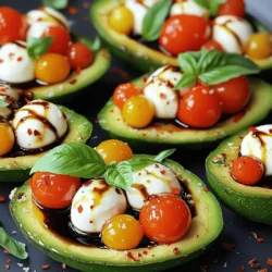 - Ripe Avocados: Choose avocados that are firm but yield slightly when pressed. This means they are ripe and ready to eat. If they are too hard, they need time to ripen. Place them in a brown paper bag to speed up this process. - Cherry Tomatoes and Mozzarella: Freshness is key. Look for bright, firm tomatoes. They should smell sweet and earthy. For mozzarella, use small balls, known as bocconcini, which are creamy and soft. They should feel fresh and moist. - Optional ingredients: You can add red pepper flakes if you like heat. Fresh herbs like oregano or thyme can also enhance flavor. For a twist, try adding diced cucumber or olives for crunch and taste. This simple mix of ingredients creates a delicious and fresh treat that is fun to make. For the full recipe, check out the details above. Start by cutting the avocados in half. Use a sharp knife and be careful. Place the avocado on a cutting board. Slice down to the pit, then turn the knife around the pit. Twist the halves apart to release the pit. Use a spoon to lift it out safely. To prevent browning, squeeze a little lemon juice on the cut sides. This keeps the avocados bright and fresh. You can also cover them with plastic wrap if you plan to wait a bit before serving. In a medium bowl, mix the halved cherry tomatoes, mozzarella balls, and chopped basil. This blend gives the dish color and flavor. Drizzle the olive oil over this mix. Add a pinch of salt and pepper to taste. Stir gently to combine. Be careful not to mash the tomatoes or mozzarella. You want to keep that nice texture. Spoon the tomato and mozzarella mix into each avocado half. Fill them to the top for a beautiful look. For extra flair, drizzle balsamic reduction over the stuffed avocados. This adds a sweet and tangy flavor. If you enjoy a little heat, sprinkle some red pepper flakes on top. This makes for a fun kick! Serving them right away keeps everything fresh and tasty. For the full recipe, check out Caprese Stuffed Avocados. To make the best Caprese stuffed avocados, you need ripe avocados. Look for avocados that feel slightly soft when you press them gently. A ripe avocado will have a dark green color. Avoid any that are too mushy or have dark spots. If you can't find ripe ones, buy hard avocados and let them sit at room temperature for a few days until they soften. These stuffed avocados are great as a snack or a light meal. Pair them with crusty bread or a fresh green salad. For a fun gathering, serve them on a large platter. You can also slice them into smaller pieces for easy sharing. A sprinkle of extra basil on top adds a nice touch. To boost flavors, consider adding fresh herbs like oregano or parsley. A squeeze of lemon juice can brighten the dish. If you like a bit of spice, try adding red pepper flakes. Balancing salt and pepper is key to making all the flavors pop. Enjoy experimenting to find your favorite mix! {{image_2}} You can switch up the cheese in Caprese stuffed avocados. Instead of mozzarella, try goat cheese for a tangy bite. Feta cheese adds a salty kick that pairs well too. If you want a vegan option, use cashew cheese or a tofu-based alternative. These swaps keep the dish fresh and exciting. If you want a heartier meal, add proteins. Grilled chicken pieces or shrimp make great additions. Just cook them first and mix them into the filling. For a vegetarian choice, consider chickpeas or diced tempeh. These options keep your meal filling and nutritious. Using seasonal produce makes the dish even better. In summer, add sweet corn or zucchini for crunch. In fall, roasted butternut squash or apples can bring warmth. Always look for what is fresh at your local market. This keeps your Caprese stuffed avocados tasty and bright. You can find the full recipe to explore these ideas in detail. To keep your Caprese stuffed avocados fresh, store them in an airtight container. Place a piece of plastic wrap directly on the exposed avocado flesh. This helps slow down browning. If you want to keep them for a longer time, you can separate the filling and the avocado halves. Store each part in its own container for best results. This way, you can enjoy them fresh later on. You don’t need to reheat these stuffed avocados. They taste best cold or at room temperature. If you have leftover filling, you can use it in salads or sandwiches. Just keep it in the fridge until you're ready to eat. Enjoying them cold preserves the fresh flavors and textures. Freezing stuffed avocados is tricky. I do not recommend freezing them whole. The texture of the avocado changes when frozen. If you want to save time, you can freeze the filling separately. Just store it in a freezer-safe container. When you are ready to use it, thaw the filling in the fridge overnight. Then, prepare fresh avocados to stuff. This method ensures the best taste and texture. Caprese Stuffed Avocados stay fresh for about one day in the fridge. To keep them tasty, store them in an airtight container. This helps slow down browning. It's best to enjoy them right after you make them. If you must keep them, add some lemon juice to the avocado flesh. This little trick can help keep the green color longer. You can prepare some parts ahead of time. Slice the avocados just before serving. You can mix the tomatoes, mozzarella, and basil a few hours before. Just keep that mixture in the fridge. This way, the flavors blend well. When you're ready to eat, fill the avocado halves and drizzle with balsamic reduction. Caprese Stuffed Avocados are great on their own, but you can pair them with many sides. Serve them with crusty bread for a nice crunch. A light salad with greens can complement the richness of the avocado. You might also enjoy them with grilled chicken or shrimp for a fuller meal. This adds protein and makes it a complete dish. Explore different options to find your favorite combo! Caprese stuffed avocados are a fresh and tasty dish. We started with choosing ripe avocados and fresh tomatoes and mozzarella. Then, I shared steps to safely prepare the avocados and make the filling. I also discussed tips for assembling the dish nicely and serving it to impress. In the end, remember, you can customize this dish with extra flavors or proteins. Enjoy experimenting with different ingredients to suit your taste. These stuffed avocados are perfect for any gathering or meal.